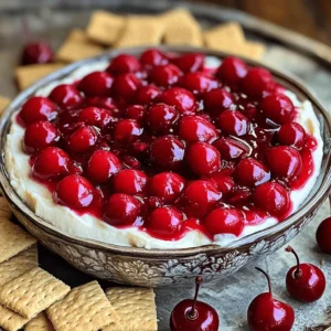 - 8 oz cream cheese - 1/2 cup powdered sugar - 1 teaspoon vanilla extract - 1 cup whipped cream - 1 cup cherry pie filling - Fresh cherries and graham crackers for serving The main ingredients create a rich and creamy dip. First, you need cream cheese. It gives the dip a smooth base. Use softened cream cheese for the best results. Next, add powdered sugar for sweetness. This sugar mixes well and adds flavor. Vanilla extract adds depth. It enhances the creamy taste and makes it more delicious. Whipped cream lightens the dip. It gives it a fluffy texture that melts in your mouth. For the fruity part, we use cherry pie filling. It adds a burst of flavor and color. Lastly, serve fresh cherries and graham crackers. These are perfect for dipping into the creamy goodness. You can enjoy them together for a sweet bite. - Chocolate shavings - Mint leaves - Additional crushed graham crackers Garnishes can make your dip even better. Chocolate shavings add a hint of richness. They also look great on top. Mint leaves give a fresh touch. They add a nice pop of color and flavor. You can sprinkle extra crushed graham crackers for crunch. This adds texture and makes every bite fun. Play around with these options to find your favorite way to enjoy this dip! 1. Beat cream cheese and powdered sugar Start by placing 8 oz of softened cream cheese in a bowl. Add 1/2 cup of powdered sugar and 1 teaspoon of vanilla extract. Use an electric mixer to beat the mixture until it becomes smooth and creamy. This step makes the base of your dip rich and flavorful. 2. Fold in whipped cream Next, take 1 cup of whipped cream and gently fold it into the cream cheese mixture. Use a spatula to combine them, ensuring you keep the mixture light and airy. This is key to getting that perfect fluffy texture. 3. Create the cherry topping Transfer the creamy mixture to a serving dish. Make a shallow well in the center. Pour 1 cup of cherry pie filling into this well. Let it cascade down the sides for a lovely look. This adds a pop of color and sweetness to your dip. - Presentation ideas for serving You can serve this dip in a fun bowl or a tart shell. Add some fresh cherries on top for a beautiful touch. A sprinkle of crushed graham crackers around the edge makes it inviting. - Best dippers for cheesecake dip Graham crackers are a classic choice. You can also use pretzels for a salty crunch or apple slices for a fresh taste. Fresh fruits like strawberries and bananas work well too. - How to store leftovers If you have any dip left, store it in an airtight container. It keeps well in the fridge for up to three days. Just give it a gentle stir before serving again. Softened cream cheese is key for a smooth dip. It blends easily with sugar and vanilla. If the cream cheese is cold, it will be lumpy. Take it out of the fridge first. Let it sit for about 30 minutes before mixing. Whipping cream adds lightness to your dip. It makes the dip airy and fluffy. Use a hand mixer or stand mixer to whip it. Beat until you see soft peaks. This will give your dip the best texture. Lumps can ruin your dip. To avoid lumps, mix the cream cheese and sugar well. Beat them until they are fully smooth before adding other ingredients. Overmixing can lead to a runny dip. Once you fold in the whipped cream, be gentle. Mix just until combined. This keeps the dip thick and creamy. {{image_2}} Chocolate Cherry Cheesecake Dip To make a chocolate cherry cheesecake dip, add cocoa powder or melted chocolate to the cream cheese mix. Start with 2 tablespoons of cocoa powder. Mix it in after the cream cheese and sugar are smooth. This twist gives a rich and chocolatey flavor. Top it with cherry pie filling for a fun contrast. No-Bake Cherry Cheesecake Dip The cherry cheesecake dip is already a no-bake treat! You can keep it simple by just mixing the cream cheese, sugar, and whipped cream. This dip is quick and easy. It tastes fresh and creamy without any baking. You can serve it right away or chill it for an even better flavor. Gluten-free options For a gluten-free version, use gluten-free graham crackers. These are often made from almond flour or rice flour. Check the label to ensure they fit your diet. You can also serve it with fresh fruit, like apples or strawberries, for a tasty dip option. Dairy-free substitutes To make this dip dairy-free, replace cream cheese with a dairy-free cream cheese. Look for brands made from nuts or soy. For whipped cream, use a coconut whipped topping. These swaps keep the dip creamy and delicious without any dairy. After enjoying your cherry cheesecake dip, you can store any leftovers. Place the dip in an airtight container. Make sure to seal it well. Store it in your fridge for up to three days. This keeps it fresh and safe to eat. If you want to keep it longer, freezing is an option. However, the texture may change. To freeze, use a freezer-safe container. Leave some space at the top for expansion. You can freeze the dip for up to two months. When ready to eat, thaw it in the fridge overnight. In the fridge, your cherry cheesecake dip lasts about three days. Always check for freshness before eating. If you notice any changes in color or smell, it’s best to throw it away. Signs of spoilage include a sour smell or mold. If the dip feels too watery, that’s also a sign. Remember, food safety is very important! Always store your dip properly for the best taste and safety. Yes, you can make Cherry Cheesecake Dip ahead of time. It stays fresh in the fridge. I recommend making it a few hours before serving. This dip tastes great when chilled. Just cover it tightly with plastic wrap. When you’re ready to serve, add the cherry pie filling on top. This keeps it from getting soggy. If you can’t find cherry pie filling, try these options: - Fresh Cherries: Chop up fresh cherries for a natural taste. - Other Fruit Fillings: Use blueberry or strawberry pie filling for a twist. - Homemade Option: Cook down fresh cherries with sugar and a bit of cornstarch. This makes a quick and tasty topping. To make the dip less sweet, here are some tips: - Reduce Powdered Sugar: Cut down the amount of powdered sugar. Try using 1/4 cup instead of 1/2 cup. - Add Cream Cheese: Increase the cream cheese. This will balance the sweetness. - Use Unsweetened Whipped Cream: Opt for plain whipped cream to lower the sugar level. Adjusting these ingredients can give you the flavor you want. We’ve covered how to make a delicious Cherry Cheesecake Dip. Ingredients like cream cheese and cherry pie filling make this treat easy. You can customize it with garnishes like chocolate shavings or mint. Remember, using softened cream cheese ensures a smooth texture. Avoid overmixing to prevent lumps. Store extras in the fridge for later enjoyment. Experiment with flavors or adaptations to fit your needs. This dip is fun for any gathering or snack. Enjoy every creamy bite!