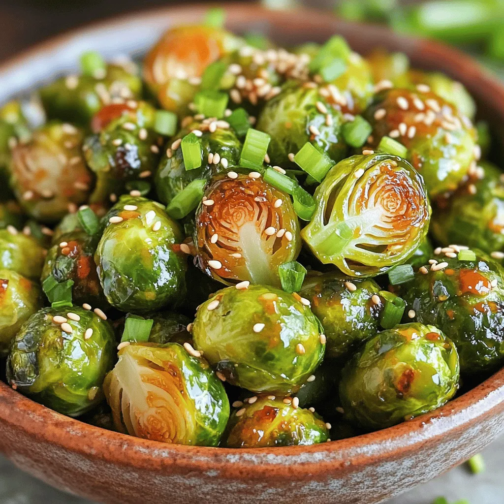 To make Honey Sriracha Brussels Sprouts, gather these simple ingredients: - 1 pound Brussels sprouts, trimmed and halved - 2 tablespoons olive oil - 3 tablespoons honey - 2 tablespoons Sriracha sauce - 1 tablespoon soy sauce - 2 cloves garlic, minced - Salt and pepper to taste - Sesame seeds for garnish - Chopped green onions for garnish These ingredients create a tasty and balanced dish. The Brussels sprouts provide a nutty flavor. Honey adds sweetness, while Sriracha gives a spicy kick. Garlic enhances the overall taste and aroma. Olive oil helps with roasting, making the sprouts tender and crispy. When you choose your Brussels sprouts, look for firm ones with bright green leaves. Avoid any with yellow or wilted leaves. This dish serves four and is perfect for sharing. Enjoy the burst of flavors that come together in this fun and easy recipe! First, set your oven to 400°F (200°C). This heat gets the oven ready to roast. A hot oven helps the Brussels sprouts turn golden brown. Take 1 pound of Brussels sprouts and trim off the ends. Cut each sprout in half. Place them in a large bowl. Add 2 tablespoons of olive oil, salt, and pepper. Toss everything together until the sprouts get a nice coat. Spread the Brussels sprouts on a baking sheet. Use parchment paper to line the sheet. Make sure they are in a single layer. Roast them in the preheated oven for 20-25 minutes. Flip them halfway through for even cooking. They should be tender and golden brown when done. While the sprouts roast, grab a small saucepan. Over medium heat, mix 3 tablespoons of honey, 2 tablespoons of Sriracha, 1 tablespoon of soy sauce, and 2 minced garlic cloves. Whisk these ingredients together. Heat for about 3-5 minutes until combined and warm. After roasting, move the Brussels sprouts to a bowl. Drizzle the honey Sriracha sauce over them. Toss gently to coat them evenly. Serve right away, topping with sesame seeds and chopped green onions for a pop of color and taste. Enjoy this tasty and simple dish! When picking Brussels sprouts, look for bright green ones. Choose sprouts that feel firm and heavy. Avoid any with yellow leaves or soft spots. Fresh sprouts should be tightly closed. This shows they are young and tender. To get the best roast, preheat your oven well to 400°F (200°C). This heat helps the sprouts brown nicely. Cut the sprouts in half for even cooking. Spread them out on a baking sheet. Leave space between each sprout to help them crisp up. Flip them halfway through roasting to get an even color. For extra flavor, try adding a splash of balsamic vinegar. You can also mix in some crunchy nuts, like almonds or walnuts. If you love spice, add more Sriracha or a pinch of chili flakes. Fresh herbs, like thyme or rosemary, can brighten the dish too. Don’t forget to garnish with sesame seeds and green onions for a nice touch! {{image_2}} To make Honey Sriracha Brussels Sprouts a full meal, add protein. You can toss in cooked chicken or shrimp. These options blend well with the sweet and spicy sauce. If you want a meaty bite, pork or tofu works too. Simply cook your chosen protein first, then add it to the roasted sprouts. This adds flavor and makes the dish heartier. If you love heat, try adding more spice. You can mix in some chili flakes or diced jalapeños. These will bring an extra kick. You can also use a hotter sauce instead of Sriracha. Try Thai chili paste or even a ghost pepper sauce for a real challenge. Just remember to taste as you go, so it does not overpower the dish. Honey is not vegan, but you can swap it out. Use agave nectar or maple syrup instead. Both add sweetness without animal products. For a richer flavor, try coconut aminos instead of soy sauce. This adds depth and is often lower in sodium. You can also use tempeh or chickpeas for protein. These options keep the dish filling and delicious while staying plant-based. Store your leftover Honey Sriracha Brussels sprouts in an airtight container. They stay fresh for up to 3 days. Make sure to cool them to room temperature before sealing. This helps prevent moisture buildup. To reheat, use the oven for the best results. Preheat your oven to 350°F (175°C). Spread the Brussels sprouts out on a baking sheet and warm them for about 10-15 minutes. This keeps them crispy. You can also use the microwave, but they may lose some crunch. For longer storage, you can freeze these Brussels sprouts. Place them in a single layer on a baking sheet first. Freeze for about 1-2 hours. Once frozen, transfer them to a freezer bag. They can last for up to 3 months. When you're ready to eat, thaw them overnight in the fridge before reheating. Yes, you can use frozen Brussels sprouts. However, fresh ones taste better. Frozen sprouts might be softer after cooking. If you use them, adjust the cooking time. Roast them for about 15-20 minutes instead. You can change the spice level easily. To make it milder, add less Sriracha. You can also mix in a bit of ketchup with honey. If you want more heat, add extra Sriracha or some chili flakes. Taste while mixing to find your perfect spice level. Serve these Brussels sprouts as a side dish. They pair well with grilled chicken or fish. You can also use them in a grain bowl. Top with quinoa and fresh veggies for a complete meal. Leftovers last about three to four days in the fridge. Store them in an airtight container. Reheat in the oven or microwave before serving to keep them tasty. You can prep the Brussels sprouts ahead of time. Clean and cut them, then store in the fridge. Make the honey Sriracha sauce in advance as well. Just combine everything and roast them when ready to eat. Brussels sprouts can be tasty and fun to make. We covered how to choose and prepare them. The honey Sriracha sauce gives a sweet and spicy kick. You can try different proteins and flavors to suit your taste. Store leftovers properly to keep them fresh. Remember, cooking should be enjoyable. Don’t hesitate to experiment with this dish. Make it your own and share with friends. Enjoy the process and the delicious results!