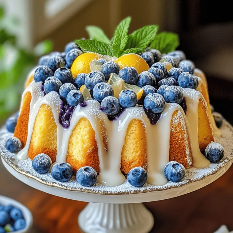 For a perfect Lemon Blueberry Yogurt Cake, you need: - 1 cup plain Greek yogurt - 1 cup granulated sugar - 3 large eggs - Zest of 1 lemon - 1/4 cup lemon juice (freshly squeezed) - 1/2 teaspoon vanilla extract - 1/2 cup vegetable oil - 1 1/2 cups all-purpose flour - 2 teaspoons baking powder - 1/2 teaspoon baking soda - 1/4 teaspoon salt - 1 cup fresh blueberries These items create a moist and flavorful cake. The yogurt adds creaminess. The blueberries give bursts of sweet flavor. You can add some extras for fun: - Powdered sugar for dusting - Extra blueberries for garnish These optional ingredients make the cake look fancy. A dusting of sugar adds a sweet touch. Choose fresh blueberries. Look for ones that are plump and firm. Check the yogurt too; go for plain Greek yogurt with no added sugar. Fresh lemons are best for zest and juice. They give your cake a bright flavor. Lastly, use high-quality vanilla extract. This enhances the cake's taste. Start by preheating your oven to 350°F (175°C). This step is key for a well-baked cake. Grease and flour a 9-inch round cake pan. You can also line it with parchment paper for easy removal later. In a large mixing bowl, add 1 cup of plain Greek yogurt, 1 cup of granulated sugar, and 3 large eggs. Whisk them together until smooth and creamy. Next, add the zest of 1 lemon, 1/4 cup of freshly squeezed lemon juice, and 1/2 teaspoon of vanilla extract. Mix until everything is combined. Slowly drizzle in 1/2 cup of vegetable oil while whisking. This helps create a smooth batter. Take a separate bowl and sift together 1 1/2 cups of all-purpose flour, 2 teaspoons of baking powder, 1/2 teaspoon of baking soda, and 1/4 teaspoon of salt. Sifting ensures these dry ingredients mix well and helps the cake rise properly. Now, gently add the dry mixture to the wet ingredients. Stir just until combined. Be careful not to over-mix, as this can make the cake tough. Next, fold in 1 cup of fresh blueberries. Make sure they are evenly distributed throughout the batter for great flavor in every bite. Pour the batter into your prepared cake pan. Smooth the top with a spatula for an even finish. Bake the cake for about 30-35 minutes. Check if it's done by inserting a toothpick into the center. If it comes out clean, your cake is ready. Let it cool in the pan for 10 minutes. Then, transfer it to a wire rack to cool completely. Optionally, dust the top with powdered sugar and add more blueberries for garnish. When making Lemon Blueberry Yogurt Cake, some mistakes can happen. First, don’t over-mix the batter. This can make the cake tough. Just mix until you see no flour. Second, use fresh blueberries. If they are frozen, they can weigh down the batter. Lastly, do not skip the lemon zest. It adds a bright flavor. To get the best cake texture, use room temperature ingredients. This helps the batter mix well. Sifting the dry ingredients is key, too. It makes the cake light and fluffy. When folding in blueberries, do it gently. This way, they stay whole and juicy. You can add more flavor to your cake. Try a bit of lemon extract for a stronger lemon taste. A dash of almond extract can add a nice twist. Another idea is to mix in some poppy seeds. They give a nice crunch and pair well with lemon. Adding herbs like basil or mint can also make it special. {{image_2}} If you have dietary needs, you can easily adjust this recipe. For a dairy-free option, swap Greek yogurt with coconut yogurt. Use almond milk or oat milk in place of regular milk if needed. For those who avoid eggs, try using flax eggs. Mix one tablespoon of ground flaxseed with three tablespoons of water. Let it sit for five minutes until it thickens. This cake is great for adding different flavors. You can use lime zest and juice instead of lemon for a zesty twist. Try using raspberries or strawberries in place of blueberries. Mix it up by adding spices like cinnamon or nutmeg for warmth. You can also fold in some chopped nuts for crunch. You can serve this cake in many fun ways. Top it with whipped cream for a sweet touch. A scoop of vanilla ice cream pairs nicely with the lemon flavor. For a fresh look, add some mint leaves as garnish. Dusting with powdered sugar gives it a nice finish. You might even drizzle a simple lemon glaze on top for extra sweetness. To keep your lemon blueberry yogurt cake fresh, let it cool completely. Once cool, wrap the cake in plastic wrap. This helps keep it moist. You can also place it in an airtight container. Store it at room temperature for up to three days. If you want to keep it longer, consider refrigerating it. In the fridge, the cake stays fresh for about a week. Freezing your cake is simple. First, wrap it tightly in plastic wrap. Then, place the wrapped cake in a freezer bag. Label the bag with the date. You can freeze the cake for up to three months. When you're ready to enjoy it, take it out of the freezer. Let it thaw in the fridge overnight. This keeps the cake moist and tasty. If you want to serve the cake warm, preheat your oven to 350°F (175°C). Place the cake on a baking sheet. Heat it for about 10-15 minutes. Check it often to avoid drying it out. You can also microwave a slice for about 10-15 seconds. This is a quick way to enjoy a warm piece without losing flavor. Yes, you can use frozen blueberries. They work well in this cake. Make sure to toss them in a little flour before adding them to your batter. This helps keep them from sinking. The cake is done when a toothpick comes out clean. Insert it into the center of the cake. If it has wet batter, give it more time. Typically, it takes about 30 to 35 minutes to bake. You can use regular yogurt or sour cream. Both give a good texture. You can also try buttermilk for a tangy flavor. Just remember to adjust the liquid in your recipe. Stored in an airtight container, the cake lasts about three days at room temperature. If you keep it in the fridge, it can last up to a week. Yes, you can make this cake gluten-free. Use a gluten-free flour blend. Make sure it has a good texture for baking. Adjust the baking time as needed. This blog post covered all you need to make a great cake. We discussed the essential and optional ingredients to create the base. I shared step-by-step instructions, from mixing flavors to baking. You learned tips on avoiding mistakes and perfecting texture. I also included fun variations to meet your needs. Finally, I provided storage techniques to keep your cake fresh. With these insights, you can bake with confidence and enjoy delicious results. Happy baking!