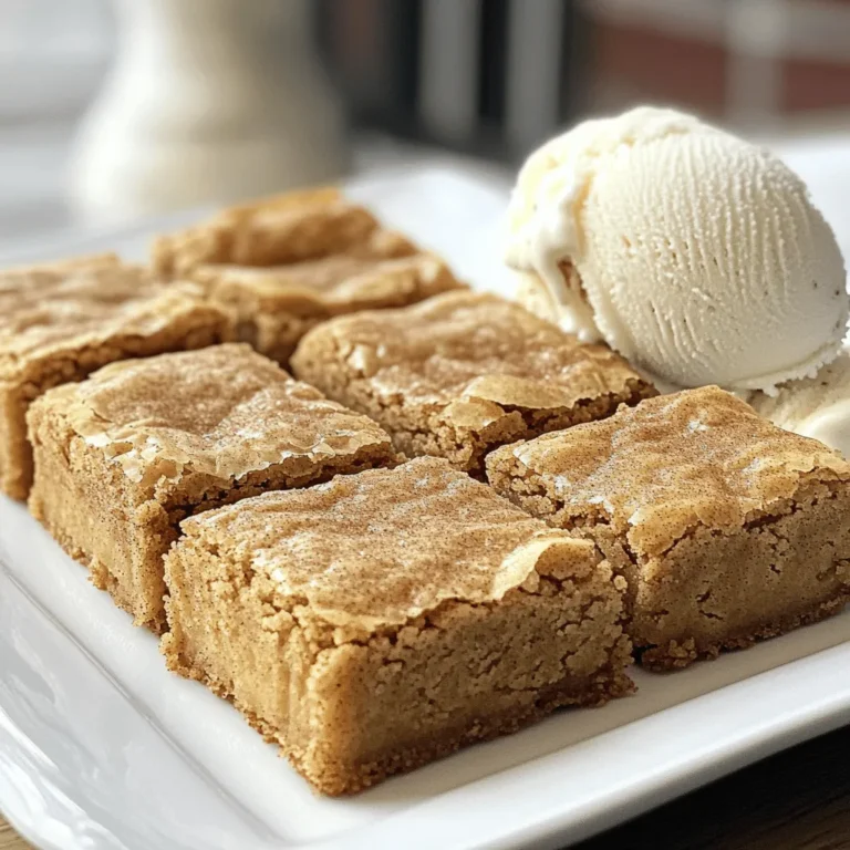 To make these delicious cinnamon snickerdoodle blondies, gather these key ingredients. Each one plays an important role in creating the perfect treat. - 1 cup unsalted butter, melted - 1 ½ cups brown sugar, packed - 2 large eggs - 1 teaspoon vanilla extract - 2 cups all-purpose flour - 1 teaspoon baking powder - 1 teaspoon ground cinnamon - ½ teaspoon salt - ¼ teaspoon baking soda For the cinnamon sugar topping, you will need: - 2 tablespoons granulated sugar - 1 teaspoon ground cinnamon These ingredients come together to create a rich, sweet, and cinnamon-spiced blondie. The melted butter adds a nice richness, while the brown sugar gives moisture and a hint of caramel flavor. Using eggs helps bind everything, making the blondies chewy. The flour and baking powder lift the blondies, keeping them light. Ground cinnamon is essential for that warm, cozy taste we love in snickerdoodles. Salt and baking soda balance the sweetness, making every bite delightful. Don't forget the cinnamon sugar topping! It adds a sweet crunch that elevates the overall flavor. With these ingredients, you are on your way to creating a treat that everyone will enjoy! 1. Preheating the oven: Start by preheating your oven to 350°F (175°C). This step helps the blondies bake evenly. 2. Mixing wet ingredients: In a large bowl, mix 1 cup of melted unsalted butter and 1 ½ cups of packed brown sugar. Whisk until it is smooth and creamy. Then, add 2 large eggs one at a time. Stir in 1 teaspoon of vanilla extract for extra flavor. 3. Combining dry ingredients: In another bowl, whisk together 2 cups of all-purpose flour, 1 teaspoon of baking powder, 1 teaspoon of ground cinnamon, ½ teaspoon of salt, and ¼ teaspoon of baking soda. This mix gives your blondies structure and taste. 4. Pouring and spreading the batter: Gradually add the dry mix to the wet mix. Stir until just combined. Pour the batter into a greased 9x13 inch baking dish and spread it evenly. 1. Adding the cinnamon sugar topping: In a small bowl, mix 2 tablespoons of granulated sugar with 1 teaspoon of ground cinnamon. Sprinkle this mixture evenly over the blondie batter for a sweet, spiced crust. 2. Baking time and temperature: Place the baking dish in your preheated oven. Bake for 20-25 minutes. The edges should turn golden brown. 3. Checking for doneness: Use a toothpick to check if the blondies are done. Insert it in the center. If it comes out clean or with a few moist crumbs, they are ready. 1. Cooling instructions: Once baked, take the blondies out of the oven. Let them cool in the pan for about 10 minutes. This helps them set up nicely. 2. Cutting and presenting the blondies: Transfer the blondies to a wire rack to cool completely. Once cooled, cut them into squares. Serve them on a stylish platter, and you can add a light sprinkle of cinnamon sugar on top for an extra touch. Pair them with vanilla ice cream for a special treat. - Ensuring even baking: To bake evenly, always preheat your oven to 350°F (175°C). Use the center rack for the best heat flow. Make sure the batter is spread evenly in the pan. - How to test for doneness: To check if your blondies are done, insert a toothpick in the center. If it comes out clean or with a few moist crumbs, they are ready. If it’s wet with batter, bake a few more minutes. - Troubleshooting common issues: If your blondies are too dry, next time try not to overmix the batter. Overmixing can make them tough. If they spread too much, ensure your butter is not too hot when mixing in the sugar. - Creative serving ideas: For a fun touch, cut the blondies into fun shapes. Dust them lightly with cinnamon sugar before serving. Arrange them on a colorful platter for a festive look. - Pairing suggestions: These blondies are tasty with a scoop of vanilla ice cream. The cold ice cream pairs well with the warm, soft texture of the blondies. You can also serve them with whipped cream for extra joy. {{image_2}} You can easily change the flavor of your Cinnamon Snickerdoodle Blondies. One great option is to add nuts or chocolate chips. Walnuts or pecans add a nice crunch. You can also try dark chocolate or white chocolate chips for a sweet twist. These add fun textures and flavors. You can also explore different spices. Try nutmeg or cardamom for a unique touch. A little ginger can add warmth too. Just remember to keep the cinnamon as the star of the show. If you need gluten-free options, replace the all-purpose flour with a gluten-free blend. Look for one that has xanthan gum for the best results. This way, you can still enjoy these blondies without the gluten. For vegan modifications, swap the eggs with flaxseed meal or applesauce. Use plant-based butter instead of regular butter. Also, choose a vegan vanilla extract. These swaps keep the blondies tasty and friendly for a vegan diet. To keep your cinnamon snickerdoodle blondies fresh, store them in an airtight container. This will help prevent them from drying out. You can keep them at room temperature for up to four days. If you want to keep them longer, the fridge is a good option. Just make sure to wrap them well to avoid any moisture loss. For the best storage, use a container that fits the size of your blondies. A glass or plastic container works well. If you stack them, separate layers with parchment paper. This keeps them from sticking together. If you want your blondies to last even longer, freezing is a great choice. To freeze, cut them into squares and place them in a single layer on a baking sheet. Freeze for about an hour. After that, transfer them to a freezer-safe bag or container. This helps keep them fresh and easy to grab later. When you want to enjoy them, take out the desired amount. Let them thaw in the fridge overnight or at room temperature for a couple of hours. You can also warm them in the microwave for a few seconds for a fresh-out-of-the-oven taste. How can I make my blondies chewier? To make your blondies chewier, use more brown sugar and less white sugar. Brown sugar adds moisture and a soft texture. You can also bake them for a shorter time. This keeps the center soft and chewy. Can I double the recipe? Yes, you can double the recipe! Just use a larger baking dish. A 12x18 inch pan works well. Keep an eye on the baking time, as it may change when you double the batch. What’s the difference between brownies and blondies? Brownies are chocolate-based, while blondies are vanilla-based. Blondies have a rich, buttery flavor. They often include brown sugar, which gives them a unique taste. Why did my blondies turn out dry? Dry blondies often come from overbaking. Make sure to check them a few minutes early. Another reason could be using too much flour. Make sure to measure accurately. How can I enhance the cinnamon flavor? To enhance the cinnamon flavor, add more ground cinnamon to the batter. You can also use cinnamon sticks in your sugar topping. This boosts the flavor and aroma. Can I add mix-ins to the batter? Yes, mix-ins are great! You can add chocolate chips, nuts, or even dried fruit. Just fold them in gently after mixing the batter. Be sure not to add too many, or it may affect the texture. In this article, we explored key ingredients for blondies, step-by-step instructions, and helpful tips. You learned how to bake, cool, and serve these treats. Variations can suit your taste, while storage tips ensure they stay fresh. Remember, baking is an art, and practice makes perfect. Feel free to experiment with flavors and textures. Enjoy your baking journey, and delight your friends and family with your delicious blondies!