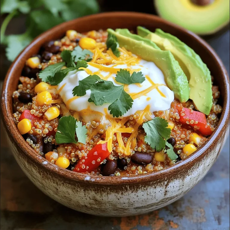 - 1 cup quinoa, rinsed - 1 can (15 oz) black beans, drained and rinsed - 1 can (15 oz) corn, drained - 1 can (10 oz) enchilada sauce (red or green) - 2 cups vegetable broth - 1 small onion, finely chopped - 1 red bell pepper, diced - 1 teaspoon ground cumin - 1 teaspoon chili powder - 1 teaspoon garlic powder - 1 cup cream cheese, cut into cubes - 1 cup shredded cheese (cheddar or Monterey Jack) - Fresh cilantro, for garnish - Avocado slices, for serving - Salt and pepper to taste Quinoa is the star of this dish. It cooks up fluffy and holds flavors well. Black beans and corn add protein and sweetness. The enchilada sauce gives a rich, spicy kick. Vegetable broth keeps it moist and full of taste. Onions and bell peppers add crunch and color. Seasonings like cumin and chili powder deepen the flavor. Cream cheese brings a smooth and creamy texture, making every bite delightful. - Shredded cheese options - Fresh cilantro - Avocado slices Garnishes make your dish look and taste even better. You can use cheddar or Monterey Jack cheese for extra creaminess. Fresh cilantro adds a burst of brightness and flavor. Avocado slices are perfect for a cool, creamy touch. These toppings make the dish pop and give it a great finish. Start by adding the rinsed quinoa to the slow cooker. Next, mix in the black beans and corn. Pour in the enchilada sauce and vegetable broth. Then, add the chopped onion and diced red bell pepper. This creates a colorful base for our dish. Now it's time to season the mixture. Sprinkle ground cumin, chili powder, garlic powder, salt, and pepper over the top. Stir everything together well. This will ensure that every bite is full of flavor. Finally, place the cream cheese cubes on top. Do not stir yet; we want it to melt nicely during cooking. Set your slow cooker to low heat. Cover it and let it cook for about 4 to 6 hours. The time varies based on your slow cooker model. Check it after 4 hours to see if the quinoa is tender and all the flavors are combined. Cooking on low allows the flavors to meld beautifully. If you prefer a quicker option, you can set it on high for about 2 to 3 hours. Just keep an eye on it to avoid overcooking. Once the cooking time is up, remove the lid and stir in the shredded cheese. This will make the dish creamy and delicious. The cheese should melt quickly and blend into the mixture. Taste your dish at this point. If it needs more flavor, adjust the seasoning as you like. If the mixture seems too thick, add a splash of vegetable broth. This will help achieve the desired consistency. Serve hot, topped with fresh cilantro and avocado slices for a fresh finish. - Rinsing quinoa properly: Always rinse your quinoa before cooking. This step helps to remove saponins, which can make quinoa taste bitter. Place the quinoa in a fine mesh strainer and rinse under cold water for a few minutes. This simple step makes a big difference in flavor. - Cooking on low vs. high: Cooking on low for 4-6 hours gives you the best results. The quinoa absorbs the flavors slowly, making it creamy and rich. If you're short on time, you can cook it on high for about 2-3 hours, but watch closely to avoid overcooking. - Pairing with sides: This dish pairs well with a fresh salad or tortilla chips. The crunch of chips adds a fun texture. You can also serve it with a dollop of sour cream for extra creaminess. - Leftover ideas: Leftovers store well in the fridge for up to three days. You can reheat them for lunch or dinner. Try turning leftovers into a burrito by wrapping it in a tortilla. This makes for a quick meal. - Adding heat with jalapeños: For those who love spice, add chopped jalapeños to the mix. You can add them fresh or pickled. This will give your dish a nice kick. - Using different cheese varieties: Experiment with different cheeses for added flavor. Cheddar gives a sharp taste, while Monterey Jack adds creaminess. You can also try pepper jack for some extra heat. Mixing cheeses creates a more complex flavor profile. {{image_2}} You can make this dish vegan by swapping out a few key ingredients. Use a plant-based cream cheese instead of regular cream cheese. This keeps the dish creamy without dairy. Make sure to check the enchilada sauce too. Some brands are vegan, while others contain animal products. For a gluten-free version, ensure your enchilada sauce is gluten-free. Most brands offer this option. Quinoa is naturally gluten-free, so you’re already on the right track. Want to try different grains? You can use rice or farro instead of quinoa. Both grains will give you a hearty meal. If you choose rice, adjust the liquid amount. Rice needs more liquid than quinoa. Seasonal veggies are a great way to change things up. In summer, add zucchini or bell peppers. In winter, try carrots or butternut squash. These swaps will keep your dish fresh and exciting. Adding different spices can take your dish to the next level. Try smoked paprika for a deeper flavor. You can also use cayenne pepper if you want some heat. If you like meat, adding chicken or beef is easy. Cook and shred chicken before adding it to the slow cooker. For beef, use ground beef or cook a roast. Both will make the dish heartier and more filling. You can keep any leftover creamy enchilada quinoa in the fridge. Store it in an airtight container. This keeps the dish fresh for up to five days. If you want to save it longer, freezing is a great option. Divide the quinoa into smaller portions. Use freezer-safe bags or containers to store it. It can last for about three months in the freezer. When it's time to eat, reheating is simple. You can warm it in the microwave or on the stove. For the microwave, place the quinoa in a bowl. Heat it for one to two minutes, stirring halfway through. On the stove, use a pot over low heat. Add a splash of vegetable broth to keep it creamy. Stir until it's hot. For meal prep, use clear, stackable containers. Glass or BPA-free plastic containers work best. Make sure they have tight lids to keep air out. Label each container with the date to track freshness. This way, you'll always know what's inside and when to eat it. It takes about 4-6 hours to cook quinoa in a slow cooker on low. If you set it on high, it will take about 2-3 hours. Quinoa cooks well in slow cookers, soaking up all the flavors. Make sure to check it around the 4-hour mark. You want it fluffy and tender, not mushy. Yes, you can prepare this dish ahead of time. You can layer all the ingredients in the slow cooker the night before. Just store it in the fridge. In the morning, set the slow cooker and go about your day. This makes meal prep easy. You can also cook it and store leftovers for later meals. Yes, you can easily make this recipe spicy. Add diced jalapeños or your favorite hot sauce to the mix. You could also increase the chili powder for more heat. Just remember to taste as you go, so it doesn't get too hot. Spice adds a nice kick and makes it even more exciting! We explored how to make a delicious slow-cooked quinoa dish. I discussed the key ingredients like quinoa, black beans, and enchilada sauce. You learned step-by-step instructions to ensure perfect cooking. Tips on storage and variations help you get creative with flavors. This dish is easy, healthy, and full of flavor. Experiment with your ingredients and enjoy! Happy cooking!