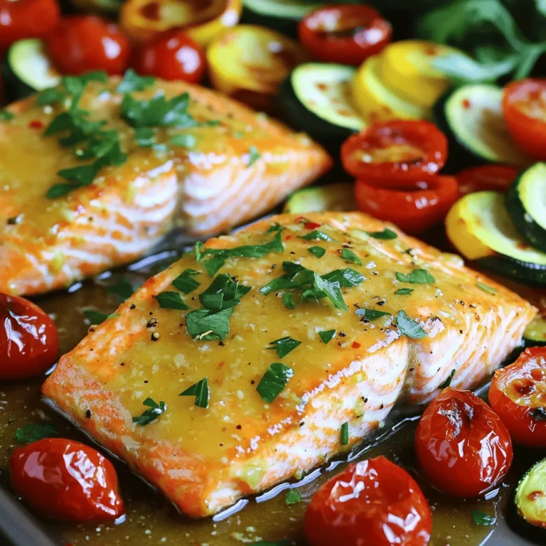 - 4 salmon fillets (6 oz each) - 2 tablespoons olive oil - 4 cloves garlic, minced - Zest of 1 lemon - Juice of 1 lemon - 1 teaspoon honey - 1 teaspoon dried oregano - Salt and pepper to taste - 1 cup cherry tomatoes, halved - 1 medium zucchini, sliced into half-moons - 1 red bell pepper, sliced - Fresh parsley for garnish To make this dish, I use fresh ingredients. The salmon is the star, and I love its rich flavor. Olive oil adds a nice touch, while garlic gives it a kick. Lemon zest and juice brighten the dish. Honey adds sweetness, and dried oregano brings earthiness. The colorful vegetables—cherry tomatoes, zucchini, and red bell pepper—make it vibrant and healthy. Fresh parsley gives it a pop of color and freshness. - If you don’t have salmon, try trout or chicken. - For veggies, feel free to swap in broccoli or asparagus. - You can use avocado oil instead of olive oil. Maple syrup is a great honey substitute. These swaps keep the dish tasty and fun. You can mix and match to fit what you have at home or your taste. - Additional herbs like thyme or basil can enhance the flavor. - You can use lime or orange instead of lemon for a twist. - Add red pepper flakes if you want some heat. These options let you play with flavors. They can make the dish your own. Feel free to get creative! 1. Preheating the oven Start by setting your oven to 400°F (200°C). This high heat cooks the salmon well and keeps the veggies crisp. 2. Mixing the marinade In a small bowl, combine: - 2 tablespoons olive oil - 4 cloves garlic, minced - Zest of 1 lemon - Juice of 1 lemon - 1 teaspoon honey - 1 teaspoon dried oregano - Salt and pepper to taste Stir until smooth. This mix brings bright flavors to the salmon. 3. Marinating the salmon Place the 4 salmon fillets on a parchment-lined sheet pan. Pour half of the marinade over the salmon. Make sure each fillet is fully coated. Let it sit for about 10 minutes. This step allows the flavors to soak in. 1. Placement of salmon and vegetables While the salmon marinates, add your veggies. Arrange 1 cup cherry tomatoes (halved), 1 medium zucchini (sliced into half-moons), and 1 red bell pepper (sliced) around the salmon on the sheet pan. This mix of colors makes your dish pop. 2. Drizzling marinade evenly Drizzle the remaining marinade over the vegetables. This adds flavor to every bite. 1. Baking time and temperature Place the sheet pan in the oven. Bake for 15-20 minutes. Keep an eye on it. The salmon should be flaky and the vegetables tender. 2. Signs of doneness The salmon is done when it flakes easily with a fork. The veggies should look bright and soft. This shows they are perfectly cooked. To get the best texture in your salmon, focus on fresh fillets. Look for bright color and firm flesh. Overcooking can make salmon dry, so check it at 15 minutes. The fish should flake easily when done. Marinating the salmon is key. Let it sit for at least 10 minutes. This time allows the flavors to soak in deep. You can marinate longer if you wish, but 10 minutes works well. The lemon and garlic work together to flavor the fish nicely. To ensure even cooking, cut your vegetables to similar sizes. This helps them cook at the same rate. For this recipe, cherry tomatoes, zucchini, and red bell pepper are great choices. They add color and taste. Always choose fresh vegetables. Look for firm zucchini and bright bell peppers. The tomatoes should be plump and juicy. If you want to swap vegetables, consider asparagus or broccoli. They both work well with the marinade. For side dishes, consider a light salad or grain. Quinoa or rice pairs nicely with salmon. A fresh green salad with lemon vinaigrette brightens the meal. When it comes to wine, a crisp white wine is best. A Sauvignon Blanc or Pinot Grigio complements the lemon flavor. These wines enhance the dish without overpowering it. Enjoy your meal with friends or family for a true treat! {{image_2}} You can change the taste of this dish by adding different herbs or spices. Try fresh dill or basil for a bright note. You can also use smoked paprika for a rich flavor. For a sweet twist, mix in a dash of maple syrup instead of honey. This adds a unique taste that pairs well with salmon. Combine sweet and savory by adding sliced peaches or mango to the pan. The fruit will caramelize and bring a lovely sweetness. You can swap out salmon for other seafood like cod or shrimp. Both options cook well and soak up the flavors nicely. If you want a vegetarian dish, try using firm tofu or tempeh. Marinate them just like the salmon for great taste. For veggies, feel free to mix in asparagus, broccoli, or carrots. They all add color and nutrition to the meal. Plating can make your dish stand out. Place salmon in the center and arrange the veggies around it. This creates a lovely, colorful presentation. You can also serve this dish as a meal prep option. Divide the salmon and veggies into containers for easy lunches. This meal keeps well in the fridge, making it perfect for busy days. To store leftovers, let the salmon cool first. Then, place it in an airtight container. Store it in the fridge for up to three days. For the best taste, eat the leftovers within one day. Use a glass or plastic container with a tight lid. This keeps the salmon fresh and flavorful. If you want to freeze salmon and vegetables, wrap them well. Use freezer-safe bags or containers. Remove as much air as you can to prevent freezer burn. Salmon can last for up to three months in the freezer. For thawing, place it in the fridge overnight. You can also use the microwave for quick thawing. Just be careful not to cook it. To reheat salmon, use the oven or stovetop. Set the oven to 300°F (150°C) and heat for about 10 minutes. This keeps the salmon moist. Avoid using the microwave if you can. It can make the salmon dry. If you must use it, heat in short bursts. Check often to prevent overcooking. Enjoy your flavorful meal again! Cooking salmon on a sheet pan usually takes 15 to 20 minutes. This time may change based on the thickness of the fillets. Salmon fillets that are thicker will need more time. Always check for doneness; the fish should flake easily with a fork. Yes, you can use frozen salmon. Just remember to thaw it first. Thaw it overnight in the fridge or use the microwave on the defrost setting. Make sure to pat it dry before marinating. This helps the marinade stick better. Lemon garlic salmon pairs well with many sides. Here are some popular options: - Garlic mashed potatoes - Steamed asparagus - Quinoa salad - Mixed greens with vinaigrette - Rice pilaf These sides balance the flavors of the dish and add texture. Yes, sheet pan cooking is often healthy. It uses less oil and keeps meals simple. You can load it with vegetables, which adds nutrients. Plus, it saves time and reduces clean-up. Cooking this way helps you enjoy fresh, wholesome meals with ease. This article showed you how to make delicious lemon garlic salmon with ease. We covered key ingredients and their substitutes, plus step-by-step cooking instructions. I shared tips to perfect both the salmon and vegetables. Variations allow for fun twists on flavors, while storage tips keep leftovers fresh. Remember, sheet pan meals are simple, healthy, and versatile. Now, you can enjoy a tasty dish with minimal cleanup. Embrace your kitchen skills and get cooking!