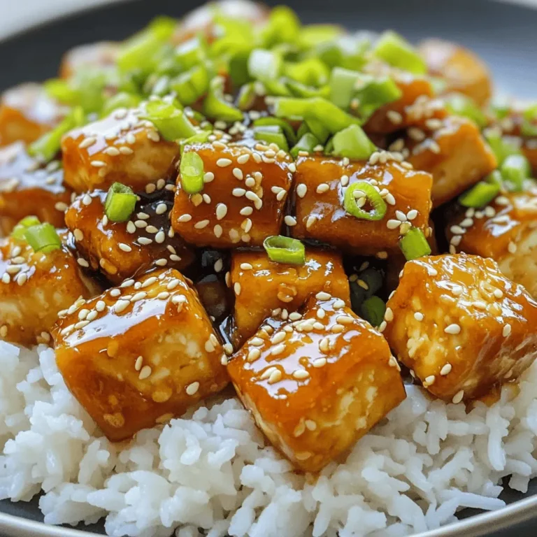 - 1 block (14 oz) firm tofu, pressed and cubed - 1/2 cup cornstarch - 1/4 cup vegetable oil (for frying) - 1/4 cup honey (or agave syrup for a vegan option) Crispy honey garlic tofu starts with firm tofu. This type holds its shape well. Pressing the tofu helps get rid of water. It makes the tofu crispier when cooking. Cornstarch coats the tofu and gives it a nice crunch. You need vegetable oil to fry the tofu until golden. - 3 cloves garlic, minced - 2 tablespoons soy sauce - 1 tablespoon rice vinegar - 1 tablespoon sesame oil - 1 teaspoon grated ginger - 1/4 teaspoon red pepper flakes (optional) Next, we add flavor. Minced garlic gives a strong taste. Soy sauce adds saltiness. Rice vinegar brings a bit of tang. Sesame oil adds richness and depth. Grated ginger gives a fresh, spicy note. If you like heat, add red pepper flakes. - Sesame seeds (for garnish) - Chopped green onions (for garnish) Lastly, we have garnishes. Sesame seeds add crunch and look nice on top. Chopped green onions add color and a mild onion flavor. Together, these make the dish pop! - Pressing the tofu: First, take a block of firm tofu. Wrap it in a clean kitchen towel. Place a heavy object on top, like a skillet. Leave it for at least 30 minutes to remove extra water. This step helps the tofu become crispy. - Cubing the tofu: After pressing, carefully unwrap the tofu. Cut it into 1-inch cubes. Make sure the pieces are even for cooking. - Tossing tofu in cornstarch: Place your cubed tofu in a shallow bowl. Add 1/2 cup of cornstarch. Toss the cubes gently until each piece is well-coated. This coating gives the tofu a crunchy texture. - Shaking off excess cornstarch: After coating, lift the tofu out. Gently shake each piece to remove any extra cornstarch. This prevents clumping while frying. - Heating the oil: In a large non-stick skillet, pour in 1/4 cup of vegetable oil. Heat it over medium-high heat. Wait until the oil is hot but not smoking. - Frying tofu cubes until golden: Carefully add the tofu cubes to the hot oil in a single layer. Fry for 3-4 minutes on each side. Look for a golden color to know they are crispy. Once done, remove the tofu and place it on a paper towel-lined plate. - Combining sauce ingredients in a saucepan: In a small saucepan, mix 1/4 cup honey, 3 minced garlic cloves, 2 tablespoons soy sauce, 1 tablespoon rice vinegar, 1 tablespoon sesame oil, 1 teaspoon grated ginger, and red pepper flakes if you want some heat. - Heating and thickening the sauce: Heat this mixture over medium heat. Stir it constantly until it bubbles. Cook for about 2-3 minutes until it thickens a bit. - Tossing tofu in sauce: Reduce the heat to low. Add the crispy tofu to the saucepan. Gently toss it in the honey garlic sauce until all pieces are coated. Cook for one more minute to blend the flavors. - Garnishing tips for presentation: Transfer the coated tofu to a serving dish. Sprinkle with sesame seeds and chopped green onions for a fresh look. Serve on a bed of steamed rice or quinoa for a complete meal. To get crispy tofu, pressing is key. Press the tofu for 30 minutes. This helps remove extra water. Less water means a crunchier texture. After pressing, cut the tofu into 1-inch cubes. Next, make sure your oil is hot. Heat the oil over medium-high heat. If the oil is too cool, the tofu won’t crisp up. You want a nice golden brown outside. Sweetness and heat should work together in this dish. If you want it sweeter, add more honey. If you like spice, add more red pepper flakes. Always taste as you go. You can swap honey with agave syrup for a vegan dish. You can also use tamari instead of soy sauce for a gluten-free option. Serve your crispy honey garlic tofu on rice or quinoa. This adds a nice base. You can drizzle extra sauce over the top for more flavor. For a fresh touch, add sesame seeds and chopped green onions. These garnishes add color and a nice crunch. Consider serving with a side of steamed veggies for balance. {{image_2}} You can easily make this dish vegan. Swap honey for agave syrup. Agave gives a similar sweetness. It keeps the sauce thick and tasty. This change makes it perfect for everyone. You can add vegetables to the dish. Broccoli, bell peppers, or snap peas work well. Just stir-fry them with the tofu. This adds color and nutrition. You can also try different sauces. Teriyaki or sweet chili sauce can change the taste. Mix and match to find your favorite! If you need a gluten-free option, use gluten-free soy sauce. It keeps the flavor without gluten. For coatings, try rice flour instead of cornstarch. It will still give you that crisp texture. This way, everyone can enjoy the dish! To keep your crispy honey garlic tofu fresh, store it in an airtight container. This helps prevent moisture and keeps the tofu crunchy. Make sure to let it cool before sealing. You can keep it in the fridge for up to three days. Tofu can lose its crunch when reheated. For best results, use the oven or an air fryer. Preheat your oven to 375°F (190°C). Place the tofu on a baking sheet and heat for about 10-15 minutes. Check to make sure it is hot and crispy. If using an air fryer, cook at the same temperature for about 8-10 minutes. You can freeze crispy tofu, but it may change its texture. To freeze, place the cooled tofu in a single layer on a baking sheet and freeze for a few hours. Once frozen, transfer to a freezer bag. To thaw, place it in the fridge overnight. Reheat in the oven or air fryer to regain some crispiness. The best tofu for this recipe is firm tofu. Firm tofu holds its shape well during cooking. It absorbs flavors nicely while getting crispy. You can also use extra-firm tofu if you prefer. Just remember to press it to remove extra water. Yes, you can easily make this dish spicy! Add red pepper flakes to the sauce. Start with a small amount, then taste it. You can also add sriracha or chili paste for extra heat. Adjust it to suit your spice level. You can store leftovers in an airtight container. They will last in the fridge for about 3 to 5 days. If you want to keep them longer, consider freezing them. Just remember, reheating may soften the tofu. Yes, you can prepare parts of this dish ahead of time. Press and cube the tofu the day before. You can also make the honey garlic sauce in advance. Store both in the fridge until you’re ready to cook. Crispy honey garlic tofu pairs well with many sides. Serve it on a bed of steamed rice or quinoa. You can also add a fresh salad or stir-fried veggies. For a nice touch, drizzle extra honey garlic sauce on top. Crispy honey garlic tofu is a tasty dish you can easily make at home. We covered key ingredients like firm tofu, cornstarch, and honey for flavor. I shared step-by-step instructions to achieve crispiness and a delicious sauce. Remember to press the tofu and balance the flavors for the best results. You can try variations using agave or adding veggies. Enjoy experimenting with this recipe, and don’t forget to share it with friends!
