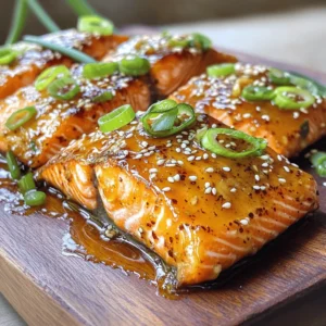 - 4 salmon fillets - 1/4 cup honey - 3 cloves garlic, minced - 2 tablespoons soy sauce (low sodium) - 1 tablespoon sesame oil - 1 tablespoon Dijon mustard - 1 teaspoon grated fresh ginger - Salt and pepper to taste - 1 tablespoon sesame seeds (for garnish) - 2 green onions, thinly sliced (for garnish) - Each serving has about 300 calories. - Macronutrient breakdown: 25g protein, 15g fat, and 15g carbs. - You can use maple syrup or agave instead of honey. - Try using fish sauce for a different taste. - Coconut aminos work well if you need a soy-free option. How to prepare the honey garlic mixture In a small bowl, whisk together these ingredients: - 1/4 cup honey - 3 cloves garlic, minced - 2 tablespoons low sodium soy sauce - 1 tablespoon sesame oil - 1 tablespoon Dijon mustard - 1 teaspoon grated fresh ginger Blend until smooth. This mixture brings a sweet and savory flavor to your salmon. Seasoning the salmon fillets Take your 4 salmon fillets and sprinkle salt and pepper on both sides. This simple step enhances the taste. Make sure each fillet is well-seasoned for the best flavor. Pan frying technique for salmon Heat a large non-stick skillet over medium-high heat. If needed, add a little oil to avoid sticking. Place the salmon fillets skin-side down in the hot skillet. Cook them for about 4-5 minutes until the skin becomes crispy. This step is key to getting that delicious texture. Importance of cooking time After the skin is crispy, carefully flip the fillets over to the flesh side. Pour the honey garlic mixture over the salmon. Cook for an additional 3-4 minutes. This will caramelize the glaze and cook the salmon through. Make sure not to overcook it; you want moist and tender fish. Ideal side dishes Serve your Honey Garlic Glazed Salmon with green veggies or rice. These sides balance the rich flavor. Try steamed broccoli, green beans, or jasmine rice for a perfect match. Plating tips for a restaurant-style serve For a nice presentation, place the salmon on a plate. Drizzle some extra glaze on top. Garnish with sesame seeds and thinly sliced green onions. This adds color and crunch, making it look appetizing and elegant. To get crispy skin on your salmon, start with a dry fillet. Pat it with paper towels. Season it well with salt and pepper. Heat your skillet until it's hot before adding the salmon. This helps the skin get nice and crispy. Cook it skin-side down for 4-5 minutes without moving it. Then, flip the fillet carefully to cook the other side. To ensure your salmon cooks perfectly, use a meat thermometer. The ideal internal temperature is 145°F. Check it at the thickest part of the fillet. If you don’t have a thermometer, look for the flesh to flake easily with a fork. You can enhance the glaze by adding spices like pepper flakes or smoked paprika. Fresh herbs like cilantro or parsley also add great taste. For extra flavor, marinate the salmon for 30 minutes in the glaze before cooking. This lets the flavors soak into the fish. A large non-stick skillet is best for cooking salmon. It helps prevent sticking and makes flipping easier. Use a fish spatula for flipping the fillets. It’s thin and wide, which makes it easy to slide under the fish. If you don’t have one, a regular spatula will work too. Just be gentle to avoid breaking the fillet. {{image_2}} You can choose between wild-caught and farm-raised salmon. Wild-caught salmon has a richer flavor and firmer texture. It also tends to be lower in fat. Farm-raised salmon is more common and often cheaper. It has a milder taste and softer texture. For a similar recipe, you can use trout or arctic char. Both fish have a nice taste and cook well with this glaze. You can change the flavor of your glaze to suit your taste. For a sweet and spicy kick, add red pepper flakes or sriracha. This gives your salmon a great warmth. You can also use citrus in your glaze. A splash of lemon or lime juice brightens the dish. This adds a fresh taste that complements the honey. There are many fun ways to serve your honey garlic glazed salmon. One idea is to use it as a salad topping. It adds protein and flavor to any greens. You can also make salmon tacos. Flake the salmon and serve it in corn tortillas with fresh veggies and avocado. This makes for a tasty and quick meal. To store cooked salmon, let it cool first. Place the salmon in an airtight container. You can use glass or plastic containers with tight lids. Make sure to cover the salmon well to keep it fresh. Store it in the fridge for up to three days. The best way to reheat salmon is in the oven. Preheat your oven to 275°F (135°C). Place the salmon on a baking sheet and cover it with foil. Heat for about 15 minutes. This helps keep the salmon moist. You can also use the microwave, but be careful. Heat it in short bursts to avoid drying it out. Leftover salmon can be used in salads, tacos, or pasta dishes. It adds great flavor and protein. Yes, you can freeze Honey Garlic Glazed Salmon. Wrap each fillet tightly in plastic wrap. Then place them in a freezer bag. Try to remove as much air as possible. This helps prevent freezer burn. You can freeze the salmon for up to three months. To thaw, move it to the fridge overnight. Avoid thawing at room temperature to keep it safe. How do I know when salmon is done? You can check if salmon is done by using a fork. Gently flake the thickest part. If it flakes easily and is opaque, it’s ready. The internal temperature should reach 145°F. Use a meat thermometer for accuracy. Can I use skinless salmon fillets? Yes, you can use skinless salmon fillets. They will cook the same way, but you may need to adjust the cooking time. Skin helps keep moisture in, so watch closely to avoid drying out the fish. Can I double the recipe? Absolutely! You can double the ingredients if you need more servings. Ensure your pan is large enough to hold the salmon fillets. Cook them in batches if needed. What can I serve with Honey Garlic Glazed Salmon? This salmon pairs well with many sides. Consider serving it with steamed vegetables, rice, or a fresh salad. You can also add a starch like mashed potatoes or quinoa for a filling meal. Can I bake the salmon instead of frying it? Yes, baking is a great option. Preheat your oven to 400°F and place the salmon on a lined baking sheet. Brush with the honey garlic glaze and bake for 12-15 minutes. Check for doneness as mentioned earlier. What’s the best way to grill this salmon? Grilling gives salmon a smoky flavor. Preheat your grill to medium-high heat. Oil the grill grates to prevent sticking. Place the salmon skin-side down and cook for about 5-6 minutes. Flip carefully and brush with the glaze for the last few minutes. This blog explored making Honey Garlic Glazed Salmon, covering ingredients and step-by-step cooking. We discussed tips for perfect texture and flavor, along with variations and storage advice. Remember, the right technique and ingredients transform your meal. Enjoy experimenting and make this dish your own. Happy cooking!