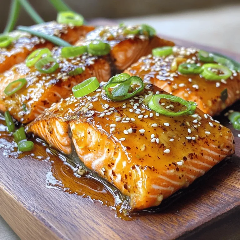 - 4 salmon fillets - 1/4 cup honey - 3 cloves garlic, minced - 2 tablespoons soy sauce (low sodium) - 1 tablespoon sesame oil - 1 tablespoon Dijon mustard - 1 teaspoon grated fresh ginger - Salt and pepper to taste - 1 tablespoon sesame seeds (for garnish) - 2 green onions, thinly sliced (for garnish) - Each serving has about 300 calories. - Macronutrient breakdown: 25g protein, 15g fat, and 15g carbs. - You can use maple syrup or agave instead of honey. - Try using fish sauce for a different taste. - Coconut aminos work well if you need a soy-free option. How to prepare the honey garlic mixture In a small bowl, whisk together these ingredients: - 1/4 cup honey - 3 cloves garlic, minced - 2 tablespoons low sodium soy sauce - 1 tablespoon sesame oil - 1 tablespoon Dijon mustard - 1 teaspoon grated fresh ginger Blend until smooth. This mixture brings a sweet and savory flavor to your salmon. Seasoning the salmon fillets Take your 4 salmon fillets and sprinkle salt and pepper on both sides. This simple step enhances the taste. Make sure each fillet is well-seasoned for the best flavor. Pan frying technique for salmon Heat a large non-stick skillet over medium-high heat. If needed, add a little oil to avoid sticking. Place the salmon fillets skin-side down in the hot skillet. Cook them for about 4-5 minutes until the skin becomes crispy. This step is key to getting that delicious texture. Importance of cooking time After the skin is crispy, carefully flip the fillets over to the flesh side. Pour the honey garlic mixture over the salmon. Cook for an additional 3-4 minutes. This will caramelize the glaze and cook the salmon through. Make sure not to overcook it; you want moist and tender fish. Ideal side dishes Serve your Honey Garlic Glazed Salmon with green veggies or rice. These sides balance the rich flavor. Try steamed broccoli, green beans, or jasmine rice for a perfect match. Plating tips for a restaurant-style serve For a nice presentation, place the salmon on a plate. Drizzle some extra glaze on top. Garnish with sesame seeds and thinly sliced green onions. This adds color and crunch, making it look appetizing and elegant. To get crispy skin on your salmon, start with a dry fillet. Pat it with paper towels. Season it well with salt and pepper. Heat your skillet until it's hot before adding the salmon. This helps the skin get nice and crispy. Cook it skin-side down for 4-5 minutes without moving it. Then, flip the fillet carefully to cook the other side. To ensure your salmon cooks perfectly, use a meat thermometer. The ideal internal temperature is 145°F. Check it at the thickest part of the fillet. If you don’t have a thermometer, look for the flesh to flake easily with a fork. You can enhance the glaze by adding spices like pepper flakes or smoked paprika. Fresh herbs like cilantro or parsley also add great taste. For extra flavor, marinate the salmon for 30 minutes in the glaze before cooking. This lets the flavors soak into the fish. A large non-stick skillet is best for cooking salmon. It helps prevent sticking and makes flipping easier. Use a fish spatula for flipping the fillets. It’s thin and wide, which makes it easy to slide under the fish. If you don’t have one, a regular spatula will work too. Just be gentle to avoid breaking the fillet. {{image_2}} You can choose between wild-caught and farm-raised salmon. Wild-caught salmon has a richer flavor and firmer texture. It also tends to be lower in fat. Farm-raised salmon is more common and often cheaper. It has a milder taste and softer texture. For a similar recipe, you can use trout or arctic char. Both fish have a nice taste and cook well with this glaze. You can change the flavor of your glaze to suit your taste. For a sweet and spicy kick, add red pepper flakes or sriracha. This gives your salmon a great warmth. You can also use citrus in your glaze. A splash of lemon or lime juice brightens the dish. This adds a fresh taste that complements the honey. There are many fun ways to serve your honey garlic glazed salmon. One idea is to use it as a salad topping. It adds protein and flavor to any greens. You can also make salmon tacos. Flake the salmon and serve it in corn tortillas with fresh veggies and avocado. This makes for a tasty and quick meal. To store cooked salmon, let it cool first. Place the salmon in an airtight container. You can use glass or plastic containers with tight lids. Make sure to cover the salmon well to keep it fresh. Store it in the fridge for up to three days. The best way to reheat salmon is in the oven. Preheat your oven to 275°F (135°C). Place the salmon on a baking sheet and cover it with foil. Heat for about 15 minutes. This helps keep the salmon moist. You can also use the microwave, but be careful. Heat it in short bursts to avoid drying it out. Leftover salmon can be used in salads, tacos, or pasta dishes. It adds great flavor and protein. Yes, you can freeze Honey Garlic Glazed Salmon. Wrap each fillet tightly in plastic wrap. Then place them in a freezer bag. Try to remove as much air as possible. This helps prevent freezer burn. You can freeze the salmon for up to three months. To thaw, move it to the fridge overnight. Avoid thawing at room temperature to keep it safe. How do I know when salmon is done? You can check if salmon is done by using a fork. Gently flake the thickest part. If it flakes easily and is opaque, it’s ready. The internal temperature should reach 145°F. Use a meat thermometer for accuracy. Can I use skinless salmon fillets? Yes, you can use skinless salmon fillets. They will cook the same way, but you may need to adjust the cooking time. Skin helps keep moisture in, so watch closely to avoid drying out the fish. Can I double the recipe? Absolutely! You can double the ingredients if you need more servings. Ensure your pan is large enough to hold the salmon fillets. Cook them in batches if needed. What can I serve with Honey Garlic Glazed Salmon? This salmon pairs well with many sides. Consider serving it with steamed vegetables, rice, or a fresh salad. You can also add a starch like mashed potatoes or quinoa for a filling meal. Can I bake the salmon instead of frying it? Yes, baking is a great option. Preheat your oven to 400°F and place the salmon on a lined baking sheet. Brush with the honey garlic glaze and bake for 12-15 minutes. Check for doneness as mentioned earlier. What’s the best way to grill this salmon? Grilling gives salmon a smoky flavor. Preheat your grill to medium-high heat. Oil the grill grates to prevent sticking. Place the salmon skin-side down and cook for about 5-6 minutes. Flip carefully and brush with the glaze for the last few minutes. This blog explored making Honey Garlic Glazed Salmon, covering ingredients and step-by-step cooking. We discussed tips for perfect texture and flavor, along with variations and storage advice. Remember, the right technique and ingredients transform your meal. Enjoy experimenting and make this dish your own. Happy cooking!