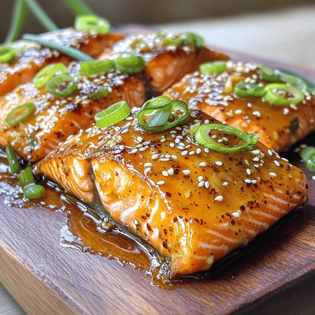 - 4 salmon fillets - 1/4 cup honey - 3 cloves garlic, minced - 2 tablespoons soy sauce (low sodium) - 1 tablespoon sesame oil - 1 tablespoon Dijon mustard - 1 teaspoon grated fresh ginger - Salt and pepper to taste - 1 tablespoon sesame seeds (for garnish) - 2 green onions, thinly sliced (for garnish) - Each serving has about 300 calories. - Macronutrient breakdown: 25g protein, 15g fat, and 15g carbs. - You can use maple syrup or agave instead of honey. - Try using fish sauce for a different taste. - Coconut aminos work well if you need a soy-free option. How to prepare the honey garlic mixture In a small bowl, whisk together these ingredients: - 1/4 cup honey - 3 cloves garlic, minced - 2 tablespoons low sodium soy sauce - 1 tablespoon sesame oil - 1 tablespoon Dijon mustard - 1 teaspoon grated fresh ginger Blend until smooth. This mixture brings a sweet and savory flavor to your salmon. Seasoning the salmon fillets Take your 4 salmon fillets and sprinkle salt and pepper on both sides. This simple step enhances the taste. Make sure each fillet is well-seasoned for the best flavor. Pan frying technique for salmon Heat a large non-stick skillet over medium-high heat. If needed, add a little oil to avoid sticking. Place the salmon fillets skin-side down in the hot skillet. Cook them for about 4-5 minutes until the skin becomes crispy. This step is key to getting that delicious texture. Importance of cooking time After the skin is crispy, carefully flip the fillets over to the flesh side. Pour the honey garlic mixture over the salmon. Cook for an additional 3-4 minutes. This will caramelize the glaze and cook the salmon through. Make sure not to overcook it; you want moist and tender fish. Ideal side dishes Serve your Honey Garlic Glazed Salmon with green veggies or rice. These sides balance the rich flavor. Try steamed broccoli, green beans, or jasmine rice for a perfect match. Plating tips for a restaurant-style serve For a nice presentation, place the salmon on a plate. Drizzle some extra glaze on top. Garnish with sesame seeds and thinly sliced green onions. This adds color and crunch, making it look appetizing and elegant. To get crispy skin on your salmon, start with a dry fillet. Pat it with paper towels. Season it well with salt and pepper. Heat your skillet until it's hot before adding the salmon. This helps the skin get nice and crispy. Cook it skin-side down for 4-5 minutes without moving it. Then, flip the fillet carefully to cook the other side. To ensure your salmon cooks perfectly, use a meat thermometer. The ideal internal temperature is 145°F. Check it at the thickest part of the fillet. If you don’t have a thermometer, look for the flesh to flake easily with a fork. You can enhance the glaze by adding spices like pepper flakes or smoked paprika. Fresh herbs like cilantro or parsley also add great taste. For extra flavor, marinate the salmon for 30 minutes in the glaze before cooking. This lets the flavors soak into the fish. A large non-stick skillet is best for cooking salmon. It helps prevent sticking and makes flipping easier. Use a fish spatula for flipping the fillets. It’s thin and wide, which makes it easy to slide under the fish. If you don’t have one, a regular spatula will work too. Just be gentle to avoid breaking the fillet. {{image_2}} You can choose between wild-caught and farm-raised salmon. Wild-caught salmon has a richer flavor and firmer texture. It also tends to be lower in fat. Farm-raised salmon is more common and often cheaper. It has a milder taste and softer texture. For a similar recipe, you can use trout or arctic char. Both fish have a nice taste and cook well with this glaze. You can change the flavor of your glaze to suit your taste. For a sweet and spicy kick, add red pepper flakes or sriracha. This gives your salmon a great warmth. You can also use citrus in your glaze. A splash of lemon or lime juice brightens the dish. This adds a fresh taste that complements the honey. There are many fun ways to serve your honey garlic glazed salmon. One idea is to use it as a salad topping. It adds protein and flavor to any greens. You can also make salmon tacos. Flake the salmon and serve it in corn tortillas with fresh veggies and avocado. This makes for a tasty and quick meal. To store cooked salmon, let it cool first. Place the salmon in an airtight container. You can use glass or plastic containers with tight lids. Make sure to cover the salmon well to keep it fresh. Store it in the fridge for up to three days. The best way to reheat salmon is in the oven. Preheat your oven to 275°F (135°C). Place the salmon on a baking sheet and cover it with foil. Heat for about 15 minutes. This helps keep the salmon moist. You can also use the microwave, but be careful. Heat it in short bursts to avoid drying it out. Leftover salmon can be used in salads, tacos, or pasta dishes. It adds great flavor and protein. Yes, you can freeze Honey Garlic Glazed Salmon. Wrap each fillet tightly in plastic wrap. Then place them in a freezer bag. Try to remove as much air as possible. This helps prevent freezer burn. You can freeze the salmon for up to three months. To thaw, move it to the fridge overnight. Avoid thawing at room temperature to keep it safe. How do I know when salmon is done? You can check if salmon is done by using a fork. Gently flake the thickest part. If it flakes easily and is opaque, it’s ready. The internal temperature should reach 145°F. Use a meat thermometer for accuracy. Can I use skinless salmon fillets? Yes, you can use skinless salmon fillets. They will cook the same way, but you may need to adjust the cooking time. Skin helps keep moisture in, so watch closely to avoid drying out the fish. Can I double the recipe? Absolutely! You can double the ingredients if you need more servings. Ensure your pan is large enough to hold the salmon fillets. Cook them in batches if needed. What can I serve with Honey Garlic Glazed Salmon? This salmon pairs well with many sides. Consider serving it with steamed vegetables, rice, or a fresh salad. You can also add a starch like mashed potatoes or quinoa for a filling meal. Can I bake the salmon instead of frying it? Yes, baking is a great option. Preheat your oven to 400°F and place the salmon on a lined baking sheet. Brush with the honey garlic glaze and bake for 12-15 minutes. Check for doneness as mentioned earlier. What’s the best way to grill this salmon? Grilling gives salmon a smoky flavor. Preheat your grill to medium-high heat. Oil the grill grates to prevent sticking. Place the salmon skin-side down and cook for about 5-6 minutes. Flip carefully and brush with the glaze for the last few minutes. This blog explored making Honey Garlic Glazed Salmon, covering ingredients and step-by-step cooking. We discussed tips for perfect texture and flavor, along with variations and storage advice. Remember, the right technique and ingredients transform your meal. Enjoy experimenting and make this dish your own. Happy cooking!