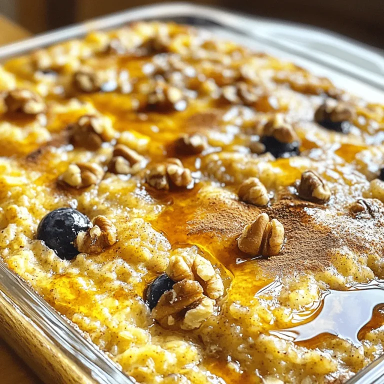 To make Maple Brown Sugar Baked Oatmeal, gather these essential items: - 2 cups rolled oats - 2 tablespoons brown sugar - 1 teaspoon baking powder - 1 teaspoon ground cinnamon - 1/2 teaspoon salt - 2 cups milk (dairy or non-dairy) - 1/4 cup pure maple syrup - 2 large eggs - 1 teaspoon vanilla extract These ingredients create a hearty base. They blend together to form a deliciously sweet and fluffy oatmeal. You can make this recipe your own by adding a few extras: - 1/2 cup chopped walnuts or pecans - 1/2 cup fresh or frozen berries (blueberries or raspberries) These add-ins bring extra flavor and texture. They also add a nutty crunch or fruity burst to each bite. Accurate measuring is key for great results. Here are some simple tips: - Use dry measuring cups for oats and sugar. - Level off ingredients with a straight edge. - For liquids, use a clear measuring cup with markings. - Always use large eggs for consistency. Using precise measurements helps your oatmeal bake evenly. It also ensures the right taste and texture. First, preheat your oven to 350°F (175°C). This is key for even baking. Next, lightly grease a 9x9-inch baking dish. In a large bowl, mix two cups of rolled oats, two tablespoons of brown sugar, one teaspoon of baking powder, one teaspoon of ground cinnamon, and half a teaspoon of salt. Stir until all the dry ingredients blend well. In another bowl, whisk together two cups of milk, a quarter cup of pure maple syrup, two large eggs, and one teaspoon of vanilla extract. Mix until smooth. Pour this mixture into the dry ingredients. If you like, fold in half a cup of chopped walnuts or pecans and half a cup of fresh or frozen berries. Spread the oatmeal mixture evenly in the prepared baking dish. Place the dish in your preheated oven. Bake for 30 to 35 minutes. The oatmeal should be set and have a light golden top. Keep an eye on it near the end. This ensures it doesn’t overcook. To ensure even cooking, make sure all ingredients are mixed well. Spread the mixture in a uniform layer in the baking dish. It helps to check for doneness by inserting a knife in the center. If it comes out clean, it’s ready. Let the baked oatmeal cool for about 10 minutes. This makes slicing easier and keeps it from falling apart. To get the best texture, use rolled oats. They create a chewy bite. Instant oats may turn mushy. For added flavor, toast your nuts before mixing them in. This makes them crunchy and rich. Use fresh spices for a stronger taste. Ground cinnamon adds warmth, while maple syrup gives sweetness. Try using different nuts or berries for new flavors. If you have leftovers, store them in an airtight container. This keeps them fresh. You can keep baked oatmeal in the fridge for up to five days. For longer storage, freeze it in individual portions. Just wrap each square tightly in plastic wrap. When you want to eat it, thaw overnight in the fridge. If your baked oatmeal is too dry, you may not have added enough liquid. Check your milk measurement. On the other hand, if it's too wet, bake it a little longer. If it sinks in the middle, it may need more baking time. Make sure to let it cool before slicing. This helps it hold its shape better. {{image_2}} You can easily change this recipe to fit your diet. For a dairy-free version, use almond, oat, or coconut milk instead of regular milk. If you need to avoid eggs, try using flaxseed meal. Just mix one tablespoon of flaxseed with three tablespoons of water. Let it sit for a few minutes until it thickens. If you're gluten-free, make sure to use certified gluten-free oats. These changes keep the dish tasty and still full of flavor. Mix-ins can add fun flavors and textures to your baked oatmeal. Here are a few ideas: - Chopped apples or pears for a fruity bite. - Chocolate chips for a sweet treat. - Shredded coconut for a tropical twist. - Chia seeds for extra nutrition. You can also experiment with spices like nutmeg or ginger. Each addition brings a new layer of taste. Serving your baked oatmeal can be fun and creative. Here are my favorite ways: - Warm from the oven, drizzled with extra maple syrup. - With a dollop of yogurt on top for creaminess. - Sprinkled with nuts or seeds for added crunch. - Topped with fresh fruit like banana or strawberries. These options make the dish feel special and can suit any meal of the day. To keep your baked oatmeal fresh, let it cool first. Then, cut it into squares. Place the squares in an airtight container. Store them in the fridge for up to five days. This way, you can enjoy them later. When you're ready to eat your oatmeal, take out a square. Place it on a plate and cover it with a damp paper towel. Heat it in the microwave for about 30-60 seconds. This keeps it moist and warm. You can also reheat it in the oven at 350°F for about 10 minutes. If you want to save some for later, freezing is a great option. Wrap each square tightly in plastic wrap. Then, place them in a freezer-safe bag. You can freeze them for up to three months. When you want to eat a piece, thaw it in the fridge overnight. Then, reheat it as mentioned above. Yes, you can! Prepare the oatmeal mixture a day before. Store it in the fridge overnight. The next day, bake it fresh. This saves time in the morning and keeps it tasty. You can use flaxseed meal or applesauce. For each egg, mix 1 tablespoon of flaxseed with 3 tablespoons of water. Let it sit for a few minutes. You can also use 1/4 cup of applesauce for each egg. Yes, just use gluten-free rolled oats. They work well in this recipe. Check the label to ensure they are certified gluten-free. This way, you can enjoy it without worry. Add more maple syrup or brown sugar to the mix. You could also use honey or agave syrup. Start with 1-2 extra tablespoons, then taste and adjust as needed for your perfect sweetness. Maple brown sugar baked oatmeal is simple and fun to make. We covered key ingredients, optional add-ins, and how to measure accurately. The step-by-step instructions guided you through preparation and baking. You learned tips for the best texture and storing leftovers. We explored variations to fit dietary needs and creative mix-ins. Finally, I answered common questions to help you succeed. Try this recipe and enjoy a warm, tasty start to your day!