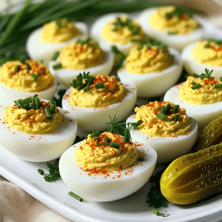 - 6 large eggs - 3 tablespoons mayonnaise - 1 tablespoon mustard (yellow or Dijon) - 2 tablespoons sweet pickle relish - 1 teaspoon apple cider vinegar - Salt and pepper to taste - Paprika for garnish - Fresh chives or parsley for garnish - Servings: 12 halves You can swap out some ingredients for dietary needs. Here are some ideas: - Use vegan mayo in place of regular mayo. - Try different mustard types, like spicy brown or honey mustard. - If you love heat, add a dash of hot sauce to the yolk mix. - For a low-sugar option, choose a sugar-free sweet relish. By making these swaps, you can cater to various tastes and dietary preferences. Enjoy experimenting! To boil the eggs, start by placing them in a saucepan. Cover the eggs with cold water. Make sure the water is about an inch above the eggs. Bring the water to a boil over medium-high heat. You want to see bubbles rising. Once the water boils, cover the saucepan and take it off the heat. Let the eggs sit in the hot water for 12 minutes. This ensures the yolks are cooked perfectly. After 12 minutes, move the eggs to a bowl filled with ice water. Let them cool for about 5 to 10 minutes. This cooling step makes peeling them much easier. Now it’s time to prepare the filling. Gently tap the cooled eggs on a hard surface. This helps crack the shell. Peel the eggs under running water for easy shell removal. Slice each egg in half lengthwise. Carefully remove the yolks and place them in a mixing bowl. Keep the whites on a serving platter. Add mayonnaise, mustard, sweet pickle relish, apple cider vinegar, salt, and pepper to the yolks. Mash these ingredients together until the mixture is smooth and creamy. This is the key to a great texture. For assembling, you can either spoon or pipe the yolk mixture back into the egg whites. Use a piping bag for neatness if you have one. Fill each egg white half generously. After that, sprinkle paprika over the filled eggs for added flavor and color. Finally, garnish with chopped fresh chives or parsley for a nice touch. This adds freshness and makes the dish look beautiful. Enjoy your classic deviled eggs with sweet relish! To boil eggs without cracking, start with cold water. Place the eggs in a pot and cover them with water. Use about an inch of water above the eggs. Heat on medium-high until boiling. Then, cover the pot and turn off the heat. Let the eggs sit for 12 minutes. This method helps cook them evenly and keeps them from cracking. Peeling eggs can be tricky. To make it easier, cool the eggs in ice water for 5-10 minutes after boiling. The cold water helps separate the shell from the egg. Tap each egg gently on a hard surface to crack it. Peel under running water if needed. This trick washes away tiny bits of shell and makes peeling much simpler. To serve deviled eggs nicely, use an elegant platter. Arrange the filled eggs in a neat row. For a pop of color, sprinkle paprika on top. You can also add fresh chives or parsley. Whole sweet pickles or herb sprigs make great decorations too. A beautiful presentation makes your deviled eggs even more inviting! {{image_2}} You can add unique flavors to your deviled eggs. For a smoky taste, try adding crispy bacon bits. This gives each bite a crunchy texture. If you want some heat, mix in sriracha or hot sauce. This adds a nice kick. Experiment with different spices too, like curry powder or dill. For vegan friends, use chickpea salad instead of eggs. Mash cooked chickpeas and mix with vegan mayo. This keeps the creamy texture without eggs. For gluten-free needs, double-check your mustard and relish labels. Most are gluten-free, but it’s good to be safe! Deviled eggs can fit any holiday. For Easter, dye the egg whites with food coloring for fun colors. For a Halloween treat, add black olive spiders on top. During Christmas, sprinkle red and green herbs for a festive look. Get creative and match your theme with colors and flavors! To keep your deviled eggs fresh, store them in an airtight container. Place a piece of plastic wrap over the eggs before sealing the lid. This helps prevent them from drying out. If you have leftover filling, you can store that in a separate container too. Just make sure to use it within a few days for the best taste. Deviled eggs can last in the fridge for about 3 to 5 days. Keep an eye on the smell and texture. If they look or smell off, it’s best to toss them. Always check the eggs before serving them again, especially if they have been stored for a while. I do not recommend freezing deviled eggs. Freezing changes the egg's texture, making it watery when thawed. The filling may also lose its creamy quality. It’s best to enjoy deviled eggs fresh or store them in the fridge for a short time. The best way to hard-boil eggs is simple. First, place the eggs in a saucepan. Cover them with cold water. Heat the water on medium-high until it boils. Once it boils, cover the pan and remove it from heat. Let the eggs sit for 12 minutes. This quick method helps keep the yolks bright and creamy. To cool the eggs, transfer them to a bowl of ice water. This step makes peeling much easier. After about 5-10 minutes, the eggs are cool and ready to peel. Cracking them gently on a hard surface helps. If needed, peel them under running water to remove stubborn bits of shell. Yes, you can use other types of relish! While sweet pickle relish is classic, feel free to try dill relish for a tangy kick. Some people enjoy using spicy relish, which can add an exciting flavor. Experimenting with different relishes can help you find your favorite taste. You might also want to try homemade relish for a fresh twist. Just remember, the flavor of the relish will change the overall taste of your deviled eggs. To make deviled eggs spicy, consider adding hot sauce, like sriracha or Tabasco. Start with a small amount and taste as you go. You can also mix in diced jalapeños for a crunchy heat. Another option is to use spicy mustard instead of regular mustard. You can even sprinkle cayenne pepper on top for an extra kick. Each of these options will give your deviled eggs a fun, spicy twist that your guests will love. This blog post covered how to make tasty deviled eggs. You learned about key ingredients and serving sizes. I shared step-by-step cooking instructions and helpful tips for perfecting your eggs. You can also explore creative variations to match your taste. Remember, proper storage helps keep leftovers fresh. Experiment and enjoy this classic dish your way!