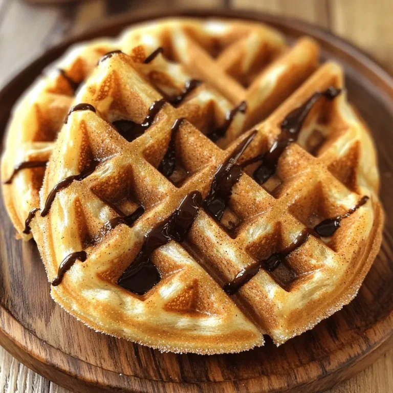 - 1 cup all-purpose flour - 1 tablespoon baking powder - 1/3 cup granulated sugar - 1/2 teaspoon salt - 1/2 teaspoon ground cinnamon - 1 large egg - 1 cup whole milk - 1/4 cup unsalted butter, melted - 1 teaspoon vanilla extract - 1/2 cup granulated sugar (for coating) - 1 tablespoon ground cinnamon (for coating) - Optional: Chocolate sauce for serving To make cinnamon sugar churro waffles, gather all your ingredients first. You want to have everything ready when you start mixing. The all-purpose flour serves as the base. Baking powder adds fluffiness. Granulated sugar sweetens your waffles. Salt brings out the flavors. Ground cinnamon gives that signature churro taste. You will need a large egg for richness. Whole milk keeps the batter smooth and creamy. Melted butter adds moisture and flavor. Vanilla extract enhances the taste. For coating, you mix more granulated sugar with ground cinnamon. This coating is what makes the waffles feel like churros. If you want a special touch, chocolate sauce makes a great addition. It adds extra sweetness and fun. Gather these ingredients to start your delicious journey into churro waffles! - In a bowl, mix 1 cup of flour, 1 tablespoon of baking powder, 1/3 cup of sugar, 1/2 teaspoon of salt, and 1/2 teaspoon of ground cinnamon. - In another bowl, beat 1 large egg. Add 1 cup of milk, 1/4 cup of melted butter, and 1 teaspoon of vanilla. Mix until smooth. - Pour the wet mix into the dry mix. Stir gently until just combined. A few lumps are okay. - Preheat your waffle iron according to the directions. Lightly grease it with cooking spray or melted butter. - Pour about 1/3 to 1/2 cup of batter onto the hot iron. Close the lid and cook until golden brown, about 3 to 5 minutes. - In a shallow dish, mix 1/2 cup of sugar with 1 tablespoon of ground cinnamon. - Carefully take the waffles out of the iron. While they are warm, dip or sprinkle both sides in the cinnamon-sugar mix. - Serve the churro waffles warm. Drizzle with chocolate sauce if you like. - Avoid overmixing the batter. Stir until just combined. Lumps are okay. - Adjust cooking time based on your waffle iron. Each one heats differently. - Pair the waffles with chocolate sauce or whipped cream. This adds a fun twist. - Serve warm for the best taste. The flavor shines when fresh out of the iron. - Don't skip preheating the iron. This step ensures a crispy waffle. - Always coat the waffles in cinnamon-sugar. This is what makes them churro-style! {{image_2}} You can easily change up the flavor of your churro waffles. Try adding chocolate chips or nuts for a crunchy twist. Chocolate chips melt and give a rich taste. Nuts add a nice texture. You can also play with different spices like nutmeg or allspice. These spices can add warmth and depth to the flavor. If you need a gluten-free option, swap out regular flour for a gluten-free blend. Many brands offer great substitutes. For those who avoid dairy, use almond milk instead of whole milk. Coconut oil can replace butter, giving a nice flavor. These changes keep the recipe tasty while meeting your dietary needs. Churro waffles make a great dessert. You can top them with a scoop of ice cream. The warm waffles mix well with cold ice cream. To make a fun breakfast, serve them with fresh fruits. Berries or bananas add sweetness and color to your plate. Get creative! To keep leftover waffles fresh, place them in an airtight container. Let the waffles cool down first. You can store them at room temperature for one day. For longer freshness, keep them in the fridge for up to three days. Just make sure the container seals well to prevent moisture. To freeze churro waffles, first, let them cool completely. Lay them flat in a single layer on a baking sheet. Freeze them for about one hour. After that, transfer the waffles to a freezer bag. Squeeze out any air before sealing. They will stay good for up to three months in the freezer. For the best texture, reheat the waffles in a toaster or an oven. If using a toaster, toast them on medium until warm. For the oven, preheat to 350°F (175°C) and heat them for about 10 minutes. This method keeps them crispy. Avoid the microwave, as it can make them soggy. To make Cinnamon Sugar Churro Waffles, start by mixing the dry ingredients. In a bowl, whisk together 1 cup of all-purpose flour, 1 tablespoon of baking powder, 1/3 cup of granulated sugar, 1/2 teaspoon of salt, and 1/2 teaspoon of ground cinnamon. Then, in another bowl, beat 1 large egg. Add 1 cup of whole milk, 1/4 cup of melted unsalted butter, and 1 teaspoon of vanilla extract. Mix them until smooth. Pour the wet mixture into the dry mix and stir gently. Next, preheat your waffle iron. Lightly grease it with cooking spray. Pour about 1/3 to 1/2 cup of batter onto the hot iron. Close the lid and cook for about 3 to 5 minutes until golden brown. While the waffles cook, combine 1/2 cup of sugar with 1 tablespoon of cinnamon in a shallow dish. After cooking, coat the waffles in the cinnamon-sugar mixture. Enjoy them warm, maybe with some chocolate sauce! Yes, you can use whole wheat flour instead of all-purpose flour. It will change the texture a bit. Whole wheat flour gives a nuttier flavor and more fiber. If you use it, you might want to add a little more liquid. Start with the same amount of milk, then add a splash if needed to get a smooth batter. To store leftover churro waffles, let them cool completely. Then, place them in an airtight container. You can keep them in the fridge for up to 3 days. For longer storage, you can freeze them. Wrap each waffle in plastic wrap and place them in a freezer bag. They will stay fresh for up to 2 months. To make churro waffles healthier, you can try a few swaps. Use whole wheat flour instead of all-purpose flour. You can reduce the sugar in the batter to make it less sweet. Instead of butter, you could use applesauce. Finally, skip the chocolate sauce or use a light drizzle to keep it fresh. Finding churro waffles nearby can be fun! Check local cafes or dessert shops. Many places serve unique waffle dishes. You can also search online for restaurants or food trucks in your area. Use apps like Yelp or Google Maps to find sweet treats near you. This blog post shared how to make delicious cinnamon sugar churro waffles. You learned about the ingredients, step-by-step instructions, and helpful tips. Remember to preheat your waffle iron and avoid overmixing your batter. Feel free to get creative with toppings and variations. If you have leftovers, store them properly for future enjoyment. Enjoy making these tasty treats and share them with friends or family. Cooking can be fun, and these waffles are sure to impress!
