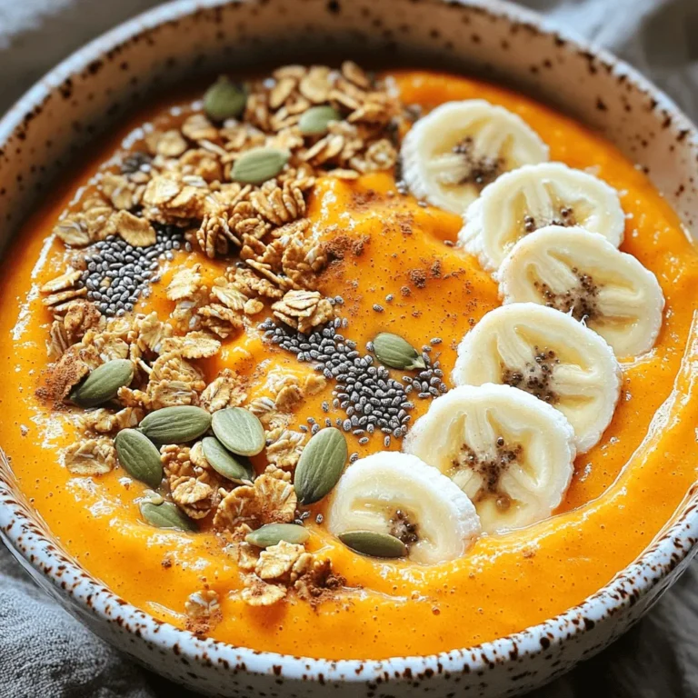 - 1 cup pumpkin puree - 1 banana (frozen) - 1 cup almond milk (or alternative) - 1 scoop vanilla protein powder - 1 teaspoon pumpkin pie spice - 1 tablespoon maple syrup (optional) - 2 tablespoons chia seeds - Suggested toppings: granola, sliced bananas, chopped nuts, pumpkin seeds, and a sprinkle of cinnamon For this pumpkin spice protein smoothie bowl, I love using pumpkin puree. It gives a rich flavor. You can use canned or fresh puree. The frozen banana adds a sweet taste and creamy texture. Almond milk works great, but feel free to pick your favorite milk. Adding a scoop of vanilla protein powder boosts nutrition. Pumpkin pie spice brings that cozy fall flavor. If you like things sweeter, maple syrup is a nice option, but it's not needed. Chia seeds add a fun crunch and extra fiber. When it comes to toppings, the sky is the limit! Granola adds a nice crunch. Sliced bananas add freshness. Chopped nuts and pumpkin seeds give extra nutrition. A sprinkle of cinnamon makes it look pretty and adds more flavor. Enjoy making this bowl your own! To start, gather your ingredients. You need pumpkin puree, frozen banana, almond milk, vanilla protein powder, pumpkin pie spice, and maple syrup if you want a bit of sweetness. 1. Combine ingredients in the blender: Place all these items into your blender. This step is key for a smooth texture. 2. Adjusting consistency with almond milk: Blend on high until it’s creamy. If the mix is too thick, add more almond milk. Do this until you reach your favorite consistency. Once your base is ready, it’s time to serve. 1. Pouring the blend into a bowl: Carefully pour the smoothie mix into a bowl. This is where the fun begins! 2. Adding chia seeds: Sprinkle chia seeds on top. They add a fun crunch and extra nutrition. Now for the best part—toppings! You can really get creative here. 1. Options for granola: Choose your favorite granola. It adds great texture and flavor. 2. Slicing and arranging bananas: Slice a fresh banana and arrange the pieces on top. This looks nice and tastes great! 3. Sprinkle of cinnamon details: Finish with a light sprinkle of cinnamon. This adds warmth and a lovely aroma. Now, dig in and enjoy your energizing pumpkin spice protein smoothie bowl! To blend your smoothie bowl well, start with a strong blender. Place the liquids in first. This helps the blades move smoothly. Then, add the pumpkin puree, frozen banana, and protein powder. Blend until creamy. If your smoothie is too thick, add more almond milk. Blend again until you reach the right texture. For extra flavor, try adding a pinch of nutmeg or ginger. You can also mix in cocoa powder for a chocolate twist. If your smoothie isn’t sweet enough, add a little more maple syrup. Taste as you go. Adjusting the sweetness can make a big difference. Get creative with your toppings! Use granola for crunch, and add sliced bananas for natural sweetness. Chopped nuts and pumpkin seeds give a nice texture. For a seasonal touch, sprinkle cinnamon on top. You can also add a few apple slices or pomegranate seeds for color. Enjoy making your smoothie bowl look as good as it tastes! {{image_2}} You can make this smoothie bowl dairy-free and vegan. Swap the almond milk for oat or coconut milk. Use plant-based protein powder for a vegan option. Many brands offer great flavors that blend well with pumpkin. Want to mix it up? Try adding different fruits. Berries like strawberries or blueberries add a nice twist. You can also add mango or peach for a sweeter taste. Customizing spices is easy too. You can swap pumpkin pie spice for cinnamon or nutmeg. This way, you can create a flavor that you love. Making smoothie packs is simple and saves time. Just portion out the pumpkin puree, banana, and protein powder. Freeze them in bags for quick use. You can store toppings separately. Keep granola, sliced bananas, and nuts in small containers. This way, you’ll have everything ready for your smoothie bowl. If you have leftovers, store the smoothie bowl in the fridge. Use an airtight container. It will stay fresh for up to two days. To reheat, pour it into a bowl and warm it gently in the microwave. Stir often to keep it smooth and creamy. For long-term storage, freeze the smoothie base. Pour it into a freezer-safe container or bag. It can last for up to three months. When ready to enjoy, thaw it in the fridge overnight. For best flavor, freeze ingredients separately, like the pumpkin puree and banana. Ingredients have a decent shelf life. Pumpkin puree lasts for years if unopened. Once opened, use it within a week. Frozen bananas retain their nutrients for up to six months. Chia seeds can last for years in a cool, dry place. Over time, the nutritional value may decrease slightly, but it remains a healthy choice. Yes, you can use fresh pumpkin. The main difference is in flavor and texture. Canned pumpkin is smooth and sweet. Fresh pumpkin has a more earthy taste and a chunkier texture. You will need to cook and puree fresh pumpkin, which takes more time. If you prefer a richer taste, fresh pumpkin is great. Just ensure you blend it well for a creamy finish. To make your smoothie bowl thicker, try a few simple tips. First, use less almond milk. You can also add more frozen bananas or pumpkin puree. Chia seeds help too, as they absorb liquid and expand. If you want extra thickness, consider adding oats. Just blend until smooth, and adjust to your liking. Yes, this smoothie bowl is great for meal prep. You can make the base ahead of time and store it in the fridge. Just blend and pour it into containers. Keep toppings separate until you are ready to eat. This way, your granola and fruit stay fresh and crunchy. Enjoy a tasty meal anytime! You learned how to make a delicious pumpkin smoothie bowl. We covered important ingredients, step-by-step instructions, and useful tips. You can customize flavors and toppings to make it your own. Proper storage helps keep your smoothie fresh. Remember, you can prepare it in advance for easy meals. Enjoy this quick, healthy treat that’s simple to make and good for you. Try different fruits or spices to find your favorite version. You’ll love how easy and tasty it is!