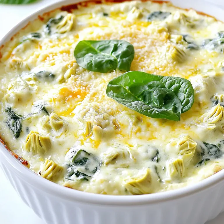 - 1 can (14 oz) artichoke hearts, drained and chopped - 2 cups fresh spinach, chopped (or 1 cup frozen spinach, thawed and drained) - 1 cup cream cheese, softened - 1/2 cup sour cream - 1/2 cup mayonnaise - 1 cup shredded mozzarella cheese - 1/2 cup grated Parmesan cheese - 2 cloves garlic, minced - 1 teaspoon onion powder - Salt and pepper to taste Artichoke hearts bring a nice tang and texture to the dip. You can find them canned at your local store. Fresh spinach adds a bright color and taste, but frozen spinach works too. Just remember to drain it well. Cream cheese gives the dip its creamy base, while sour cream and mayonnaise add richness. The cheese options, like mozzarella and Parmesan, provide a melty and savory flavor. - 1/2 teaspoon red pepper flakes (optional for heat) - Extra toppings like fresh herbs or sliced olives If you like a bit of spice, add red pepper flakes. They give a nice kick without being too hot. For toppings, consider fresh herbs like basil or parsley. You can also try sliced olives for a briny taste. - Salt and pepper - Additional herbs and spices Don’t skip the salt and pepper! They help to bring out all the flavors. You can also add herbs like thyme or oregano for an extra layer of taste. If you're feeling adventurous, try a dash of smoked paprika for a unique twist. 1. Start by mixing the cream cheese, sour cream, and mayonnaise in a medium bowl. Use a spatula or a whisk to blend until smooth. This mix is the creamy base of your dip. 2. Next, fold in the chopped artichoke hearts and the fresh spinach. If you're using frozen spinach, make sure it’s thawed and drained well. Add in mozzarella cheese, Parmesan cheese, minced garlic, and onion powder. Don’t forget to sprinkle in red pepper flakes for some heat, if you like. Season with salt and pepper to taste. 1. Once everything is mixed, transfer the dip mixture to your slow cooker. Spread it out evenly across the bottom. 2. Cover the slow cooker and set it to low heat. Cook for about 2 hours. Stir halfway through to ensure it cooks evenly. 1. After 2 hours, check the dip. It should be hot and bubbly. If it’s not soft enough, let it cook for an extra 30 minutes. 2. Once it’s done, give it a good stir. Taste the dip and adjust the seasoning if needed. You want it to be just right for serving. To get the best creaminess, use softened cream cheese. It mixes well with sour cream and mayonnaise. This mix is the base for a smooth dip. Stir well until it is fully blended. During cooking, stir the dip halfway through. This action helps heat it evenly. If you skip this step, some parts may cook faster than others. Pair your dip with tortilla chips, sliced baguette, or fresh veggies. These options add a nice crunch. You can also serve it in a bread bowl. Just hollow out a round loaf. This makes for a fun and tasty presentation. For an extra touch, sprinkle more Parmesan on top. A few fresh spinach leaves can brighten it up too. You can prepare this dip a day in advance. Just keep it in the fridge after mixing the ingredients. This lets the flavors blend nicely. When you're ready to serve, put it in the slow cooker. Reheat on low until it's warm and bubbly. If it gets too thick, add a splash of cream or milk to loosen it. {{image_2}} You can make this dip even better with more veggies. Try adding chopped bell peppers or mushrooms. These add great texture and flavor. You can also use sun-dried tomatoes for a touch of sweetness. If you want plant-based alternatives, use vegan cream cheese and mayonnaise. Nutritional yeast can replace cheese for a cheesy taste. Want more heat? Add spices like cayenne or chipotle powder. You might also try smoked paprika for a smoky twist. For a creamier dip, use a mix of cheeses. You can combine mozzarella, cheddar, or even gouda. Mixing cheeses gives depth to the flavor. To cut calories, use low-fat cream cheese and Greek yogurt instead of sour cream. This keeps your dip creamy while being lighter. For dipping, consider using sliced veggies like carrots and cucumbers. Whole-grain crackers are another healthy choice. They pair well with this rich dip. To keep your slow cooker spinach artichoke dip fresh, store it well. First, let the dip cool down to room temperature. Then, place it in an airtight container. This helps prevent it from drying out. Refrigerate the dip if you plan to eat it within a few days. You can keep it in the fridge for up to four days. If you want to store it longer, consider freezing it. Transfer the cooled dip into a freezer-safe container. Make sure to leave some space at the top for expansion. You can freeze the dip for up to three months. Just remember to label the container with the date. When it’s time to enjoy the dip again, reheating is important. The best method is to use the microwave. Place the dip in a microwave-safe bowl. Heat it in short bursts, stirring in between. This helps to warm it evenly without burning. You can also reheat it on the stove. Just add a bit of water or cream to keep it creamy. Warm it over low heat, stirring often. Avoid overheating, as this can change the texture and flavor. Your spinach artichoke dip lasts up to four days in the fridge. Always check for signs of spoilage. If you see mold, or if it smells off, it’s best to throw it away. When frozen, it keeps well for three months. After that, the quality may decline. If it looks discolored or has ice crystals, it’s time to toss it. Keeping an eye on your dip helps ensure every bite is delicious! Yes, you can use frozen spinach. It saves time and is easy to find. Just make sure to thaw and drain it well. This helps avoid a watery dip. Frozen spinach also has a long shelf life, making it a great option for quick meals. You have many tasty options for dippers! Here are some of the best choices: - Tortilla chips - Sliced baguette - Fresh veggies like carrots and celery - Crackers These choices add fun and flavor. Each brings a different crunch and taste to the dip. Yes, you can prepare this dip in advance. Here are some tips: - Mix all the ingredients and store them in the fridge for up to two days. - Cook the dip in your slow cooker just before serving. - For best results, reheat gently until hot and bubbly. This way, you can enjoy more time with your guests! This blog post covered the key ingredients for spinach artichoke dip, from the main ones like artichoke hearts and cheese to optional twists. You learned preparation steps, cooking hints, and ways to enhance flavor. I shared tips for serving and storing the dip, as well as answers to common questions. Try out these ideas to make your dip unique and enjoyable. Remember, cooking should be fun and simple!