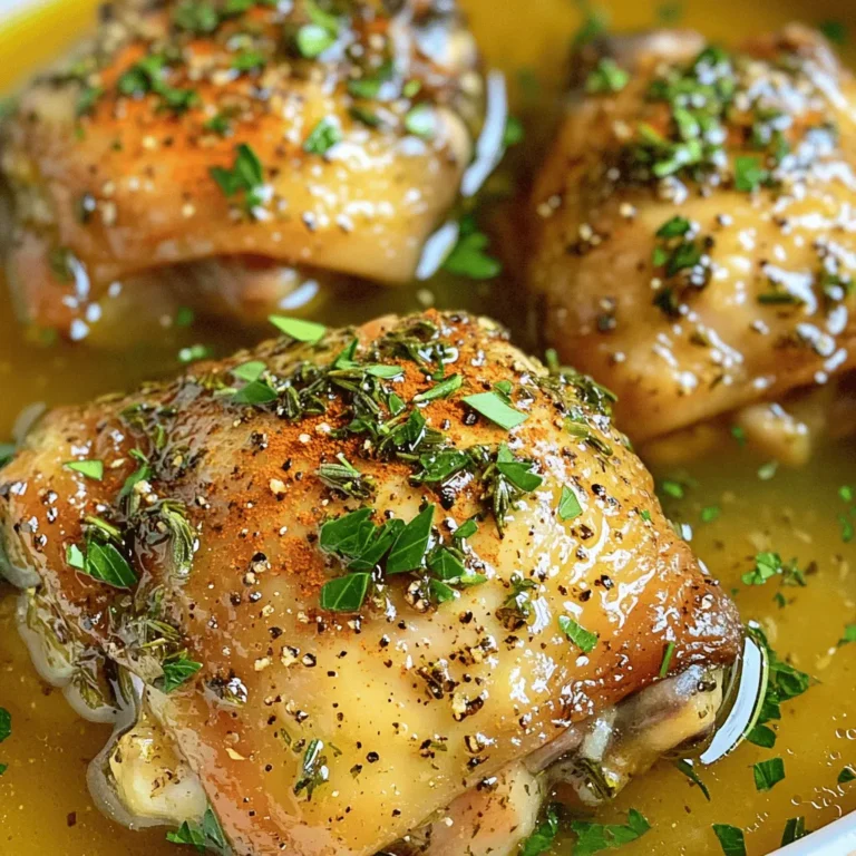 For this Slow Cooker Garlic Herb Chicken Thighs recipe, gather the following items: - 4 bone-in chicken thighs, skinless - 6 cloves garlic, minced - 1 tablespoon fresh rosemary, chopped - 1 tablespoon fresh thyme, chopped - 1 tablespoon olive oil - 1 teaspoon paprika - 1 teaspoon salt - ½ teaspoon black pepper - 1 cup low-sodium chicken broth - Juice of 1 lemon - Fresh parsley, chopped (for garnish) These ingredients create a rich and flavorful dish. The chicken thighs are juicy and tender. The garlic, rosemary, and thyme add a wonderful aroma. Olive oil helps the herbs stick to the chicken. Paprika gives a nice touch of color and spice. The broth and lemon juice keep the chicken moist and add depth to the flavor. Using fresh herbs makes a big difference. They bring brightness to the dish. You can also experiment with different herbs based on your taste. If you want to make it spicier, add red pepper flakes. This recipe is simple, yet the flavors are bold and satisfying. First, dry the chicken thighs. Use paper towels to pat them dry. This helps the skin crisp up later. Place the dried chicken thighs in your slow cooker. Next, mix the herb paste. In a small bowl, combine the minced garlic, chopped rosemary, chopped thyme, olive oil, paprika, salt, and black pepper. Stir until it forms a thick paste. This mixture will give the chicken great flavor. Now, apply the herb mixture. Rub it all over the chicken thighs. Make sure every piece is well-coated. This step is key for taste. After that, add the liquid ingredients. Pour the chicken broth and lemon juice over the chicken. This adds moisture and flavor during cooking. Set the cooking time next. You can choose low for 6-7 hours or high for 3-4 hours. Pick the time that works best for you. When the cooking time is up, check the chicken's temperature. It should reach 165°F (75°C). This ensures it is safe to eat. Carefully remove the chicken thighs from the slow cooker. Let them rest for a few minutes. This helps the juices stay inside the meat. For an optional sauce thickening method, transfer the cooking liquid to a saucepan. Simmer it on the stove for a few minutes. This will make your sauce rich and tasty. Serve the chicken thighs garnished with chopped parsley. Drizzle some sauce over the top for extra flavor. Enjoy your delicious meal! To make your slow cooker garlic herb chicken thighs shine, focus on the herbs. I love using fresh herbs like rosemary and thyme. They give the dish a bright taste. However, dried herbs work well too. If you are in a pinch, use about one-third of the amount. Adding other herbs can boost flavor. Consider adding oregano or parsley. Experiment with what you like. A little can go a long way! Choosing the right slow cooker setting is key. I recommend cooking on low for 6-7 hours. This lets the flavors meld and keeps the chicken juicy. If you are short on time, high for 3-4 hours works too. To make the sauce extra tasty, use the cooking liquid. After cooking, you can thicken it. Pour it into a saucepan and simmer until it reduces. This adds depth to your meal and makes it even more delicious! {{image_2}} You can easily switch things up in this recipe. Try using boneless chicken thighs instead of bone-in ones. Boneless thighs cook faster and are easier to eat. Just remember to adjust the cooking time. You may need only 4-5 hours on low or 2-3 hours on high. Another way to change the flavor is to substitute herbs or spices. If you don’t have fresh rosemary or thyme, try dried versions instead. Use one-third of the amount since dried herbs are stronger. You can also use Italian seasoning or even a pinch of chili flakes for a kick. To make your meal even better, think about complementary side dishes. Roasted vegetables go great with the chicken. You could also serve it with mashed potatoes or rice. These sides will soak up the tasty sauce. Salads are a smart choice too. A fresh green salad with lemon vinaigrette pairs well. It adds a nice crunch and balances the dish. For a heartier option, try grains like quinoa or farro. They make the meal filling and healthy. To keep your slow cooker garlic herb chicken thighs fresh, start by cooling them. Place the chicken in a shallow dish. Cover it tightly with plastic wrap or transfer it to an airtight container. You can store the chicken thighs in the fridge. They will stay good for about 3-4 days. For longer storage, freezing is the way to go. Wrap each chicken thigh in plastic wrap. Then, place them in a freezer bag. Remove as much air as possible before sealing. You can freeze them for up to 3 months. When ready to eat, thaw them in the fridge overnight before reheating. When it's time to enjoy your leftovers, reheating properly is key. The best method is to use your oven. Preheat it to 350°F (175°C). Place the chicken thighs in a baking dish. Add a splash of chicken broth or water to keep them moist. Cover the dish with aluminum foil to trap steam. Heat for about 20-25 minutes or until warmed through. You can also use the microwave for quicker reheating. Place the chicken on a microwave-safe plate. Add a little broth or water, then cover with a microwave-safe lid or wrap. Heat in short bursts, checking for warmth to avoid drying it out. Remember, keeping moisture intact is crucial. This way, your chicken remains juicy and delicious! Can I cook this recipe on high instead of low? Yes, you can! If you choose the high setting, cook the chicken for 3-4 hours. The chicken will still be tender and full of flavor. Just remember to check the internal temperature. It should reach at least 165°F (75°C). How long can I store leftovers? You can keep leftovers in the fridge for about 3-4 days. Make sure to store them in an airtight container. If you want to keep them longer, consider freezing them. They can last up to 3 months in the freezer. Caloric content of the dish One serving of Slow Cooker Garlic Herb Chicken Thighs has about 300 calories. This can vary based on the exact amounts of ingredients. Protein and fat details Each serving provides roughly 25 grams of protein. The fat content is about 15 grams, mainly from the chicken and olive oil. This makes it a hearty meal option. Can I make this with other cuts of chicken? Yes, you can. Boneless chicken thighs work well too. You can also use chicken breasts, but they may cook faster. Adjust the cooking time as needed. What if I don't have a slow cooker? If you don't have a slow cooker, you can cook this dish in a regular pot on the stove. Just simmer it on low heat, covered, for about 1.5 to 2 hours. Make sure to check for doneness regularly. This article covered a tasty slow cooker chicken dish. We explored the key ingredients and step-by-step instructions to make it perfect. I shared tips on optimizing flavor, choosing the right settings, and using alternative ingredients. You now have guidance on storing leftovers and reheating methods. In closing, enjoy experimenting and making this dish your own. Your kitchen adventures will surely delight!