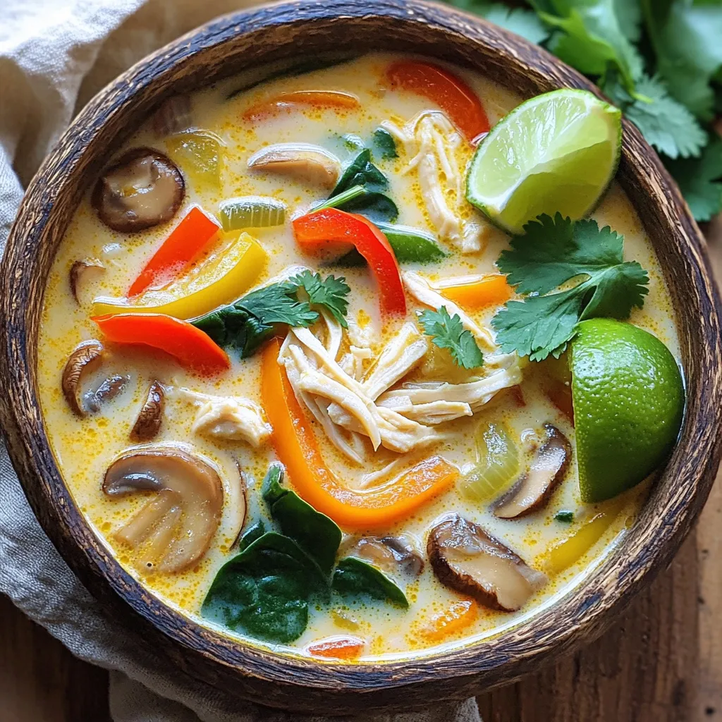 - 1 lb boneless, skinless chicken thighs - 1 can (14 oz) coconut milk - 4 cups chicken broth - 1 cup sliced mushrooms - 1 cup sliced bell pepper (any color) - 1 cup chopped carrots - 3 cloves garlic, minced - 1 tablespoon fresh ginger, grated - 2 tablespoons red curry paste - 1 tablespoon soy sauce (or tamari for gluten-free) - 1 tablespoon lime juice - 1 tablespoon fish sauce (optional) - 1 cup fresh spinach - Fresh cilantro, for garnish - Lime wedges, for serving - Salt and pepper to taste You can add more flavor with these items: - Fresh chili slices for spice - Peas or corn for sweetness - Chopped green onions for crunch - Cilantro stems for extra taste To make this soup, you will need: - A slow cooker for even cooking - A cutting board for chopping - A sharp knife for easy slicing - A whisk for mixing the coconut milk and broth - Serving bowls for your lovely soup - Measuring spoons for accuracy When you gather these ingredients and tools, you set yourself up for success. Each item adds a layer of flavor and texture to your soup. The chicken thighs give heartiness, while the coconut milk adds creaminess. The red curry paste brings all the flavors together. Use the optional items to make the soup your own. You can adjust it to fit your taste. Start by gathering all your ingredients. You’ll need: - 1 lb boneless, skinless chicken thighs - 1 can (14 oz) coconut milk - 4 cups chicken broth - 1 cup sliced mushrooms - 1 cup bell pepper, sliced (any color) - 1 cup chopped carrots - 3 cloves garlic, minced - 1 tablespoon fresh ginger, grated - 2 tablespoons red curry paste - 1 tablespoon soy sauce (or tamari for gluten-free) - 1 tablespoon lime juice - 1 tablespoon fish sauce (optional) - 1 cup fresh spinach - Fresh cilantro, for garnish - Lime wedges, for serving - Salt and pepper to taste This list helps you not miss any key flavors. Chop the veggies into bite-sized pieces. You want everything to cook well together. Place the chicken thighs at the bottom of your slow cooker. Pour the coconut milk, chicken broth, red curry paste, soy sauce, lime juice, and fish sauce into a bowl. Whisk these ingredients until smooth. This mix is the heart of your soup. Now, pour this mixture over the chicken. Add the mushrooms, bell peppers, carrots, garlic, and ginger. Stir gently to combine all the flavors. Season with salt and pepper to your liking. Cover the slow cooker. Cook on low for 6-7 hours or on high for 3-4 hours. The chicken will become tender and soak up all those tasty flavors. About 15 minutes before you serve, shred the chicken right in the slow cooker using two forks. This step makes the chicken blend with the soup. Stir in the fresh spinach until it wilts. Taste the soup to check if you need more lime juice or fish sauce. This final step boosts the flavor even more. Serve hot, garnished with fresh cilantro and lime wedges on the side. Enjoy! To make your soup burst with flavor, use fresh ingredients. Fresh ginger and garlic give the best taste. Always taste as you go. Adjust salt, lime juice, and fish sauce to fit your liking. Mix well to blend the flavors. I often add lime juice right before serving for a fresh kick. Do you love heat? Add more red curry paste. Start with a small amount and taste. You can also add sliced chili peppers for extra spice. If the soup is too hot, add more coconut milk. This will balance the heat and keep it creamy. Serve your soup hot. I like to ladle it into bowls and sprinkle cilantro on top. Lime wedges on the side add a fresh touch. You can also pair it with rice or crusty bread for a full meal. Don’t forget to invite friends over to share this delicious dish! {{image_2}} To make a vegetarian version, swap the chicken for tofu. Firm tofu works best. Cut it into cubes and add it to the slow cooker. You can also use vegetable broth instead of chicken broth. This change keeps the soup rich and creamy. You still get a tasty dish without meat. For a low-carb twist, skip the carrots and bell peppers. Instead, add zucchini or cauliflower for crunch. These veggies are low in carbs but high in flavor. You can also reduce the amount of coconut milk to cut calories. This version stays hearty without the extra carbs. Feel free to play with different ingredients. Here are some fun ideas: - Add a cup of snap peas for sweetness. - Toss in some diced tomatoes for a tangy kick. - Use bok choy instead of spinach for a different texture. - A sprinkle of peanuts adds a nice crunch. Experimenting with these options can make your soup unique each time! You can store leftover soup in the fridge. Place it in an airtight container. It stays fresh for up to three days. Make sure it cools down before sealing. This keeps the soup tasty and safe to eat. To freeze the soup, use freezer-safe bags or containers. Leave some space for the soup to expand. It will last for about three months in the freezer. When you want to eat it, move it to the fridge to thaw overnight. Reheat the soup on the stove for best results. Pour it into a pot over medium heat. Stir often until it’s hot. You can also use a microwave. Just heat it in short bursts, stirring each time. Check the temperature to ensure it’s hot throughout. Yes, you can use chicken breasts. Thighs add more flavor and tenderness. Breasts cook faster, so check them earlier. They may dry out if cooked too long. To make this soup dairy-free, skip the coconut milk. Use a dairy-free cream alternative. Cashew cream or almond milk can work well. Make sure to check the labels for added ingredients. If you don’t have fish sauce, use soy sauce or tamari. You can also mix soy sauce with a bit of lime juice. This will give a nice umami flavor. If you want a thicker soup, mix cornstarch with cold water. Stir it into the soup about 15 minutes before serving. Let it cook until thickened. You can also blend some of the soup for a creamier texture. This blog post covers the key steps to create a tasty dish. We discussed main and optional ingredients, plus the tools you need. You learned how to prep and cook slowly for rich flavor. I shared tips on adjusting spices and serving ideas. You also saw variations for vegetarian and low-carb options. Finally, I provided storage tips for keeping your meal fresh. Cooking is fun and easy with these details. Now, it's your turn to try this recipe!