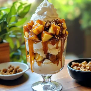 To make this tasty treat, gather these ingredients: - 4 cups vanilla ice cream - 2 large apples, peeled, cored, and diced - 1 cup granulated sugar - 1/2 cup unsalted butter - 1/2 cup heavy cream - 1 teaspoon vanilla extract - 1/2 teaspoon cinnamon - 1/4 teaspoon nutmeg - Chopped nuts (walnuts or pecans) for garnish - Whipped cream for topping - Extra caramel sauce for drizzling You can enhance your sundae with fun toppings: - Caramel popcorn for crunch - A sprinkle of sea salt for a sweet-salty mix - Shaved chocolate for rich flavor - Fresh mint leaves for color I know many people have different needs, so here are some swaps: - Use dairy-free ice cream for a vegan option. - Replace heavy cream with coconut cream for a dairy-free alternative. - Maple syrup can replace sugar for a natural sweetener. - Use almond or cashew butter instead of unsalted butter. These changes keep the sundae tasty while fitting various diets. Enjoy creating your version! Start by melting 1/2 cup of unsalted butter in a medium saucepan over medium heat. Once melted, add 2 large apples that you have peeled, cored, and diced. Sprinkle in 1/2 teaspoon of cinnamon and 1/4 teaspoon of nutmeg. Stir well to coat the apples in the buttery mixture. Cook the apples for about 5-7 minutes. You want them soft but still firm. Remove the pan from the heat and set your apple mixture aside. Next, use another saucepan to make the caramel sauce. Combine 1 cup of granulated sugar with 1/4 cup of water over medium heat. Stir until the sugar dissolves. Once it dissolves, stop stirring. Let it cook for about 6-8 minutes. Watch closely as it turns a golden color. Carefully add in 1/2 cup of heavy cream. Expect some bubbling. Stir it until smooth. Then, remove the pan from the heat and mix in 1 teaspoon of vanilla extract. Let the caramel sauce cool for a bit. Now it’s time to put everything together. Scoop 4 cups of vanilla ice cream into serving bowls. Spoon the warm apple mixture over the ice cream. Next, drizzle the warm caramel sauce on top. Add a dollop of whipped cream for a rich touch. Finally, sprinkle chopped nuts, like walnuts or pecans, on top for some crunch. If you’re feeling extra indulgent, drizzle more caramel sauce over the sundae. Serve right away and enjoy every delicious bite! To get the best caramel, watch the heat. Use medium heat and avoid stirring once the sugar dissolves. This step helps the sugar cook evenly. Cook until the color turns a rich gold. If it looks too dark, it may taste bitter. Once it reaches the right color, add heavy cream slowly. The mixture will bubble up, so be careful. Stir until it is smooth and shiny. Let it cool a bit before use. Vanilla ice cream works best for this sundae. Its creamy base enhances the flavors of the apples and caramel. However, you can try other flavors too. Consider cinnamon ice cream for a spiced twist. Butter pecan also adds a lovely nutty flavor. For a fun twist, experiment with salted caramel ice cream. Each choice will give your sundae a unique taste. Presentation can elevate your sundae. Use tall glass bowls to show off the layers. Start with ice cream, then the warm apples, and add caramel sauce. Top it with whipped cream for a fluffy finish. Sprinkle chopped nuts for crunch and color. A mint sprig on top adds a fresh touch. This simple detail makes your sundae look gourmet. {{image_2}} You can play with different ice cream flavors. Try using caramel or butterscotch ice cream. These flavors fit well with apples and caramel. Chocolate ice cream also adds a rich taste. If you want a fruity twist, go for cinnamon ice cream. Each scoop brings a new taste to your sundae. Want to add a twist? Try mixing in some crushed cookies. Oreos or gingersnaps can add crunch and flavor. You can also use a splash of bourbon or rum in the caramel. This adds warmth and depth. For a touch of spice, sprinkle in some ginger or cardamom. These little changes can make your sundae special. Seasonal fruits can change your sundae game. In fall, use pears instead of apples. They pair well with caramel and nuts. In summer, fresh berries like strawberries or blueberries work great. They add a burst of color and flavor. Try peaches in late summer for a juicy treat. Each fruit brings its own unique taste to the dish. To keep leftover sundaes fresh, store them in the freezer. Use an airtight container. This keeps ice cream from getting icy and hard. When you want to enjoy them again, let the sundae sit at room temp for a few minutes. This will soften it back up for you. Avoid refreezing the sundae once it has been thawed. Storing leftover caramel sauce is easy. Let it cool completely first. Then, pour it into a clean glass jar. Seal it tightly and place it in the fridge. It can last up to two weeks in the fridge. When you are ready to use the sauce again, simply heat it in the microwave. You can add a splash of cream for a smoother texture. You can freeze the apple mixture, too! Just cool it down and place it in a freezer bag. Squeeze out any extra air before sealing. This mixture can last up to three months in the freezer. When you’re ready to use it, thaw it in the fridge overnight. Then, reheat it gently before adding it to your sundae. Yes, you can make the caramel sauce ahead of time. Just store it in a jar. Keep it in the fridge for up to two weeks. When you are ready to use it, warm it gently on the stove. Stir it well to make it smooth again. This makes it easy to enjoy your sundae anytime. To stop apples from browning, you can use lemon juice. Just squeeze a little juice over the diced apples. You can also soak them in water with a bit of lemon juice for a few minutes. This will keep their bright color and fresh taste. For non-dairy options, you can use coconut milk ice cream. Almond milk ice cream also works well. For the caramel sauce, swap heavy cream for coconut cream. This way, you can still enjoy the sundae without dairy. For a party, use tall glass bowls to serve each sundae. This shows off the layers of ice cream, apples, and caramel. Add a sprig of mint on top for color. You can also set up a sundae bar. This lets guests build their own sundaes with different toppings. This blog post covered everything you need for a Caramel Apple Ice Cream Sundae. We went through the key ingredients, substitutes, and how to prepare the apple mix and caramel sauce. I also shared tips for pairing ice cream and serving beautifully. Now you're ready to create this sweet treat. Whether you stick to the classic version or try fun variations, enjoy every scoop. Make this recipe your own and impress your friends and family.