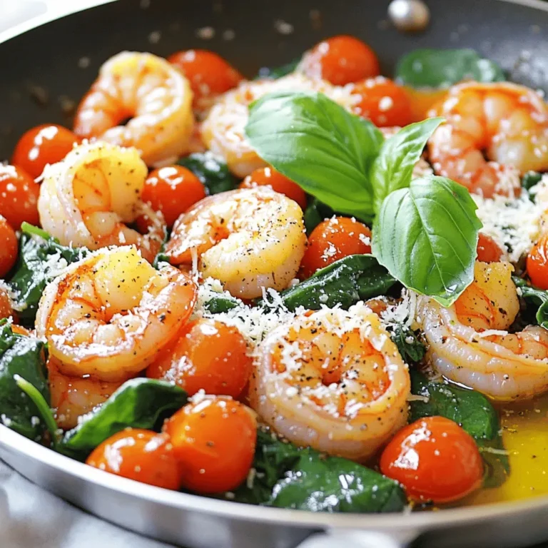 - 1 lb large shrimp, peeled and deveined - 2 tablespoons olive oil - 3 cloves garlic, minced - 1 cup cherry tomatoes, halved - 1 cup fresh spinach - ½ teaspoon red pepper flakes (optional) - 1 teaspoon Italian seasoning - Salt and pepper, to taste - ½ cup low-sodium vegetable broth - ¼ cup grated Parmesan cheese - Fresh basil leaves, for garnish When you gather your ingredients, focus on freshness. The large shrimp should look firm and have a slight sheen. Olive oil is key for flavor, so don't skimp. Fresh garlic adds a strong base. The cherry tomatoes burst with sweetness, and the spinach will give you a pop of color. Red pepper flakes add a nice kick. You can adjust this based on your taste. Italian seasoning brings a blend of herbs that makes this dish special. I always use salt and pepper to balance the flavors. The vegetable broth adds depth to the sauce. Parmesan cheese is the final touch, making it creamy and rich. Fresh basil leaves not only look pretty but also enhance the taste. This mix of ingredients creates a delightful meal that you will want to share. Start by heating the olive oil in a large skillet over medium heat. This step is key. It helps the shrimp cook evenly and keeps the dish flavorful. Once the oil is hot, add the minced garlic. Sauté it for about 30 seconds until it smells great. Be careful not to burn the garlic, as it can turn bitter. Next, toss in the shrimp. Season with salt, pepper, and red pepper flakes if you like it spicy. Cook the shrimp for about 2-3 minutes. Stir occasionally. You’ll know they are done when they turn pink and opaque. This means they are cooked through. Now, add the halved cherry tomatoes to the skillet. Cook them for another 2 minutes until they soften. Then stir in the fresh spinach and Italian seasoning. Cook until the spinach wilts. Finally, pour in the vegetable broth and let it simmer for about 2 minutes. This step blends all the flavors together. Once done, sprinkle grated Parmesan cheese on top and mix gently. Taste and adjust seasoning if needed. How to avoid overcooking shrimp To avoid overcooking shrimp, cook them just until they turn pink. This usually takes about 2-3 minutes. Shrimp cook fast, so stay close. They should be firm but not rubbery. If you see them curling tightly, they may be overdone. Tips for perfect sautéed garlic Sauté garlic over medium heat for the best flavor. Add it to the oil and stir for about 30 seconds. If it turns brown, it’s burnt. Burnt garlic tastes bitter, which you want to avoid. Fresh garlic gives a sweet and fragrant taste that enhances your dish. Adjusting spice levels You can adjust spice levels by using more or less red pepper flakes. If you like heat, add an extra pinch. For a milder dish, skip the flakes or reduce the amount. Always taste as you go to find your perfect balance. Using fresh vs. dried herbs Fresh herbs add a bright flavor to your dish. Use fresh basil for garnish; it really shines. Dried herbs, like Italian seasoning, are great too. They are more concentrated, so use less. Typically, one teaspoon of dried herbs equals one tablespoon of fresh herbs. {{image_2}} You can switch the shrimp for other proteins. Chicken works well and cooks fast too. Tofu is a great option for a plant-based meal. It absorbs flavors nicely. Feel free to mix in different veggies. Zucchini or bell peppers add color and flavor. You could also try asparagus for a crunchy bite. The key is to have fun with it! Pair this dish with pasta or rice for a heartier meal. The sauce from the skillet complements both well. You can toss your pasta or rice right in the skillet too! A Tuscan salad makes a perfect side. Just mix fresh greens, olives, and a light vinaigrette. This adds a nice crunch and freshness to your meal. Enjoy creating your own twist! To keep your Tuscan shrimp fresh, store leftovers in an airtight container. This helps keep the shrimp from drying out. Place the container in your fridge right after the meal cools down. It can last for 2 to 3 days in the fridge. After that, the shrimp may lose flavor and texture. When you’re ready to enjoy your leftovers, reheat them gently. Use a skillet over low heat for the best results. Stir often to avoid burning. You can also use the microwave, but be careful not to overcook. Heat in short bursts, checking often. This way, your shrimp stay tender and juicy. Cooking shrimp is quick and easy. For large shrimp, it takes about 2-3 minutes. When they turn pink and opaque, they are ready. Medium shrimp need about 2 minutes, while small shrimp cook in just 1-2 minutes. Always watch closely to avoid overcooking. Overcooked shrimp can become tough and rubbery, which ruins the dish. Yes, you can prepare this dish in advance. Cook the shrimp and veggies, then store them in the fridge. Keep the dish in an airtight container for up to two days. When you're ready to eat, just reheat it in a skillet. You can also make the sauce ahead of time to save even more time. You can freeze the Tuscan shrimp skillet. After cooking, let it cool down completely. Place it in a freezer-safe container. It will last for up to three months in the freezer. To reheat, thaw it overnight in the fridge. Then, warm it in a skillet over low heat. Stir gently until heated through. This blog covered a delicious shrimp dish. We talked about key ingredients, cooking steps, and helpful tips. You learned how to keep shrimp juicy and flavorful. Variations let you explore new tastes with different proteins and veggies. Plus, we went over storage and reheating methods for leftovers. Overall, this recipe is simple and versatile. Try it out to impress your family and friends!