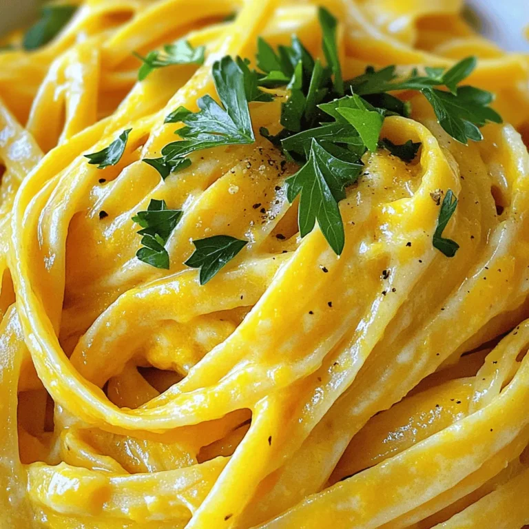- 1 medium butternut squash, peeled and cubed - 8 oz fettuccine pasta - 2 tablespoons olive oil - 2 cloves garlic, minced - 1 cup vegetable broth - ½ cup heavy cream or coconut cream - ½ teaspoon nutmeg - Salt and pepper to taste - ¼ cup grated Parmesan cheese or nutritional yeast - Fresh parsley, chopped for garnish The heart of this Creamy Butternut Squash Alfredo Pasta lies in the ingredients. Each item brings its own flavor and texture. First, we have the butternut squash. Its natural sweetness shines through after roasting. This ingredient adds a rich creaminess to the sauce. Next, the fettuccine pasta offers a wonderful base. It holds the sauce well, making each bite satisfying. I like to use olive oil for roasting. It helps the squash caramelize nicely. Minced garlic adds great aroma and flavor. When you sauté it, your kitchen will smell divine. The vegetable broth helps create the sauce's silky texture. You can choose heavy cream or coconut cream for added richness. Coconut cream works well for a lighter option, too. Nutmeg adds warmth and depth to the dish. Don't forget salt and pepper! They enhance all the flavors in this dish. Finally, Parmesan cheese or nutritional yeast brings a savory finish. Chopped parsley on top gives a fresh touch, making the dish look beautiful. Each ingredient serves a purpose and works together to create a delightful meal. First, preheat your oven to 400°F (200°C). This heat will help caramelize the squash. Next, toss the cubed butternut squash with olive oil, salt, and pepper on a baking sheet. Spread it out evenly so it roasts well. Roast the squash for about 25-30 minutes. You want it to be tender and slightly caramelized. The flavor will be rich and sweet. While the squash roasts, bring a large pot of salted water to a boil. Add the fettuccine and cook it according to the package directions. Aim for al dente pasta, as it will soak up some sauce later. Once done, reserve ½ cup of the pasta water before draining the rest. This water helps adjust the sauce later. In a large skillet, heat 1 tablespoon of olive oil over medium heat. Add the minced garlic and sauté it for about 1 minute. The garlic should smell great but not burn. When the butternut squash is ready, add it to the skillet. Pour in the vegetable broth and let the mix simmer for about 5 minutes. This helps the flavors meld. Next, use an immersion blender to blend the mixture until smooth. If you use a standard blender, let the mix cool a bit first. Return the blended squash mix to the skillet. Stir in the heavy cream, nutmeg, and grated Parmesan cheese. If the sauce seems too thick, add some reserved pasta water to reach your desired consistency. Stir well to combine everything. Finally, add the drained fettuccine to the skillet. Toss it all together until the pasta is fully coated with the creamy butternut Alfredo sauce. Taste and adjust the seasoning with salt and pepper if needed. To caramelize the butternut squash well, cut it into small, even cubes. This helps it cook evenly. Toss the cubes with olive oil, salt, and pepper. Make sure each piece gets coated. Roast in a preheated oven at 400°F (200°C). This temperature allows the squash to get tender and golden. Roast for about 25-30 minutes. Check for tenderness by piercing a piece with a fork. It should be soft and slightly brown. You can choose between an immersion blender and a standard blender. An immersion blender is great for blending right in the pan. It’s easy and saves time. However, if you use a standard blender, let the mixture cool a bit before blending. This keeps you safe from hot splashes. Always remove the lid’s center cap while blending. Cover it with a towel to avoid spills. Taste the sauce after blending. You can add more salt or pepper as needed. If you want extra flavor, consider adding crushed red pepper or a squeeze of lemon juice. Fresh herbs like basil or thyme can also enhance the taste. Always start with small amounts and taste as you go. This way, you can find the perfect balance for your creamy butternut squash Alfredo pasta. {{image_2}} To make this dish vegan, you can easily substitute the heavy cream. Use coconut cream instead. It gives a nice, creamy texture without dairy. For cheese, you can skip it or use nutritional yeast. Nutritional yeast adds a cheesy flavor while keeping it plant-based. If you need a gluten-free meal, you can swap the fettuccine for gluten-free pasta. Many brands offer great alternatives. Just keep an eye on the cooking time. Gluten-free pasta often cooks faster, so check it a little early. You can add herbs and spices to boost the flavor. Try fresh thyme or sage for a warm taste. Adding a pinch of red pepper flakes gives a nice kick. You can also mix in extra veggies like spinach or mushrooms. For protein, consider adding grilled chicken or chickpeas. These changes keep the meal fresh and exciting. To store leftovers, let your pasta cool down first. Then, place it in an airtight container. This keeps it fresh. You can keep it in the fridge for up to three days. Just make sure to check for any off smells before eating. To freeze the sauce, let it cool completely. Then, transfer it to a freezer-safe container. You can store it in the freezer for up to three months. When you're ready to use it, thaw it in the fridge overnight. To reheat, warm it on the stove over low heat. Add a splash of vegetable broth or water to bring it back to life. You can serve this creamy butternut squash Alfredo pasta in many fun ways. Top it with extra Parmesan cheese or toasted nuts for a nice crunch. Pair it with a simple green salad for a fresh touch. You could also serve it alongside garlic bread for a cozy meal. It takes about 45 minutes to make this dish. You need 15 minutes to prep the ingredients. Cooking the pasta and roasting the squash takes about 30 minutes. This timing makes it easy to enjoy a warm, tasty meal on a busy day. Yes, you can prepare this dish ahead of time. Cook and cool the pasta and squash. Store them in the fridge for up to three days. When you’re ready to eat, heat the sauce on the stove and add the pasta. Stir well and enjoy! If you can't find butternut squash, try using pumpkin or acorn squash. Sweet potatoes also work well for a different flavor. These veggies will give you that creamy texture you want in the sauce. Yes, this recipe is great for kids! If your little ones prefer milder flavors, reduce the nutmeg and garlic. You can also add more cheese for a creamier taste. This makes it more appealing to younger eaters. This blog post guided you through making a creamy butternut squash alfredo pasta. We discussed key ingredients and how to prepare them properly. I shared tips for perfect roasting and blending, plus options for variations like vegan and gluten-free. Storing and reheating were also covered. You now have the tools to create a delicious meal that many will enjoy. Embrace your kitchen skills and have fun experimenting with flavors!