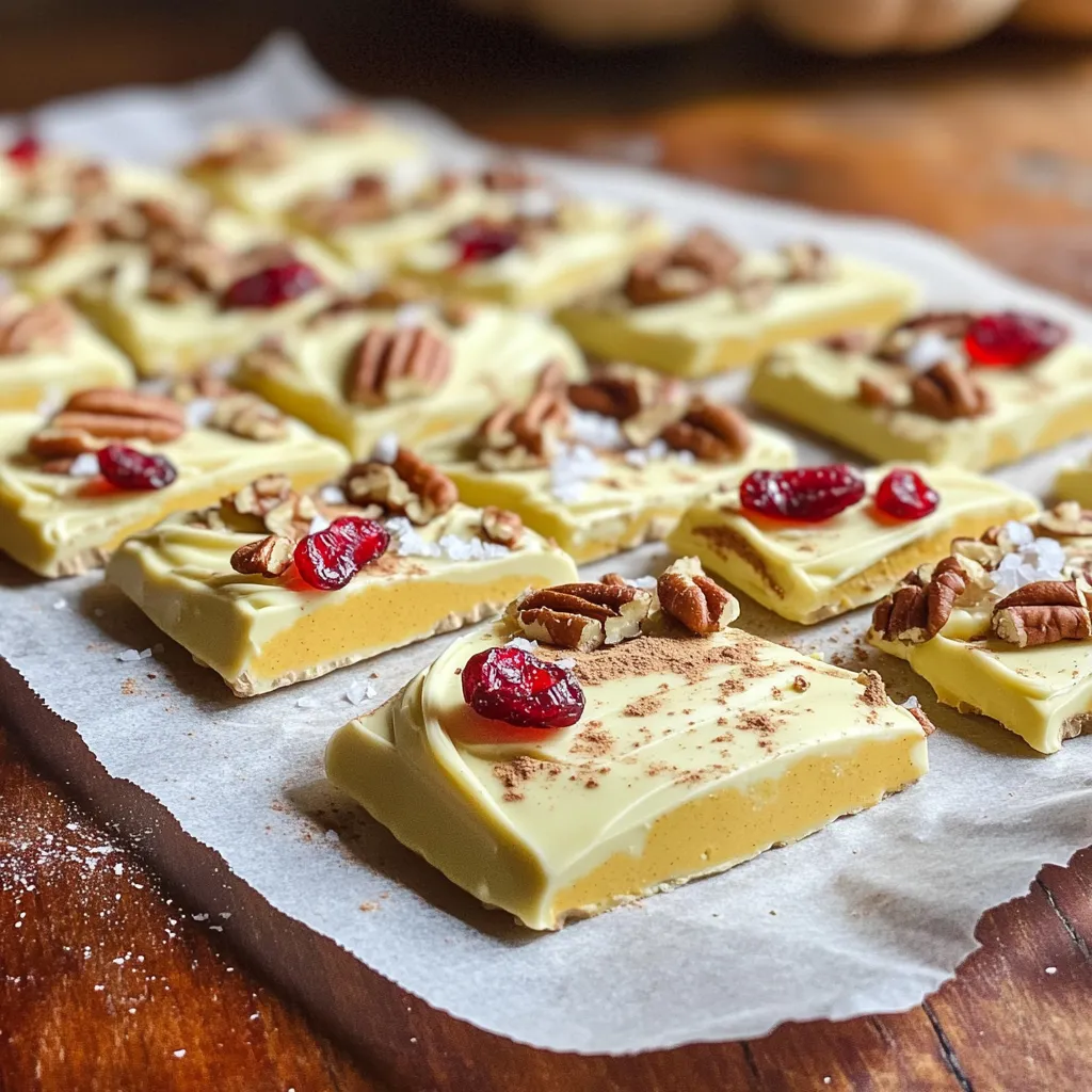 To make Pumpkin White Chocolate Bark, you need a few simple ingredients. Here’s the list: - 2 cups white chocolate chips: This forms the sweet base of the bark. - 1 cup pumpkin puree: Use pure pumpkin puree for the best flavor and texture. - 1 teaspoon pumpkin pie spice: This adds warm, cozy notes to your bark. - ½ teaspoon vanilla extract: This enhances the sweet taste of the chocolate. - ½ cup crushed pecans or walnuts: Both nuts add a nice crunch. Use pecans for a sweeter bite, or walnuts for a more earthy flavor. - ¼ cup dried cranberries or raisins: Choose cranberries for tartness or raisins for extra sweetness. - Sea salt for sprinkling: A little salt boosts all the flavors and adds contrast. These ingredients come together to create a delightful treat. You can mix and match nuts and dried fruits to suit your taste. Enjoy the process! 1. Lining the baking sheet Start by lining a baking sheet with parchment paper. This step helps the bark not stick. It also makes it easy to lift the bark out later. 2. Melting the white chocolate In a microwave-safe bowl, melt the white chocolate chips. Heat them in 30-second bursts. Stir between each burst until the chocolate is smooth. Be careful not to overheat it. 3. Mixing the ingredients Once the chocolate is melted, add the pumpkin puree, pumpkin pie spice, and vanilla extract. Stir this mixture well until it is smooth and all ingredients blend together nicely. 4. Pouring and spreading the mixture Fold in the crushed pecans or walnuts and the dried cranberries or raisins. This adds a nice crunch and sweetness. Pour the mixture onto your lined baking sheet. Spread it out evenly to the thickness you like. 5. Setting in the refrigerator Lightly sprinkle sea salt over the top to enhance the flavor. Place the baking sheet in the refrigerator. Let the bark set for at least 2 hours. It should be completely firm before you take it out. After following these steps, you will have a delightful treat ready to enjoy! Best practices for melting chocolate When melting white chocolate, use a microwave-safe bowl. Heat the chocolate in 30-second bursts. Stir after each interval to avoid burning. The key is to stop when the chocolate is almost melted. The heat will finish the job. This method keeps your chocolate smooth and creamy. How to achieve the ideal thickness Spread the pumpkin mixture evenly on your baking sheet. Aim for a thickness of about half an inch. This helps the bark set well without being too thick or too thin. If you prefer thicker pieces, pour more mixture. Just know it may take longer to set. Suggestions for adding extra flavor Try adding a pinch of cinnamon or nutmeg for warmth. You can also mix in some orange zest for a citrus kick. Another idea is to use different nuts, like almonds or hazelnuts. Each addition will give your bark a unique twist. Experiment and find your favorite flavor! {{image_2}} You can make Pumpkin White Chocolate Bark your own with some fun swaps. Here are a few ideas: - Swapping in different nuts or dried fruits: You can use almonds or hazelnuts instead of pecans or walnuts. If you prefer dried fruits, try chopped apricots or even coconut flakes. Each choice adds its own taste and crunch. - Using flavored white chocolate: White chocolate can be flavored in many ways. Try using vanilla or even caramel-flavored chips for a twist. This change will give your bark a different taste and make it even more special. - Incorporating spices beyond pumpkin pie spice: While pumpkin pie spice is great, you can experiment with cinnamon or nutmeg. Even a hint of ginger can add a nice kick. This will elevate the flavor and bring new layers to your bark. Feel free to get creative with these ideas. Each variation can add a personal touch and make your treat stand out! To keep your pumpkin white chocolate bark fresh, use an airtight container. This will seal in the flavors and prevent drying out. A glass or plastic container with a tight lid works best. You can store the bark in the refrigerator or at room temperature. If you choose the fridge, it will stay firm and cool. However, if the weather is warm, room temperature may work better. Just make sure it’s not too hot, as heat can cause melting. The shelf life for your pumpkin white chocolate bark is about one week. If stored properly, it can last up to two weeks. After that, the flavors may fade. Just remember to check for any signs of spoilage before enjoying your treat! Can I use other types of chocolate? Yes, you can use dark or milk chocolate. Just keep in mind that the flavor will change. Dark chocolate gives a rich taste, while milk chocolate adds creaminess. Is it possible to make this vegan? Yes, you can make it vegan. Use dairy-free white chocolate chips. This simple swap makes it delicious for everyone. How do I make it more festive for the holidays? Add festive toppings like colored sprinkles or mini marshmallows. You can also use holiday-shaped cookie cutters to create fun shapes. Can I freeze Pumpkin White Chocolate Bark? Yes, you can freeze it. Wrap the bark in plastic wrap and then put it in a bag. It keeps well for up to a month. What can I substitute for pumpkin puree? You can use apple sauce or mashed bananas. Both options give a nice texture and sweetness. In this post, I shared how to make delicious Pumpkin White Chocolate Bark. We covered the right ingredients, from white chocolate to nuts and fruits. I explained each step to get your bark just right. I also included tips to perfect your recipe and ideas to mix it up. Now you can store your creation well and explore answers to common questions. With these insights, you’ll feel confident in making this treat your own. Enjoy creating your own personalized bark!