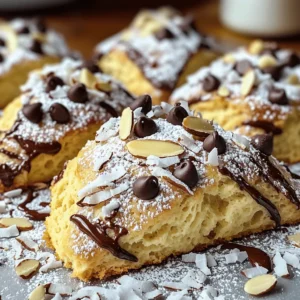 To make Almond Joy scones, you need: - 2 cups all-purpose flour - 1/3 cup granulated sugar - 1 tablespoon baking powder - 1/2 teaspoon salt These basics create a light scone texture. The flour gives structure. Sugar adds sweetness. Baking powder helps them rise, while salt balances the flavor. Next, we add flavor with: - 1/2 cup cold unsalted butter, cubed - 1/2 cup sweetened shredded coconut - 1/2 cup chocolate chips (semi-sweet or dark) - 1/3 cup almond slivers Cold butter is key. It helps the scones be flaky. Shredded coconut adds chewiness. Chocolate chips are a treat, and almond slivers give a crunch. Finally, we mix in the wet ingredients: - 2/3 cup almond milk (or regular milk) - 1 large egg - 1 teaspoon vanilla extract The almond milk keeps the scones moist. The egg adds richness, and vanilla gives a warm flavor. Together, they bind the dough, making it come together smoothly. - Preheat your oven to 400°F (200°C). - Line a baking sheet with parchment paper. - In a large mixing bowl, combine: - 2 cups all-purpose flour - 1/3 cup granulated sugar - 1 tablespoon baking powder - 1/2 teaspoon salt - Whisk these dry ingredients together until they mix well. - Add the cold, cubed butter (1/2 cup) to the dry mix. - Use a pastry cutter or your fingers. Work the butter in until it looks like coarse crumbs. - Stir in: - 1/2 cup sweetened shredded coconut - 1/2 cup chocolate chips (semi-sweet or dark) - 1/3 cup almond slivers - Make sure you spread these ingredients evenly in the mix. - In a separate bowl, whisk together: - 2/3 cup almond milk (or regular milk) - 1 large egg - 1 teaspoon vanilla extract - Pour the wet mix into the dry ingredients. - Mix gently until just combined; avoid overmixing. The dough should feel a bit sticky. - Turn the dough onto a floured surface. Pat it into a rectangle about 1-inch thick. - Cut the dough into triangles or circles with a sharp knife or biscuit cutter. - Place the shaped scones on your prepared baking sheet, leaving space between them. - Bake for 15-20 minutes until they turn golden brown. - Let the scones cool slightly on the baking sheet before moving them to a wire rack. To make great scones, start with cold butter. Cold butter helps create a flaky texture. When the butter melts during baking, it forms pockets of air. This makes the scones rise and stay light. Keep the butter in the fridge until you need it. Do not overmix the dough. Mixing too much can make scones tough. After adding the wet ingredients, mix just enough to combine. You want the dough to be slightly sticky but not wet. For presentation, serve the scones warm. Dust them with powdered sugar for a sweet touch. Add a few chocolate chips and almond slivers on top. This makes them look extra special. Pair your scones with sauces or toppings. Coconut sauce adds a tropical flavor. Chocolate sauce complements the chocolate chips. Both options make your scones even more delightful. To store leftovers, keep them in an airtight container. This helps them stay fresh for a few days. Place parchment paper between layers to avoid sticking. For reheating, use an oven or toaster oven. Heat them at 350°F (175°C) for about 5-7 minutes. This keeps them warm and soft. Avoid using a microwave, as it can make them chewy. {{image_2}} You can take your Almond Joy scones in new directions. Try making Coconut Almond Joy Brownies. This twist gives you the same great flavors in a fudgy treat. You can also create gluten-free scones. Use almond flour and a gluten-free baking mix. These options let everyone enjoy the joy of these scones. Feel free to switch up the chocolate. You can use white chocolate, milk chocolate, or even dark chocolate. Each type brings a unique taste. If you want to change the nuts, consider using walnuts or pecans. They add a different crunch and flavor. These small changes can make your scones feel fresh and new. You can make holiday-themed scones too! Add spices like cinnamon or nutmeg for a cozy taste. In spring or summer, try adding fresh fruits. Chopped strawberries, blueberries, or peaches can brighten the scone's flavor. These seasonal touches keep your baking exciting and fun. To find Almond Joy scones near you, start with local bakeries. Many bakeries often make scones fresh daily. Check places that specialize in pastries or baked goods. You can also ask friends for their favorite spots. Sometimes, cafes have unique flavors, too. Don't forget to call ahead to check if they have Almond Joy scones today! If you prefer ordering online, several websites offer scones. Look for bakeries that ship nationwide. Websites like Goldbelly or local bakery sites are great choices. You can also find scones on food delivery apps. Make sure to read reviews to find the best options. Freshness matters, so check shipping times. Purchasing scones has its perks. You save time and effort. It’s easy to grab a box and enjoy. However, making scones at home is fun! You can adjust flavors to your liking. Plus, baking fills your kitchen with lovely smells. It's also a great way to impress friends. Consider your time and what you enjoy more: buying or baking. To keep your Almond Joy Scones soft, use cold butter. This helps create a tender texture. Also, mix the dough gently. Overmixing can make scones tough. Finally, avoid baking them too long. Check for a light golden color on top. Yes, you can make these scones ahead of time. Prepare the dough and cut it into shapes. Then, freeze them on a baking sheet. Once frozen, store them in a bag. When you’re ready, bake them straight from the freezer. Just add a few extra minutes to the baking time. If you need a substitute for almond milk, try regular milk. You can also use soy milk or oat milk. These options work well in this recipe and keep the flavor balanced. Almond Joy scones combine tasty ingredients like chocolate, coconut, and almonds. You learned how to prepare the dough and bake these treats perfectly. Helpful tips ensured you can impress with your scone-making skills. Remember to store leftovers for later enjoyment and explore variations like brownies or seasonal flavors. Whether you bake at home or find scones in local shops, the joy remains the same. Enjoy every bite of your delicious creation!