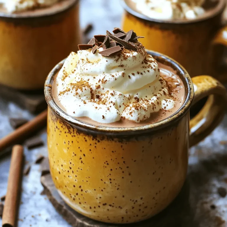 - 4 cups whole milk - 1 cup heavy cream - 1 cup pumpkin puree - 1 cup semi-sweet chocolate chips - 1/2 cup granulated sugar - 1 teaspoon vanilla extract - 2 teaspoons pumpkin pie spice - Whipped cream (for topping) - Chocolate shavings (for garnish) - Cinnamon sticks (for stirring, optional) To create a rich and creamy hot chocolate, I use whole milk and heavy cream. The blend gives it a smooth texture. Next, I add pumpkin puree, which brings that warm fall flavor to each sip. The semi-sweet chocolate chips melt perfectly, giving sweetness and depth. I balance this with granulated sugar for extra sweetness. A touch of vanilla extract adds warmth, while pumpkin pie spice enhances the seasonal taste. For toppings, I like whipped cream to make it extra rich. Chocolate shavings add a fun touch. Plus, using a cinnamon stick for stirring is a festive option. Each ingredient plays a role in making this hot chocolate a true delight. - First, in your slow cooker, combine 4 cups of whole milk and 1 cup of heavy cream. Whisk them together until they blend well. This mix gives your hot chocolate its creamy base. - Next, add 1 cup of pumpkin puree and 1 cup of semi-sweet chocolate chips. Also, toss in 1/2 cup of granulated sugar, 1 teaspoon of vanilla extract, and 2 teaspoons of pumpkin pie spice. - Stir the mixture well until the chocolate chips melt a bit and everything blends nicely. This step ensures every sip is rich and tasty. - Now, cover the slow cooker and set it to low heat for 2 to 3 hours. This slow cooking time helps all the flavors come together. - Remember to stir the hot chocolate occasionally. Stirring helps keep the chocolate from sticking and burning. It also makes sure the flavors mix well. - Once it's ready, serve the hot chocolate in mugs. Top each with a generous swirl of whipped cream. This adds a light touch and extra creaminess. - For a fun garnish, sprinkle on some chocolate shavings. If you want a special touch, add a cinnamon stick for stirring. - Pair your hot chocolate with cookies or muffins for a cozy treat. Enjoy! Adjusting sweetness Sweetness is key to a great hot chocolate. I like to start with half a cup of sugar. After cooking, taste it. If you want more sweetness, add a bit more sugar. Stir it well to mix. Remember, you can always add more, but you can’t take it out! Keeping it creamy To keep your hot chocolate creamy, use whole milk and heavy cream. They give a rich flavor. If you want it even creamier, try adding more cream. You can also whisk it well to blend the ingredients. This step helps make your drink smooth and tasty. Choosing the right slow cooker Pick a slow cooker that fits your needs. A 4-quart slow cooker works well for this recipe. It holds all the ingredients without spilling. Make sure it has a low setting for even cooking. This helps the chocolate melt nicely. Cooking time adjustments Cook your hot chocolate on low for 2 to 3 hours. If you’re short on time, you can cook it for a shorter time on high. Just watch it closely and stir often. This way, you ensure the chocolate melts and the flavors mix well. Serving as a dessert You can serve this hot chocolate as a fun dessert. Pour it into small cups. Top it with whipped cream and chocolate shavings. It’s a sweet treat for any gathering. Making it a coffee drink Want to kick it up a notch? Turn your hot chocolate into a coffee drink. Just stir in a shot of espresso. This twist adds a new layer of flavor. It’s perfect for coffee lovers! {{image_2}} You can make this hot chocolate dairy-free. First, use almond milk or oat milk instead of whole milk. For the cream, try coconut cream. It adds a rich taste without dairy. For sweeteners, replace granulated sugar with maple syrup or agave syrup. These natural sweeteners blend well and add a unique flavor twist. To switch up the taste, add a splash of mint extract for a refreshing twist. You can also drizzle in caramel syrup for a sweet kick. These flavors mix well with pumpkin spice. You might want to try different spices too. A pinch of nutmeg or ginger can enhance the warmth of the drink. Experiment with what you like best! For an adult version, add a splash of whiskey or rum. These spirits bring warmth and depth to the drink. You can also try coffee liqueur for a mocha flavor. Festive additions like a sprinkle of nutmeg or a cinnamon stick can make it more fun. This small touch adds both flavor and a holiday vibe! To store your leftover hot chocolate, pour it into a clean container. Make sure it cools first. Seal the container tightly to keep out air. Place it in the fridge. It will stay good for up to four days. When you want to enjoy it again, simply reheat it on the stove or in the microwave. Stir it well before serving. You may need to add a bit of milk to bring back its creamy texture. You can freeze hot chocolate for later! First, let it cool completely. Then, pour it into freezer-safe bags or containers. Leave some space at the top. This allows for expansion when it freezes. It can last up to three months in the freezer. When you’re ready to enjoy it, take it out and thaw it in the fridge overnight. To serve, heat it gently on the stove, stirring to mix the flavors back together. This delicious hot chocolate can stay fresh for about four days in the fridge. If you freeze it, it lasts much longer, up to three months. Look for signs of spoilage. If you see changes in color or smell a bad odor, it’s best to throw it away. Enjoy your pumpkin spice hot chocolate while it’s fresh for the best taste! Yes, you can use dark chocolate or milk chocolate. Each type gives a unique taste. Dark chocolate adds richness, while milk chocolate makes it sweeter. Just adjust the sugar based on your choice. To make the hot chocolate less sweet, reduce the sugar. Start with half the amount. You can also use unsweetened chocolate chips. Taste as you go, and add only what you need. Yes, you can prepare the hot chocolate in advance. Make it and store it in the fridge. Reheat it in the slow cooker or on the stove. Stir well before serving to mix the flavors. If you don’t have pumpkin puree, use sweet potato puree or butternut squash. Both give a nice flavor and texture. You can also blend cooked pumpkin or squash to create a smooth puree. Absolutely! You can use almond milk, oat milk, or coconut milk. Each will change the taste a bit. Just make sure to choose unsweetened versions to control the sweetness. This post covered the essential ingredients and steps to make a delicious pumpkin hot chocolate. I shared tips for perfecting the recipe, including how to adjust sweetness and creaminess. You can also explore variations like dairy-free options and different flavor twists. Lastly, I provided key storage tips to keep your drink fresh. Remember, with these tools, you can create a delightful treat for yourself or guests any time. Enjoy experimenting and making this recipe your own!