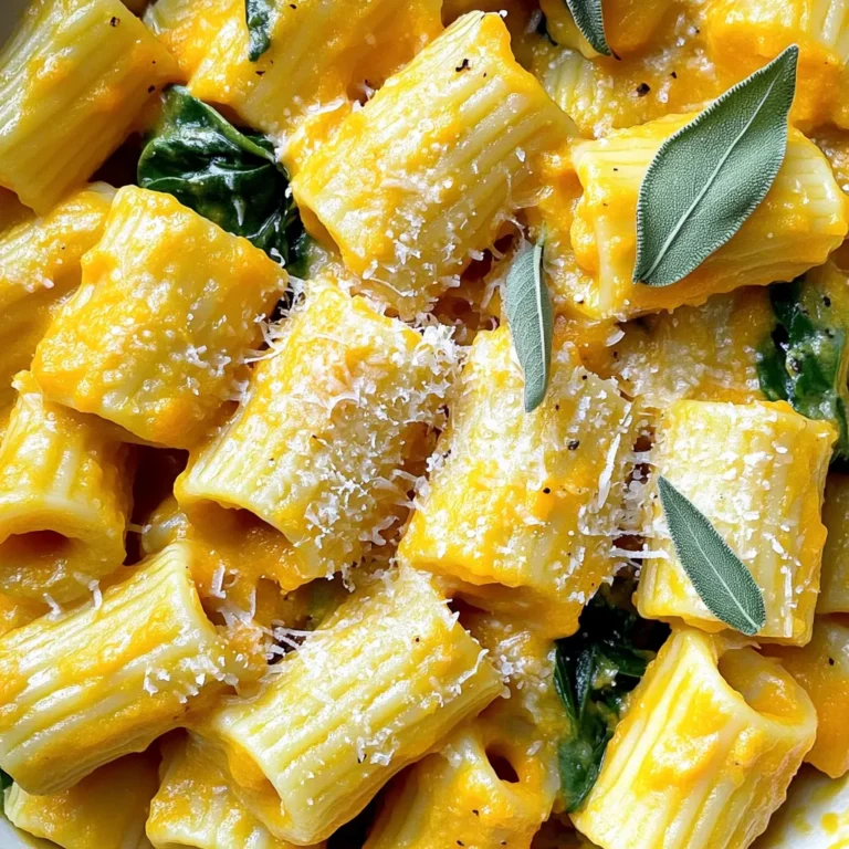 To make Creamy Roasted Butternut Squash Rigatoni, you need: - 1 medium butternut squash, peeled and diced - 2 tablespoons olive oil - Salt and pepper to taste - 12 oz rigatoni pasta - 1 cup vegetable broth - 1 cup heavy cream (or coconut cream for a dairy-free option) - 1 teaspoon garlic powder - 1 teaspoon onion powder - 1/2 teaspoon nutmeg - 1 cup freshly grated Parmesan cheese (or nutritional yeast for a vegan option) - 1 cup baby spinach - Fresh sage leaves for garnish You can mix it up with these choices: - Add cooked chicken or sausage for protein. - Use different greens like kale or arugula. - Swap butternut squash for sweet potato or pumpkin. - Toss in some nuts for crunch, like walnuts or pine nuts. Gather these tools: - A sharp knife for chopping. - A baking sheet for roasting. - A large pot for boiling pasta. - A blender or food processor for the sauce. - A serving bowl for mixing and serving. - Measuring cups and spoons for accuracy. First, you need a medium butternut squash. Peel it and dice it into small cubes. This helps it cook evenly. Next, take a baking sheet and toss the squash with 1 tablespoon of olive oil. Add salt and pepper to taste. Spread the squash out in a single layer. Now, preheat your oven to 400°F (200°C). Roast the squash for about 25 to 30 minutes. Halfway through, give it a toss so it cooks well. When it’s done, it should be soft and caramelized. While the squash roasts, bring a large pot of salted water to a boil. Add 12 oz of rigatoni pasta and cook it according to the package instructions. You want it to be al dente, which means it should be firm but not hard. Once cooked, drain the pasta, but save ½ cup of pasta water. This water will help with the sauce later. For the sauce, grab a blender or food processor. Add the roasted butternut squash, 1 cup of vegetable broth, and 1 cup of heavy cream. You can use coconut cream if you want a dairy-free option. Also, add 1 teaspoon of garlic powder, 1 teaspoon of onion powder, and ½ teaspoon of nutmeg. Blend this mixture until it's smooth and creamy. Next, take the same pot you used for the pasta. Pour in the blended sauce and cook over medium heat for about 5 minutes. Stir in 1 cup of grated Parmesan cheese until it melts. If the sauce is too thick, add some of the reserved pasta water to get your desired consistency. Once you have the perfect sauce, add the cooked rigatoni and 1 cup of baby spinach. Toss everything together until the pasta is well coated. Cook for an additional 2 to 3 minutes until the spinach wilts. Adjust the seasoning with more salt and pepper if needed. Now, your creamy roasted butternut squash rigatoni is ready to serve! To get the best flavor, choose a ripe butternut squash. Peel and dice it into even pieces. This helps them cook at the same rate. Toss the squash with olive oil, salt, and pepper. Spread the pieces on a baking sheet. Make sure they are in a single layer. This allows them to roast evenly. Roast in a preheated oven at 400°F (200°C) for 25-30 minutes. You want them to be tender and slightly caramelized. Toss them halfway through to avoid burning. To make a creamy sauce, blend the roasted squash with vegetable broth and cream. Use a blender or food processor for a smooth texture. If the sauce seems too thick, add reserved pasta water. Start with a little and mix until you reach the desired consistency. The sauce should coat the pasta without being runny. Seasoning is key to a tasty dish. Use garlic powder and onion powder for a savory base. Nutmeg adds warmth and depth. Adjust salt and pepper to your liking. Don’t forget to taste as you go! For extra flavor, consider adding fresh herbs like sage. They give a lovely aroma and taste. {{image_2}} You can easily make this dish vegan. Instead of heavy cream, use coconut cream. It gives a rich flavor. For cheese, swap Parmesan with nutritional yeast. This adds a cheesy taste without dairy. You won’t miss the creaminess! If you need a gluten-free option, choose gluten-free rigatoni. Many brands offer great choices. Check the package to ensure it cooks well. This swap keeps the dish tasty and safe for those with gluten issues. Want to boost the flavor? Try adding sautéed mushrooms or sun-dried tomatoes. They add depth and richness. Chopped walnuts or pine nuts add crunch. You can also sprinkle fresh herbs like thyme or rosemary for extra aroma. Enjoy experimenting with flavors! To keep your creamy roasted butternut squash rigatoni fresh, let it cool. Place it in an airtight container. You can store it in the fridge for up to three days. Make sure to label it with the date. This way, you’ll know when to eat it next. When you are ready to eat, reheat the rigatoni on the stove. Add a splash of water or broth to help it heat evenly. Stir gently over low heat until warm. You can also use a microwave. Place it in a microwave-safe dish, cover it, and heat for one to two minutes. Stir halfway to ensure even warming. If you want to save some for later, freezing is a great option. First, let the rigatoni cool completely. Then, place it in a freezer-safe container. It can stay in the freezer for up to three months. When you want to enjoy it again, thaw it overnight in the fridge. Reheat it as mentioned earlier. This keeps the flavors bright and delicious. Yes, you can use other types of pasta. While rigatoni holds the sauce well, penne, fusilli, or even farfalle work great. Just ensure the cooking time matches the pasta you choose. Cook until al dente for the best texture. To add spice, you can include red pepper flakes. Start with a pinch and taste as you go. You can also add fresh chopped chili peppers or a dash of hot sauce. These will enhance the flavor without overpowering the dish. For a great substitute, use nutritional yeast. It has a cheesy flavor and is vegan-friendly. Another option is to use a dairy-free Parmesan. You can also skip cheese altogether if you prefer a lighter dish. This blog post covered how to make a delicious butternut squash pasta. We talked about the key ingredients, including options for different diets. Step-by-step instructions showed how to prep the squash, cook the pasta, and create a creamy sauce. Useful tips helped enhance flavor and texture. I shared variations for vegan, gluten-free, and extra toppings. Finally, we discussed storage methods and answered common questions. Now you can enjoy this tasty dish however you like!