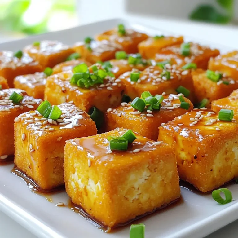 - Firm tofu - Soy sauce or tamari - Maple syrup - Rice vinegar - Sesame oil - Garlic and ginger - Cornstarch - Optional garnishes To make Air Fryer Crispy Teriyaki Tofu Bites, gather the right ingredients. You will need one block of firm tofu, about 14 ounces. If you prefer gluten-free, use tamari instead of soy sauce. For sweetness, you’ll add two tablespoons of maple syrup. Rice vinegar gives a nice tang, so use one tablespoon. Sesame oil adds a rich flavor, so don’t skip it. You'll also need two cloves of minced garlic and one teaspoon of grated ginger for a fresh kick. Cornstarch is key for that crispy texture. You may also want to add optional garnishes like sesame seeds and chopped green onions for extra flavor and presentation. These simple ingredients combine to create a tasty and satisfying snack that everyone will love. To start, you need to drain the tofu. Use a clean kitchen towel to wrap it tightly. Then, place a heavy object on top for about 15-20 minutes. This helps squeeze out excess moisture. Once pressed, cut the tofu into cubes. Aim for 1-inch pieces. This size will cook evenly and soak up the sauce nicely. Now, let’s make the marinade. In a bowl, mix together the following ingredients: - 1/4 cup soy sauce (or tamari) - 2 tablespoons maple syrup - 1 tablespoon rice vinegar - 1 tablespoon sesame oil - 2 cloves garlic, minced - 1 teaspoon ginger, grated Whisk these together until blended well. This mixture is what gives the tofu its great flavor. Next, it's time to marinate the tofu. Place the tofu cubes in a separate bowl. Pour the marinade over them, ensuring every piece gets coated. Let the tofu sit in the marinade for at least 15 minutes. For a stronger flavor, you can marinate it for up to 1 hour. The longer it sits, the better it tastes! Before air frying, preheat your air fryer to 375°F (190°C). This step is key for crispy tofu. After marinating, take the tofu pieces out and let the excess sauce drip off. Dust the cubes with 1 tablespoon of cornstarch. Toss gently to coat them evenly. This will help achieve that crispy texture. Place the tofu cubes in a single layer in the air fryer basket. Make sure they are not crowded. Cook for 12-15 minutes. Shake the basket halfway through to ensure even cooking. They should turn golden brown and crispy. If you like, sprinkle sesame seeds over the tofu in the last 2 minutes of cooking for extra crunch. Once finished, let them cool for a minute, then garnish with chopped green onions before serving. Enjoy your tasty snack! To make your tofu bites extra crispy, cornstarch is key. This powder coats the tofu and helps it fry up nice and crunchy. When you toss the tofu with cornstarch, make sure all sides are covered. This small step makes a big difference in texture. Using the air fryer is also essential for getting that perfect crunch. Preheat your air fryer to 375°F (190°C) for about 5 minutes. This hot environment helps create a crisp outer layer while keeping the inside soft. Avoid overcrowding the basket. Give each piece room to breathe so hot air can circulate around it. You can take your teriyaki tofu to the next level with some extra spices and herbs. Try adding a pinch of red pepper flakes for heat or a sprinkle of smoked paprika for a smoky flavor. Fresh herbs like cilantro or basil also add a nice touch. If you're looking for alternatives to soy sauce, you can use tamari for a gluten-free option. Coconut aminos is another great choice. It has a similar taste but is lower in sodium. You can even use miso paste mixed with a bit of water. This adds a rich umami flavor that pairs well with tofu. {{image_2}} You can change the flavor of your crispy teriyaki tofu bites by trying different marinades. Here are some ideas: - Sweet and spicy variations: Add chili paste or sriracha to the marinade for a kick. You can also mix in some brown sugar for extra sweetness. This combo gives a bold taste that dances on your palate. - Using different vinegars: While rice vinegar is great, you can swap it for apple cider vinegar or balsamic vinegar. Each vinegar adds a unique tang. Experiment and find your favorite twist on the classic flavor. Pair your crispy tofu bites with fun sides and dips. Here are some tasty ideas: - Best sides and dips to pair: Serve your tofu with steamed broccoli, rice, or a fresh salad. You can also dip them in a spicy mayo or creamy peanut sauce for extra flavor. - How to use in bowls or salads: These tofu bites shine in grain bowls or salads. Toss them with quinoa, spinach, and avocado for a healthy meal. You can also add them to a stir-fry for a quick dinner. Enjoy the crunch and flavor in every bite! To keep your Air Fryer Crispy Teriyaki Tofu Bites fresh, follow these steps: - Refrigeration guidelines: Store any leftovers in an airtight container. Place them in the fridge for up to 3 days. This keeps the tofu bites safe and tasty. - Freezing for later use: If you want to save them longer, freeze the tofu bites. Lay them flat on a baking sheet to freeze first. Once frozen, transfer them to a freezer bag. They can last for about 2 months in the freezer. When ready to eat, thaw them in the fridge overnight. To enjoy your tofu bites again, reheating is key. Here are the best methods: - Air fryer: Preheat your air fryer to 375°F (190°C). Place the tofu bites in a single layer. Heat for about 5-7 minutes. This keeps them crispy and warm. - Oven: You can also heat them in the oven. Preheat your oven to 375°F (190°C). Spread the tofu bites on a baking sheet. Bake for about 10-12 minutes to restore their crunch. Following these tips will help ensure your Air Fryer Crispy Teriyaki Tofu Bites stay delicious and enjoyable! Yes, you can use extra-firm tofu. The main difference lies in texture. Extra-firm tofu has less moisture and provides a denser bite. This can result in a chewier texture when cooked. If you choose extra-firm, you may not need to press it as long. The key is to ensure the tofu is well-drained for best results. To make this recipe gluten-free, simply swap soy sauce for tamari. Tamari is a gluten-free soy sauce alternative. It has a similar flavor profile, so your teriyaki tofu bites will still taste delicious. Always check labels for hidden gluten in other ingredients, too, especially in sauces. Yes, you can bake the tofu if you prefer. Preheat your oven to 400°F (200°C). Arrange the marinated tofu cubes on a baking sheet lined with parchment paper. Bake for 25-30 minutes. Flip the tofu halfway through to ensure even cooking. Baking may not yield the same crispiness as air frying, but it will still be tasty! You can make delicious air-fried tofu with just a few simple steps. We covered key ingredients, like firm tofu and flavorful marinades. We explored how to prepare and marinate the tofu to soak up the taste. Crispiness comes from cornstarch and air fryer tricks. There are many ways to enjoy this dish, with variations and great storage tips. In the end, this recipe is easy and flexible, perfect for any meal. Enjoy your tasty air-fried tofu!