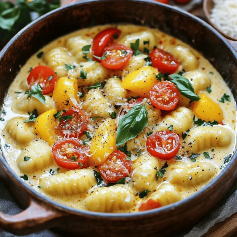 - 16 oz package of gnocchi - Olive oil - Medium onion - Garlic cloves - Red and yellow bell peppers - Cajun seasoning - Heavy cream - Vegetable broth - Baby spinach - Cherry tomatoes - Grated Parmesan cheese - Salt and pepper - Fresh parsley Gathering the right ingredients is key. Start with a 16 oz package of gnocchi. This is the star of our dish. Next, grab some olive oil to sauté your veggies. You will need one medium onion, diced. The onion adds sweetness and depth. Don't forget three garlic cloves, minced. Garlic brings a nice punch. You also need one red bell pepper and one yellow bell pepper, both diced. These add color and crunch. Next, pick up Cajun seasoning. This adds the signature flavor. For creaminess, you will use one cup of heavy cream. You will also need one cup of vegetable broth for a rich base. Add one cup of baby spinach for freshness. Cherry tomatoes, halved, add brightness and a burst of flavor. You will want half a cup of grated Parmesan cheese for that creamy finish. Finally, don't forget salt and pepper to taste and some fresh parsley for garnish. With these ingredients, you will create a dish that bursts with flavor and is perfect for a weeknight meal. First, heat one tablespoon of olive oil in a large pot over medium heat. Add the diced onion. Sauté the onion for about 3 to 4 minutes. You want it soft and see-through. Then, add three cloves of minced garlic along with one diced red bell pepper and one diced yellow bell pepper. Cook these for another 3 to 4 minutes. The peppers should be tender and bright. Next, sprinkle in one tablespoon of Cajun seasoning. Mix it well with the veggies. Cook this for about one minute. This helps the spices release their nice smell. Now, pour in one cup of heavy cream and one cup of vegetable broth. Stir the mix and bring it to a simmer. Now it's time to add the gnocchi. Use a 16 oz package of store-bought gnocchi. Stir it gently to coat it with the creamy sauce. Cook according to the package instructions, usually around 2 to 3 minutes. You’ll know they are ready when they float to the top. Once the gnocchi are cooked, fold in one cup of baby spinach and one cup of halved cherry tomatoes. Stir until the spinach wilts and the tomatoes soften, which takes about 2 minutes. Finally, remove the pot from the heat. Stir in half a cup of grated Parmesan cheese until it melts into a smooth, creamy mix. Taste and add salt and pepper as needed. Let it sit for one minute to thicken before serving warm. Enjoy your meal! To avoid mushy gnocchi, cook them briefly. Follow the package instructions closely. Gnocchi should float when done. If they stay at the bottom, they need a bit more time. Stir gently to keep them intact. For even cooking of vegetables, cut them into small, uniform pieces. This way, they cook at the same rate. Start with the onion, then add garlic and bell peppers. This order helps build flavor. To boost flavor, try adding smoked paprika or cayenne pepper. These spices enhance the Cajun taste. Fresh herbs like thyme or oregano can also add depth. For a spicier dish, increase the Cajun seasoning. You can add a dash of hot sauce for extra heat. This dish pairs nicely with garlic bread or a simple salad. A fresh side adds balance to the rich flavors. For garnishing, sprinkle fresh parsley on top before serving. It adds color and freshness. You can also add extra Parmesan for a cheesy finish. {{image_2}} For extra protein, you can add chicken. Use boneless chicken breasts or thighs. Cut them into small pieces and sauté them in olive oil before adding your veggies. This gives a nice, hearty flavor. Shrimp is another tasty choice. Just toss them in when you add the gnocchi. They cook quickly and add a lovely seafood twist. You can also use sausage. Slice it up and sauté it with the onions and peppers for added depth. If you want a vegetarian dish, replace the gnocchi with cauliflower gnocchi. It’s a fun twist that keeps the meal light. You can even use whole wheat gnocchi for a healthier option. For a dairy-free version, swap heavy cream for coconut milk or cashew cream. These alternatives keep the dish rich and creamy while being plant-based. Seasonal vegetables are a great way to change up the dish. Try zucchini, asparagus, or mushrooms. Each brings unique flavors. Just chop them and add them in with the other veggies. When it comes to using frozen or fresh produce, both work well. Fresh veggies offer great taste, but frozen ones save time. Just make sure to thaw and drain extra water from frozen veggies before adding them. This helps keep the sauce thick and creamy. To keep your One-Pot Creamy Cajun Gnocchi fresh, follow these steps. First, let the dish cool to room temperature. Then, place it in an airtight container. This helps to keep moisture in and air out. Store the container in the fridge for up to three days. It’s best to eat it fresh, but this method works well for leftovers. When you’re ready to enjoy leftovers, you have a few options. The best method is to reheat in a pot over low heat. Stir often to avoid burning. You can also use the microwave, but be careful. Heat in short bursts of 30 seconds. This helps keep the gnocchi creamy. If it looks too thick, add a splash of broth or cream. Yes, you can freeze One-Pot Creamy Cajun Gnocchi! To do this, first let it cool completely. Then, use a freezer-safe container or bag. Make sure to remove as much air as possible. Label it with the date. This dish can stay in the freezer for up to three months. When you’re ready to eat, thaw it overnight in the fridge. Then, reheat it as mentioned above for the best results. You can swap heavy cream for several lighter options. Here are some ideas: - Coconut milk: This gives a rich taste and adds a hint of sweetness. - Greek yogurt: Mix it with a bit of vegetable broth for creaminess. - Cashew cream: Blend soaked cashews with water for a smooth base. - Milk and butter: Combine equal parts of milk and melted butter for a quick fix. These alternatives can still keep your dish creamy and tasty. Gnocchi cooks quickly, so watch for these signs: - Floating: When gnocchi rise to the top of the pot, they’re ready. - Soft texture: They should feel tender when you bite into one. - Timing: Usually, it takes about 2-3 minutes to cook. These signs help ensure your gnocchi are cooked just right. Yes, you can prep this dish in advance. Here are some tips: - Cook the veggies: You can sauté the onion, garlic, and peppers ahead of time. Store them in the fridge. - Make the sauce: Prepare the creamy base and store it separately. - Cook the gnocchi: It’s best to cook gnocchi fresh, as it can get mushy when stored. These steps save time and keep your meal fresh for busy nights. You’ve learned how to make One-Pot Creamy Cajun Gnocchi using simple steps and tasty ingredients. We covered everything from prepping vegetables to storage tips, so you can enjoy this dish any time. Whether you want to spice it up or keep it simple, there are plenty of options. The key is to have fun while cooking. This dish can easily become a favorite in your home. Make it your way, and share it with friends!