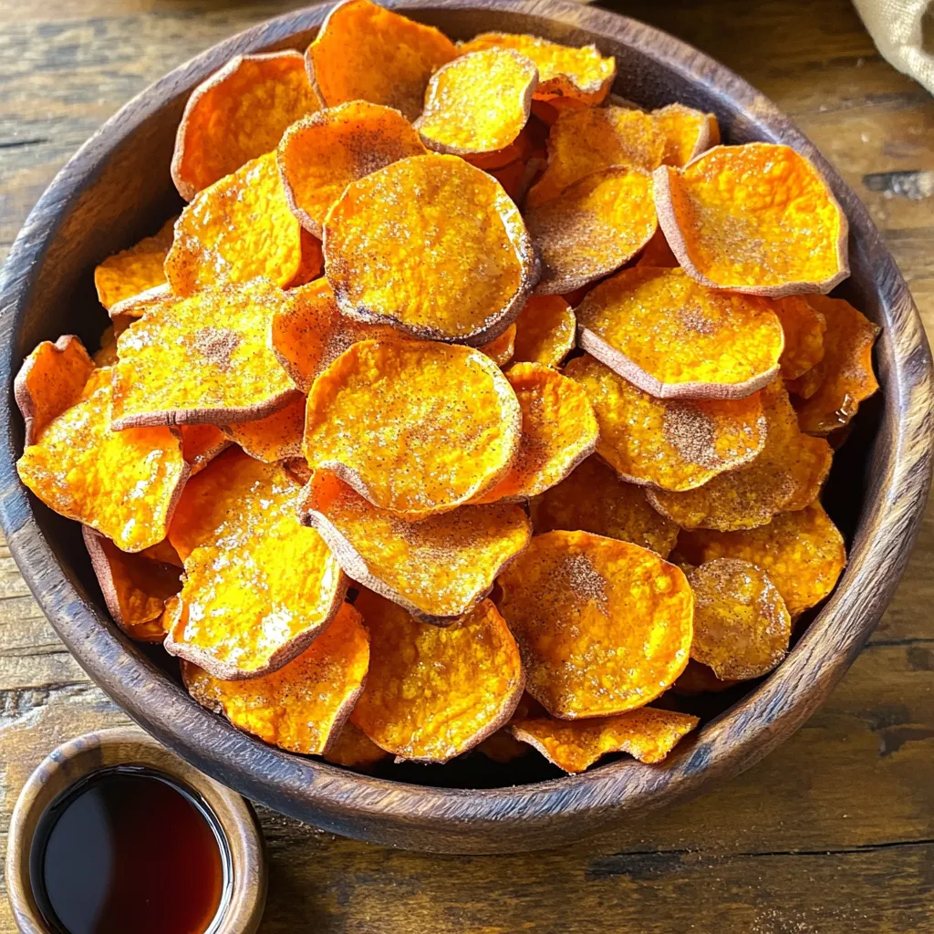 - Sweet potatoes: The star of this recipe. Choose large sweet potatoes for the best flavor. They should be firm and smooth. - Coconut oil and its role: I use coconut oil for its health benefits and rich taste. It helps the chips crisp nicely and adds a hint of tropical flavor. - Maple syrup and flavor notes: Pure maple syrup adds natural sweetness. It balances the savory notes of sweet potatoes and cinnamon. I love the rich, warm flavor it brings. - Cinnamon and additional spices: Ground cinnamon gives these chips their cozy taste. I also add a pinch of nutmeg for extra warmth. The sea salt enhances all the flavors and makes every bite pop. 1. First, preheat your oven to 350°F (175°C). This step ensures even cooking. 2. Next, prepare your baking sheets. Line two sheets with parchment paper. This makes cleanup easy. 3. Wash and peel your sweet potatoes. This helps remove dirt and skin. 4. Slice the sweet potatoes thinly. Aim for about 1/8 inch thick. This helps them cook evenly. 1. In a large bowl, combine the melted coconut oil and maple syrup. 2. Add ground cinnamon and sea salt to the bowl. If you like, add a pinch of nutmeg. 3. Whisk the mixture together until smooth and well blended. 4. Toss the sweet potato slices in the bowl. Make sure they get coated well. 1. Spread the sweet potato slices on your prepared baking sheets. Lay them in a single layer. They should not overlap. 2. Bake the chips for 20 to 25 minutes. Keep an eye on them for the perfect crunch. 3. Flip the chips halfway through. This helps them cook evenly on both sides. 4. Look for a golden brown color. This is a sign that they are done. To get the best crunch, slice the sweet potatoes thin. Aim for about 1/8 inch thick. This thickness helps them cook evenly and become crispy. If the slices are too thick, they will be soft. When placing the slices on the baking sheets, give them space. Arrange them in a single layer. If they overlap, they will steam instead of crisp. This step is key for that satisfying crunch. For a fun presentation, serve the sweet potato chips in a rustic bowl. A wooden platter works great too. Sprinkle a little cinnamon on top for a pretty touch. Add a small bowl of maple syrup on the side. This makes dipping easy and tasty! You can also pair these chips with other snacks. They go well with fresh veggies or a fruit salad. They make a great side dish for sandwiches or burgers. You can change the flavor to suit your taste. If you want more sweetness, add extra maple syrup. For a spicier kick, increase the cinnamon or add cayenne pepper. A pinch of nutmeg adds warmth too. Experiment to find your perfect blend! {{image_2}} You can swap maple syrup with honey or agave syrup. Both add sweetness and flavor. If you want a sugar-free option, try a sugar substitute like stevia. This keeps the sweetness without added sugar. Get creative with your spices! You can add a pinch of ginger or allspice for warmth. Try adding cacao nibs or coconut flakes for extra texture and taste. These toppings make your chips even more fun! Dips can make your sweet potato chips shine. Consider serving them with a yogurt dip or a spicy salsa. Maple syrup on the side also enhances the sweet flavor. To keep your sweet potato chips fresh, use an airtight container. Choose one that seals well. This will help prevent air from making your chips soft. Store them at room temperature, away from light. The shelf life of these chips is up to a week. If you can resist eating them all, they can last longer if stored right! If your chips lose their crunch, don't worry! You can easily bring back their crispness. For the best results, use your oven. Preheat it to 350°F (175°C). Spread the chips out on a baking sheet. Heat them for about 5-10 minutes. This will revive their crunch. If you’re in a hurry, you can use the microwave. Place a few chips on a plate. Microwave them for about 30 seconds. Keep an eye on them to avoid sogginess. Enjoy your chips just like they were fresh from the oven! Homemade sweet potato chips stay fresh for about a week. Store them in an airtight container. Keep them in a cool, dry place. If they last that long, you’ve done well! Yes, you can make sweet potato chips in an air fryer. Set the air fryer to 350°F (175°C). Arrange the slices in a single layer. Cook for about 15-20 minutes. Shake the basket halfway through for even cooking. If your chips aren't crispy, check the slice thickness. Thinner slices crisp up better. Also, ensure they are not overlapping on the baking sheet. Lastly, bake them a bit longer until they reach that perfect crunch. Sweet potato chips can be a healthy snack. They are lower in calories than regular potato chips. Sweet potatoes are high in vitamins and fiber. The coconut oil and maple syrup add flavor but in moderation. Enjoy them as part of a balanced diet! We explored how to make delicious sweet potato chips from scratch. You learned about the key ingredients, like sweet potatoes and spices, that boost flavor. I shared clear steps for preparation, mixing, and baking, ensuring perfect results. We also discussed tips for crispiness, serving ideas, and customization options. In closing, making your own sweet potato chips gives you control over taste and nutrition. Enjoy experimenting with flavors and share them with others!