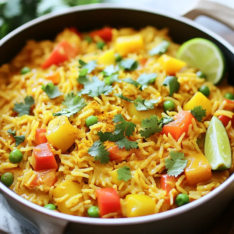 To make One Pot Coconut Curry Rice, gather the following ingredients: - 1 cup basmati rice - 1 can (400 ml) coconut milk - 1 ½ cups vegetable broth - 1 tablespoon olive oil - 1 medium onion, diced - 3 cloves garlic, minced - 1 tablespoon fresh ginger, grated - 1 bell pepper (any color), diced - 1 cup frozen peas - 1 tablespoon curry powder - 1 teaspoon turmeric - 1 teaspoon cumin - 1 tablespoon soy sauce (or tamari for gluten-free) - Salt and pepper to taste - Fresh cilantro for garnish - Lime wedges for serving For this recipe, you will need a few kitchen tools: - A large pot with a lid - A cutting board - A knife for chopping - Measuring cups and spoons - A wooden spoon for stirring These tools help in making the cooking process smooth and easy. With them, you can prepare this tasty dish in no time! Start by heating olive oil in a large pot over medium heat. Add the diced onion and cook for about 2-3 minutes. You want the onion to be soft and clear. Next, stir in the minced garlic and grated ginger. Cook this mix for one more minute until you smell the lovely aroma. Then, toss in the diced bell pepper and cook for another 2-3 minutes. This step adds color and flavor to your dish. Now it's time to spice things up! Sprinkle in the curry powder, turmeric, and cumin. Make sure to stir well to coat the veggies. Cook this mixture for about 30 seconds. You will start to smell the amazing spices. Next, rinse your basmati rice under cold water. Keep rinsing until the water runs clear. This step helps to remove excess starch and keeps the rice from becoming sticky. Add the rinsed rice to the pot and stir it in with the spices and vegetables. Now pour in the coconut milk and vegetable broth. Add the soy sauce and season with salt and pepper. Stir everything well to combine. Bring the mixture to a boil, then lower the heat. Cover the pot and let it simmer for 15-20 minutes. This is when the rice cooks and absorbs all that wonderful flavor. When the rice is almost done, stir in the frozen peas for the last five minutes. This way, they warm through without overcooking. Once the rice is tender, take the pot off the heat. Let it sit, covered, for five more minutes. This resting time helps the rice finish cooking. Finally, fluff the rice with a fork. Serve it hot, garnished with fresh cilantro and lime wedges. The lime adds a zesty kick. Enjoy your One Pot Coconut Curry Rice! To get the best rice, rinse it well before adding it to the pot. This will remove extra starch and help it cook evenly. Use a fine mesh strainer and run cold water over the rice until the water runs clear. This step is key for fluffy rice. Keep an eye on the pot while it cooks. If you see it bubbling too much, lower the heat. You want a gentle simmer. Using fresh herbs can really boost the taste of your curry rice. Chop some cilantro and sprinkle it on top before you serve. For more flavor, you can add a squeeze of lime juice right before eating. This adds a zesty kick. Don't be afraid to play with spices too. If you want a richer flavor, try adding more curry powder or even some chili flakes for heat. This dish pairs well with many sides. Serve it with a fresh salad or some roasted veggies. You can also enjoy it with naan or pita bread. If you like protein, top it with grilled chicken or shrimp. This adds a nice texture and taste. For a complete meal, consider making a yogurt sauce to drizzle over the top. It adds creaminess that balances the spices. {{image_2}} You can add protein to make your dish heartier. Chicken, shrimp, or tofu work well. For chicken, use about 1 pound, cut into bite-sized pieces. Cook it after the onion and before adding the vegetables. For shrimp, add 1 pound during the last 5 minutes of cooking. If using tofu, try 1 block, drained and cubed. Add it with the rice for extra flavor. Feel free to swap vegetables based on what you have. Carrots, zucchini, or spinach are great options. For carrots, slice 1-2 into thin rounds and add them with the onions. For zucchini, chop 1 medium-sized one and mix it in with the bell pepper. If you like greens, toss in 2 cups of spinach during the last few minutes of cooking. To adjust the heat, change the amount of curry powder or add fresh chilies. If you want mild heat, use 1 tablespoon of curry powder. For more spice, try 2 tablespoons. You can also add chopped jalapeños or serranos to taste. If you prefer less spice, use sweet curry powder or omit it altogether. Always adjust to your taste! Store your One Pot Coconut Curry Rice in an airtight container. Let it cool first. Place it in the fridge within two hours of cooking. It will stay fresh for about 3 to 4 days. When you’re ready to eat, give it a good stir. You can freeze this dish too! Use a freezer-safe container for best results. Make sure it is cool before you pack it away. It should last for about 2 to 3 months in the freezer. When you want to eat it, thaw it overnight in the fridge. To reheat, use the microwave or a pot on the stove. If using the microwave, heat in 1-minute intervals. Stir often to make sure it heats evenly. If using a pot, add a splash of water or broth to keep it moist. Heat on low until warm. Enjoy your meal! Yes, you can use brown rice. Brown rice adds a nutty flavor and more fiber. You will need to adjust the cooking time. Brown rice takes longer to cook than basmati. Plan for about 40-50 minutes of cooking time. Also, add more liquid, about 2 cups of broth for each cup of rice. Yes, this dish is vegan. It uses coconut milk and vegetable broth. All the ingredients are plant-based. You can enjoy it without any animal products. It's a great choice for those who follow a vegan diet. To add spice, use more curry powder or add chili flakes. You can also add fresh chopped chilies. For a smoky flavor, try adding smoked paprika. Taste as you go to find your perfect heat level. You can serve this dish with a side salad or roasted vegetables. Naan bread goes well too. For extra protein, add chickpeas or tofu. A cool yogurt sauce can balance the spice nicely. You learned about the key ingredients, cooking steps, and tips for One Pot Coconut Curry Rice. We explored how to prepare vegetables and cook rice to get the perfect texture. You can enhance flavors with herbs or adjust spice levels to your liking. Don't forget the storage tips for leftovers. This dish is simple and versatile for any meal. Try making it your own with different proteins or veggies. Enjoy a tasty meal that you can easily adapt and share!