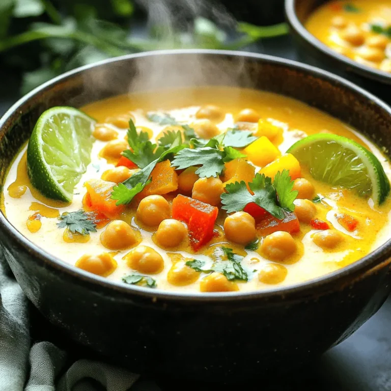 - 2 cups canned chickpeas, rinsed and drained - 1 can (14 oz) coconut milk - 2 tablespoons red curry paste - 1 tablespoon vegetable oil - 1 medium onion, finely chopped - 2 garlic cloves, minced - 1 inch ginger, grated - 1 bell pepper, diced (red or yellow for sweetness) - 2 cups vegetable broth - 1 tablespoon soy sauce - 1 tablespoon lime juice - Salt and pepper to taste - Fresh cilantro for garnish You can switch out chickpeas for other legumes like lentils or black beans. This soup can also use almond or oat milk instead of coconut milk. If you want less sodium, choose low-sodium vegetable broth. When picking chickpeas, look for firm and shiny beans. For coconut milk, choose brands that list coconut as the first ingredient. Pick bell peppers that feel heavy and have shiny skin for the best taste. Prepping the workspace Start by clearing your counter. Gather all your tools and ingredients. You need a large pot, a cutting board, and a knife. This makes cooking easier and more fun. Chopping vegetables Next, chop your onion, garlic, and ginger. Cut the onion into small pieces. Mince the garlic cloves and grate the ginger. Then, dice the bell pepper. A colorful bell pepper adds sweetness and taste. Sautéing onions Heat vegetable oil in your pot over medium heat. Add the chopped onion. Cook it for about five minutes until it turns translucent. This step builds the base flavor of your soup. Adding garlic and ginger Now, stir in the minced garlic and grated ginger. Cook them for one minute. This will release a wonderful aroma and flavor into your pot. Incorporating bell pepper and spices Add the diced bell pepper to the pot. Cook for three to four minutes until the pepper is soft. Then, mix in the red curry paste. This spice adds a rich, warm flavor to the soup. Simmering the soup Pour in the coconut milk and vegetable broth. Stir everything together until mixed well. Add the rinsed chickpeas and bring the soup to a gentle simmer. Cook for about 15 minutes. This allows the flavors to blend and become rich. Adjusting seasoning After simmering, stir in the soy sauce and lime juice. Taste your soup and add salt and pepper as needed. Adjusting the seasoning is key to a delicious soup. Garnishing with cilantro Finally, serve your soup hot. Garnish it with fresh cilantro on top. This adds a nice burst of color and flavor. Enjoy your Coconut Curry Chickpea Soup! To boost flavor in your soup, try adding spices. You can use cumin, turmeric, or coriander. Each spice adds depth to the base. For sweetness, you can use a touch of brown sugar or honey. To balance, add lime juice. This helps cut through the creaminess of the coconut milk. If you want thicker soup, add more chickpeas. You can also blend a portion of the soup. This will make it creamy without using more coconut milk. For the best simmer, keep the heat low. A slow simmer helps flavors meld and grow stronger. Stir often to prevent sticking. If your soup is too spicy, add more coconut milk. This will cool the heat. You can also add more chickpeas or some sugar. If flavors seem bland, season with salt and lime juice. Fresh cilantro at the end adds a bright taste too. {{image_2}} You can easily make this soup vegan and gluten-free. The ingredients are already plant-based. Use coconut milk and vegetable broth for a creamy base. If you want low-carb options, swap chickpeas for cauliflower or zucchini. These swaps keep the dish tasty and light. Feel free to use different legumes. Black beans or lentils can add new flavors and textures. You can also add greens like kale or spinach for extra nutrients. To customize the spice level, use less red curry paste for a milder taste. You can also add more for a bolder kick. Adding more veggies makes the soup even better. Try spinach for a pop of color or broccoli for crunch. Fresh herbs like basil or mint can brighten the dish. A squeeze of lime juice at the end can also boost the flavor. Experiment with these ideas to find your favorite mix! To keep your Coconut Curry Chickpea Soup fresh, store it in an airtight container. Make sure it cools to room temperature first. This helps prevent condensation inside the container. In the fridge, the soup lasts for about 3 to 5 days. Always check for any off smells or changes in texture before eating leftovers. If you want to save the soup for later, freezing is a great option. Pour the cooled soup into freezer-safe containers. Leave some space at the top since the soup will expand when frozen. It can stay in the freezer for up to 3 months. To thaw, move the container to the fridge overnight. You can also use the microwave for quick thawing if needed. When it’s time to enjoy your soup again, you have a few options. The stovetop is best for keeping the flavor strong. Pour the soup into a pot and heat it over medium heat. Stir often until it's hot. If you use a microwave, heat it in short intervals. Stir between sessions to avoid hot spots. Both methods work, but stovetop reheating gives the best taste. Can I use dried chickpeas instead of canned? Yes, you can use dried chickpeas. Soak them overnight and cook them until tender. This adds time, but it can enhance the flavor. Is this soup suitable for meal prep? Absolutely! This soup stores well. You can make it ahead and keep it in the fridge for up to four days. How can I make this soup spicier? To add heat, you can increase the red curry paste. You can also add red pepper flakes or fresh chili peppers. Caloric content per serving Each serving has about 300 calories. This makes it a filling meal. Health benefits of main ingredients - Chickpeas provide protein and fiber, which are good for digestion. - Coconut milk adds healthy fats that support heart health. - Red curry paste contains spices that may boost metabolism. What to serve with Coconut Curry Chickpea Soup? This soup pairs well with rice or naan. They soak up the tasty broth. Recommended side dishes or bread options You might enjoy a simple salad. Fresh greens with a light dressing can balance the soup's richness. This article covered all you need for Coconut Curry Chickpea Soup. We explored the ingredients, from chickpeas to fresh cilantro. I shared tips for selecting fresh items and ideas for substitutions. You learned cooking steps and final touches for a great flavor. We also covered storage tips and how to fix common issues. Remember, cooking is about creativity. Don’t hesitate to make this soup your own!