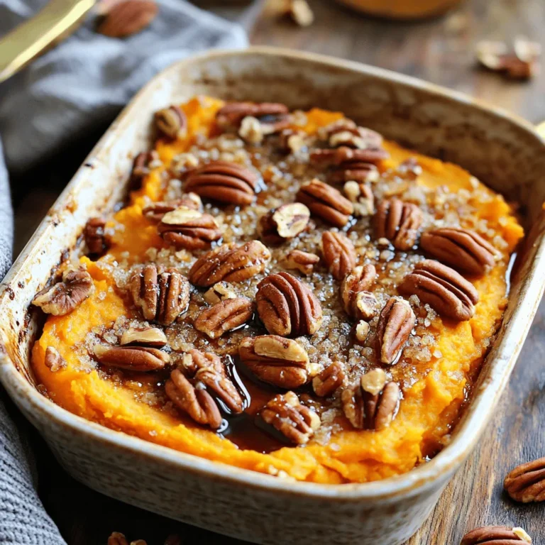- 4 medium sweet potatoes, peeled and diced - 1/4 cup maple syrup - 1/4 cup unsalted butter, melted - 1/2 cup milk (or almond milk for a dairy-free option) - 1 teaspoon vanilla extract - 1/2 teaspoon ground cinnamon - 1/4 teaspoon nutmeg - 1/4 teaspoon salt - 1 cup pecans, chopped - 1/2 cup brown sugar (packed) - 1/4 cup all-purpose flour To make the Maple Pecan Sweet Potato Casserole, gather these fresh ingredients. Sweet potatoes are the star here. They add a natural sweetness and creamy texture. Maple syrup gives it a rich, sweet flavor. Unsalted butter adds richness, while milk or almond milk keeps it creamy. Vanilla extract enhances the flavor, and spices like cinnamon and nutmeg add warmth. Don’t forget a pinch of salt to balance the sweetness. The pecans provide crunch and depth, while brown sugar and flour create a crispy topping. These ingredients come together to create a dish that is not only tasty but also comforting. You’ll love how they blend into a delightful casserole. So, line up your ingredients and get ready to create something special. 1. Preheat the oven to 350°F (175°C). This helps the casserole cook evenly. 2. Boil the diced sweet potatoes in a large pot. Use salted water and cook for about 15-20 minutes. They should be tender. 3. Drain the sweet potatoes and let them cool slightly. Then, mash them until smooth. This makes the base creamy. 1. In a large mixing bowl, combine the mashed sweet potatoes with maple syrup, melted butter, milk, vanilla extract, ground cinnamon, nutmeg, and salt. Mix until it is well combined. You want all the flavors to blend nicely. 2. In a separate bowl, prepare the pecan topping. Mix the chopped pecans with brown sugar and all-purpose flour. This adds a crunchy layer. 1. Transfer the sweet potato mixture into a lightly greased baking dish, around 9x13 inches. Spread it out evenly. 2. Sprinkle the pecan topping over the sweet potato layer. Make sure to cover it well. 3. Bake in the preheated oven for 25-30 minutes. Watch for it to turn golden and bubbly. This means it is ready. To make your sweet potato casserole perfect, start by mashing the sweet potatoes evenly. If you leave lumps, it can affect the texture. Use a potato masher or a mixer for a smooth result. Next, adjust the sweetness to your liking. Some may prefer more maple syrup, while others like it less sweet. Taste the mixture before baking to find your ideal balance. Presentation matters! Serve the casserole warm, and make it look special. Top it with a few whole pecans for a nice touch. Drizzle extra maple syrup on top for added sweetness. You can also use individual ramekins for a cozy, personal serving style. This makes each dish feel special and fun. Be careful not to overcook the sweet potatoes. If they are too soft, they can become watery. Drain them well after boiling to keep the mix creamy. Also, don’t skip the pecan topping! It adds a crunchy texture and a sweet flavor that balances the dish well. Without it, the casserole lacks that delightful crispiness. {{image_2}} If you want to make this casserole dairy-free, use almond milk instead of regular milk. Almond milk blends well and keeps the dish creamy. You can also skip the butter and use coconut oil instead. This keeps the flavor rich while removing dairy. For gluten-free options, replace all-purpose flour with almond flour or oat flour. Both give a great texture. Just make sure you check labels to avoid hidden gluten. To add a punch of flavor, consider using spices like ground ginger or cloves. These spices warm up the dish and add depth. You can also try adding a pinch of cayenne pepper for a slight kick, if you like spice. Another fun idea is to mix in other nuts. Walnuts or hazelnuts can add a different crunch. You can even sprinkle some chocolate chips on top for a sweet twist. This dish is not just for sweet potatoes! You can swap them with pumpkin or butternut squash in the fall. Both options bring a nice, sweet flavor. They also keep the dish colorful and festive. For holidays, customize the casserole with toppings like mini marshmallows or cranberries. These add a pop of color and flavor. You can adjust the sweetness to match your holiday spirit! Store leftovers in the fridge. Use airtight containers to keep the casserole fresh. Ensure the dish cools down before sealing. This way, you maintain its taste and texture. You can freeze this casserole before or after baking. For freezing before baking, assemble the dish, cover it tightly, and place it in the freezer. If you freeze after baking, let it cool completely first. To thaw, move it to the fridge overnight. Reheat in the oven at 350°F until warm. For best taste, enjoy the casserole within three to five days when stored in the fridge. If frozen, it can last up to three months. Always check for off smells or changes in color before eating. Yes, you can prepare this casserole a day before. Make the sweet potato mixture and put it in the fridge. Keep the pecan topping in a separate bowl. Before baking, add the pecan topping to the sweet potato layer. This method saves time and allows flavors to meld. If you don't have maple syrup, honey works well. Brown sugar is another option for sweetness. You can also try agave nectar or molasses for a different flavor. Just remember to adjust the amount to fit your taste. The casserole is done when it looks golden and bubbly. You can check with a fork. If it goes in easily, the casserole is ready. Let it cool for a few minutes before serving. This helps the flavors set and makes it easier to serve. This blog post covered everything you need to make a sweet potato casserole. We looked at the key ingredients and the simple steps for preparation and baking. I shared tips to avoid common mistakes and included fun variations for dietary needs and seasonal flavors. Remember, storing your leftovers properly keeps them fresh. When you follow these steps, you’ll enjoy a delightful dish that impresses at any meal. I hope you feel ready to make this tasty casserole soon!