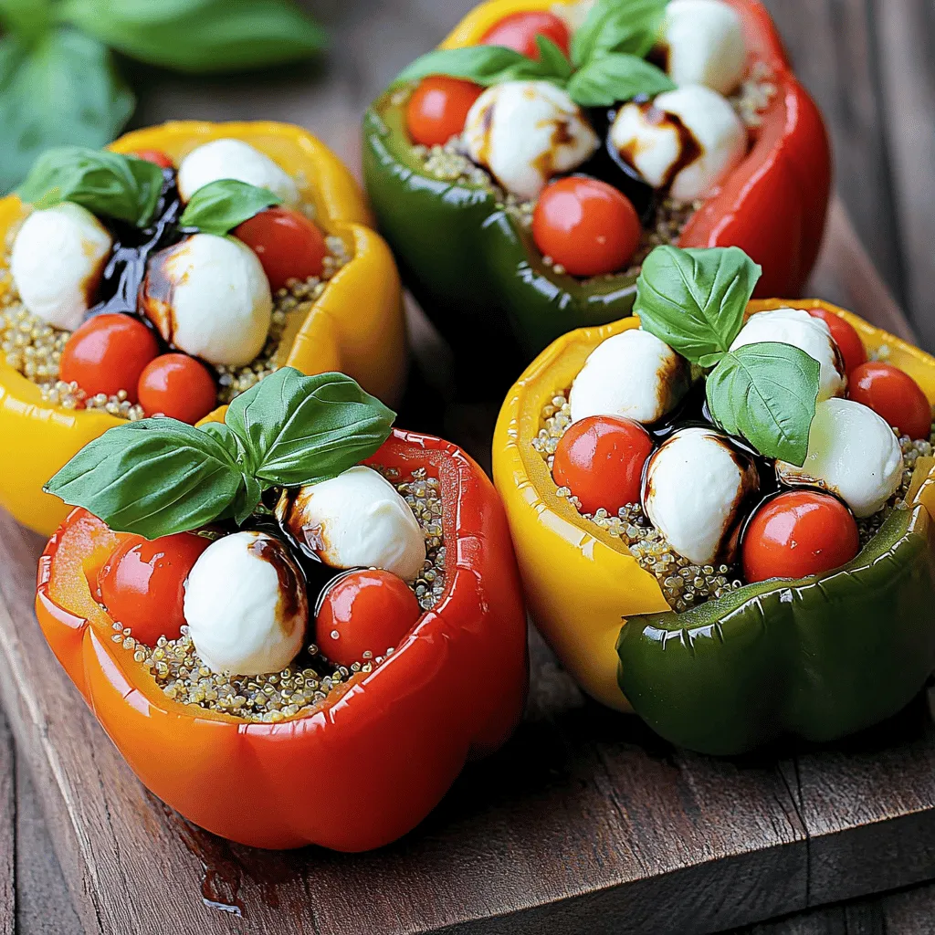 To make Caprese Quinoa Stuffed Peppers, you need: - 4 medium bell peppers (red, yellow, or green) - 1 cup quinoa, rinsed - 2 cups vegetable broth - 1 cup cherry tomatoes, halved - 1 cup fresh mozzarella balls, halved - 1 cup fresh basil leaves, chopped - 2 tablespoons balsamic glaze - 2 tablespoons olive oil - Salt and pepper to taste You can add flavor or change things up with: - 1 teaspoon dried oregano - Crushed red pepper flakes for heat - Spinach or kale for extra greens - Grated Parmesan cheese for a richer taste If you need alternatives, consider these: - Use brown rice or farro in place of quinoa. - Try any type of cheese if mozzarella is not available. - Replace balsamic glaze with lemon juice for a zestier kick. - Choose zucchini or eggplant if you want a different veggie base. These ingredients help make a meal that is tasty and good for you. Start by preheating your oven to 375°F (190°C). Take your bell peppers, cut off the tops, and remove the seeds and membranes. You want them clean for stuffing. Place the peppers upright in a baking dish. This will help them hold the filling. In a medium saucepan, combine 1 cup of rinsed quinoa and 2 cups of vegetable broth. Bring this mixture to a boil. Once it boils, reduce the heat, cover, and let it simmer. After about 15 minutes, check if the quinoa is fluffy and the liquid is gone. If it is, you’re ready to move on. In a large mixing bowl, combine the cooked quinoa, halved cherry tomatoes, and mozzarella balls. Add in the chopped basil, balsamic glaze, olive oil, salt, and pepper. If you like, toss in 1 teaspoon of dried oregano. Mix gently until everything is well combined. Now, spoon the mixture into each bell pepper. Pack it tightly to fit as much filling as you can. Cover the baking dish with aluminum foil. Bake in the preheated oven for 25 minutes. After that, remove the foil and let them bake for another 10 to 15 minutes. This helps the peppers become tender and gives a nice caramelized top. Once done, let them cool for a few minutes before you serve. You can add more basil leaves on top for a fresh look. To get fluffy quinoa, rinse it well. This removes the bitter coating called saponin. Cook the quinoa in vegetable broth for better flavor. Bring it to a boil, then reduce the heat. Cover and let it simmer for about 15 minutes. Once done, let it sit for a few minutes before fluffing with a fork. This will help it stay light and airy. For more flavor, add fresh herbs like parsley or thyme. You can try adding a teaspoon of dried oregano for a savory kick. A splash of lemon juice can brighten the dish. If you like spice, add some red pepper flakes. This will give your stuffed peppers a nice heat. Mix these ingredients into the quinoa before stuffing the peppers. For a stunning presentation, place the stuffed peppers on a rustic wooden board. Drizzle extra balsamic glaze over the top for a glossy look. Garnish with fresh basil leaves for a pop of color. You can also sprinkle some grated cheese on top before baking. This adds a nice touch and a bit of extra flavor. {{image_2}} You can easily add protein to your Caprese quinoa stuffed peppers. If you want a heartier meal, try adding cooked chicken. Shred the chicken and mix it with the quinoa filling. For a meat-free option, use black beans or chickpeas. Both add protein and texture. Just rinse and drain them before adding to your mixture. This recipe is naturally vegetarian. To make it vegan, simply swap the mozzarella for a plant-based cheese. You can also skip the cheese altogether and boost flavor with extra basil and balsamic glaze. This keeps the dish fresh and vibrant while still being tasty. Feel free to switch up the ingredients based on what’s in season. In summer, add fresh zucchini or corn for a sweet crunch. In fall, consider diced butternut squash or even roasted pumpkin. These swaps keep your dish exciting and full of flavors throughout the year. You can store leftovers in an airtight container. Let the peppers cool fully before sealing. This helps keep moisture in check. They will stay fresh for about 3 to 4 days in the fridge. To reheat, place a stuffed pepper on a microwave-safe plate. Heat for 1 to 2 minutes on high. Check if it’s hot in the center. You can also reheat in the oven. Preheat to 350°F (175°C) and bake for about 10 minutes. Cover with foil to keep them moist. If you want to freeze them, prepare the peppers as usual. After baking, let them cool completely. Wrap each pepper tightly in plastic wrap, then foil. Store in a freezer-safe bag. They can last up to 3 months in the freezer. To use, thaw overnight in the fridge. Reheat as mentioned above. Yes, you can use other types of peppers. Bell peppers are great, but try poblano or Anaheim peppers for a twist. They add a smoky flavor. You can even opt for mini sweet peppers for fun bites. Just make sure they hold the filling well. You can store stuffed peppers in the fridge for about three to four days. Make sure they cool completely before sealing them in an airtight container. This helps keep them fresh and tasty. Reheat them in the oven or microwave when you’re ready to eat. Serve your stuffed peppers with a fresh salad or garlic bread. A simple side of greens pairs well too. You might also enjoy them with a light soup. The flavors blend nicely and create a balanced meal. Yes, this recipe is gluten-free. Quinoa is a great gluten-free grain. You can enjoy this dish without worry. Always check your vegetable broth to ensure it’s also gluten-free. This way, you can savor every bite without any concerns. You learned about the ingredients, cooking steps, and tips for making great stuffed peppers. I shared ideas for protein options and storage info. Remember, while this recipe is flexible, it still packs flavor. Feel free to customize based on your taste. Whether you enjoy it fresh or as leftovers, it can fit any meal. Experiment with different ingredients for fun results. Now, get started and bring this tasty dish to your table!