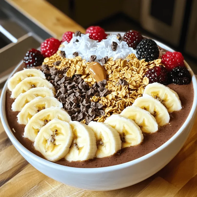 - 1 frozen banana, sliced - 1 cup unsweetened almond milk (or milk of choice) - 2 tablespoons natural peanut butter - 1 scoop chocolate protein powder - 1 tablespoon cocoa powder - 1 tablespoon honey or maple syrup (for sweetness) - 1 tablespoon chia seeds - A pinch of salt - Sliced bananas - Granola - Cacao nibs - Shredded coconut - Fresh berries The main ingredients create a rich and creamy smoothie bowl. The frozen banana gives a nice texture. Unsweetened almond milk adds creaminess without extra sugar. Natural peanut butter brings a nutty flavor and healthy fats. The chocolate protein powder boosts protein and taste. Cocoa powder adds a rich chocolate flavor. For sweetness, you can add honey or maple syrup. Chia seeds offer extra nutrition and thickness. A pinch of salt enhances the flavors. Toppings make your smoothie bowl fun and colorful. Sliced bananas add freshness. Granola gives crunch. Cacao nibs provide intense chocolate flavor. Shredded coconut adds chewiness. Fresh berries brighten the bowl and add antioxidants. Feel free to mix and match these ingredients. You can create a bowl that suits your taste. Enjoy this delicious and healthy treat any time of day! - First, gather all your ingredients. - Slice your frozen banana. - In your blender, combine: - 1 sliced frozen banana - 1 cup unsweetened almond milk - 2 tablespoons natural peanut butter - 1 scoop chocolate protein powder - 1 tablespoon cocoa powder - 1 tablespoon chia seeds - Optional: 1 tablespoon honey or maple syrup - A pinch of salt - Blend on high until smooth and creamy. - If your smoothie bowl is thick, add more almond milk. - Pour in one tablespoon at a time. - Blend again until you reach your desired thickness. - Once blended, pour the smoothie into a bowl. - Now it's time to decorate! - Top with your favorites: - Sliced bananas - Granola - Cacao nibs - Shredded coconut - Fresh berries - Serve immediately and enjoy every bite! To change up the taste, try different nut butters. Almond or cashew butter can work well too. If you want it sweeter, add honey or maple syrup. Start with a small amount and taste it. You can always add more if needed. To make your smoothie bowl creamy, blend well. Use frozen bananas; they add thickness. If it’s too thick, add more almond milk. You can also use coconut milk or oat milk for a twist. These can change the flavor, so pick what you like best. Prep your ingredients ahead of time for quick meals. Slice bananas and store them in the freezer. Measure out your protein powder and cocoa, too. You can use meal prep jars to keep everything ready. This makes your morning routine smooth and easy. {{image_2}} You can swap the protein sources to fit your needs. Non-dairy protein powders work great. Look for options like pea or rice protein. These choices keep it plant-based and tasty. Adding Greek yogurt gives a creamy texture. It also boosts protein and adds probiotics for gut health. You can enhance flavors in many ways. Adding a splash of vanilla extract makes it sweeter. You can also blend in different fruits, like strawberries or mangoes. Each fruit adds its unique taste and nutrients. Experiment to find your favorite mix! If you want vegan options, use plant-based milk and protein powder. This keeps your smoothie bowl cruelty-free. For nut-free versions, try sunflower seed butter instead of peanut butter. This way, you can still enjoy the creaminess without the nuts. After making your smoothie bowl, you may want to save leftovers. Place any extra smoothie in an airtight container. Store it in the fridge for up to two days. Keep in mind that the texture may change slightly. If it thickens, just stir in a bit of almond milk before enjoying. You can freeze smoothie bowls for later. Pour the leftover smoothie into freezer-safe containers. Leave some space at the top for expansion. Seal tightly, and freeze for up to one month. When ready to eat, thaw in the fridge overnight. Smoothie bowls are best enjoyed cold, but you can still savor them after storage. If your frozen smoothie is too thick, blend it with a splash of almond milk. For refrigerated bowls, just stir and enjoy. Add fresh toppings for added flavor and crunch. A smoothie bowl is a thick smoothie served in a bowl. You can eat it with a spoon. It usually has fruits, yogurt, or milk blended together. You can top it with various goodies like nuts, seeds, and fruits. This makes it fun and tasty. It’s a great breakfast or snack choice. You can customize it based on your favorite flavors. To boost protein in your smoothie bowl, try these tips: - Add Greek yogurt for creamy texture. - Use more protein powder, like whey or plant-based. - Toss in some nuts or seeds, like almonds or sunflower seeds. - Blend in silken tofu for a smooth finish. - Consider adding nut butter for flavor and protein. These options make your smoothie bowl even more filling and nutritious. Yes, you can prepare your smoothie bowl in advance! Here are some steps: - Blend the smoothie mix as usual. - Instead of serving right away, pour it into an airtight container. - Store it in the fridge for up to 24 hours. When you're ready to eat, just stir it up and add your favorite toppings. If it thickens too much, add a splash of almond milk to loosen it. In this post, I explored the great world of smoothie bowls. We covered key ingredients like frozen banana, almond milk, and peanut butter. I shared tips for blending, serving, and storing these delicious bowls. You can personalize your smoothie bowl with toppings and variations to fit your taste. Smoothie bowls are not just tasty; they are easy to make. You have the power to adapt these recipes to your needs. Enjoy the journey of blending flavors and creating your perfect bowl!