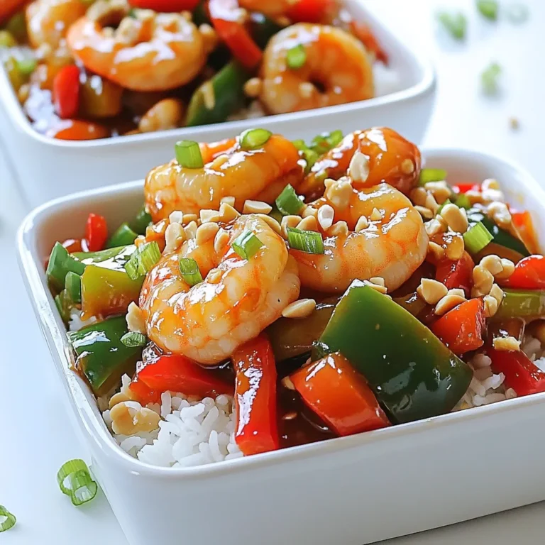 - 1 lb large shrimp, peeled and deveined - 2 tablespoons vegetable oil - 1 red bell pepper, diced - 1 green bell pepper, diced - 2 cloves garlic, minced - 1 teaspoon fresh ginger, minced - 3 green onions, chopped - 1 cup unsalted peanuts - 2 tablespoons soy sauce - 1 tablespoon rice vinegar - 1 tablespoon hoisin sauce - 1 tablespoon chili paste - Salt and black pepper to taste To make Better Than Takeout Spicy Kung Pao Shrimp, gather these key ingredients. The shrimp give the dish its main flavor and protein. The vegetable oil helps to cook everything evenly and adds richness. The bell peppers provide a nice crunch and color. For flavor, garlic and ginger are essential. They bring warmth and depth. Green onions add a fresh taste and a pop of color. Peanuts give a delightful crunch and nutty flavor. The sauces create a balance of sweet, salty, and spicy. Soy sauce is salty and umami-rich. Rice vinegar adds acidity. Hoisin sauce brings sweetness. Chili paste gives the heat. Don't forget salt and black pepper to enhance all these flavors. Having fresh ingredients makes a big difference. They add more vibrant flavors. This recipe is quick and easy, making it perfect for a weeknight meal. Grab your ingredients, and let's get cooking! - Heat 1 tablespoon of vegetable oil in a skillet over medium-high heat. - Add 1 pound of large shrimp, peeled and deveined, to the hot oil. - Season the shrimp with salt and black pepper. - Cook the shrimp for 2-3 minutes until they turn pink and opaque. - Remove the shrimp from the skillet and set them aside. - In the same skillet, add the remaining tablespoon of vegetable oil. - Sauté 2 cloves of minced garlic and 1 teaspoon of minced ginger for about 30 seconds until fragrant. - Add 1 diced red bell pepper and 1 diced green bell pepper to the skillet. - Stir-fry the peppers for 3-4 minutes until they are tender-crisp. - Include the white parts of 3 chopped green onions at this stage. - Return the cooked shrimp to the skillet with the peppers. - Pour in 2 tablespoons of soy sauce, 1 tablespoon of rice vinegar, 1 tablespoon of hoisin sauce, and 1 tablespoon of chili paste. - Mix everything well to coat the shrimp and vegetables with the sauce. - To thicken the sauce, add the cornstarch slurry made of 1 tablespoon of cornstarch mixed with 2 tablespoons of water. - Stir well and cook for an additional 1-2 minutes until the sauce thickens slightly. - Finally, stir in 1 cup of unsalted peanuts and the green parts of the green onions, cooking for another minute. To make your Kung Pao shrimp stand out, adjust the spice level with chili paste. Start with one tablespoon and taste. If you like more heat, add another spoonful. Remember, it's easier to add than to take away! Seasoning the shrimp is key. Use salt and pepper while cooking. This adds flavor to the shrimp from the start. Don’t skip this step; it makes a big difference. For stir-frying, use high heat and a large skillet or wok. Heat the skillet before adding oil. This helps the shrimp cook fast and stay tender. If the skillet is too cool, the shrimp will steam instead of sear. Always keep the ingredients moving in the skillet. This ensures even cooking and prevents burning. Stir-fry quickly for the best texture. Garnish your dish with chopped green onions for a fresh look. Add them just before serving for a pop of color. This small touch makes your meal feel gourmet. Serve your Kung Pao shrimp over cooked white or brown rice. The rice soaks up the sauce well. It balances the heat and adds a nice base to the dish. Enjoy your meal hot for the best flavor! {{image_2}} You can change the shrimp for other proteins. Tofu is a great plant-based option that soaks up flavors well. Chicken also works nicely if you prefer meat. For veggies, think beyond bell peppers. Broccoli and carrots add a nice crunch and color. Feel free to mix and match based on what you have. If you are gluten-free, use tamari instead of soy sauce. It tastes great and keeps the dish flavorful. For those watching carbs, skip the rice or use cauliflower rice. It’s a healthy swap that still fills you up. Want more heat? Add cayenne pepper or Szechuan pepper to spice things up. Adjust the amount based on your taste. For a sweet and sour twist, mix in some sugar or honey. This adds a fun layer to your dish and balances the heat nicely. To keep your Kung Pao shrimp fresh, store leftovers in the fridge. Use an airtight container to prevent air and moisture from getting in. This keeps your dish tasty. The shrimp will stay good for up to three days. When you want to reheat your Kung Pao shrimp, avoid losing flavor. The stovetop is the best method. Heat a skillet over medium heat and add the leftovers. Stir gently for a few minutes until hot. If you use the microwave, do it in short bursts. Stir in between to heat evenly. Yes, you can freeze this dish! To freeze, let it cool completely first. Place it in a freezer-safe container. Leave some space at the top for the shrimp to expand. When you're ready to eat, thaw it in the fridge overnight. Reheat as mentioned above for the best results. Kung Pao shrimp is a popular dish from Chinese cuisine. It features shrimp stir-fried with vegetables, peanuts, and a savory sauce. The dish comes from Sichuan province, known for its bold flavors. It originally used chicken, but shrimp became a favorite in many homes. The mix of spicy, sweet, and salty makes it a delight. The spice level in Kung Pao shrimp can vary. It usually includes chili paste, which adds heat. You can adjust the spice by adding more or less chili paste. If you like it mild, use just a little. For a kick, add more. The balance of flavors allows you to find your perfect level. Yes, you can prepare Kung Pao shrimp ahead of time. Cook the shrimp and veggies, then store them in the fridge. Keep the sauce separate to avoid sogginess. When ready to eat, heat everything together and add the sauce. This helps keep the dish fresh and tasty while saving time. In this post, we explored Kung Pao shrimp, covering its key ingredients, cooking steps, and tips. I shared how to achieve the perfect flavor and offered variations for dietary needs. Proper storage and reheating methods ensure your dish stays fresh. Kung Pao shrimp is not just tasty; it’s also flexible. You can adapt it to suit your taste. Enjoy making this dish and impress your family with your cooking skills.