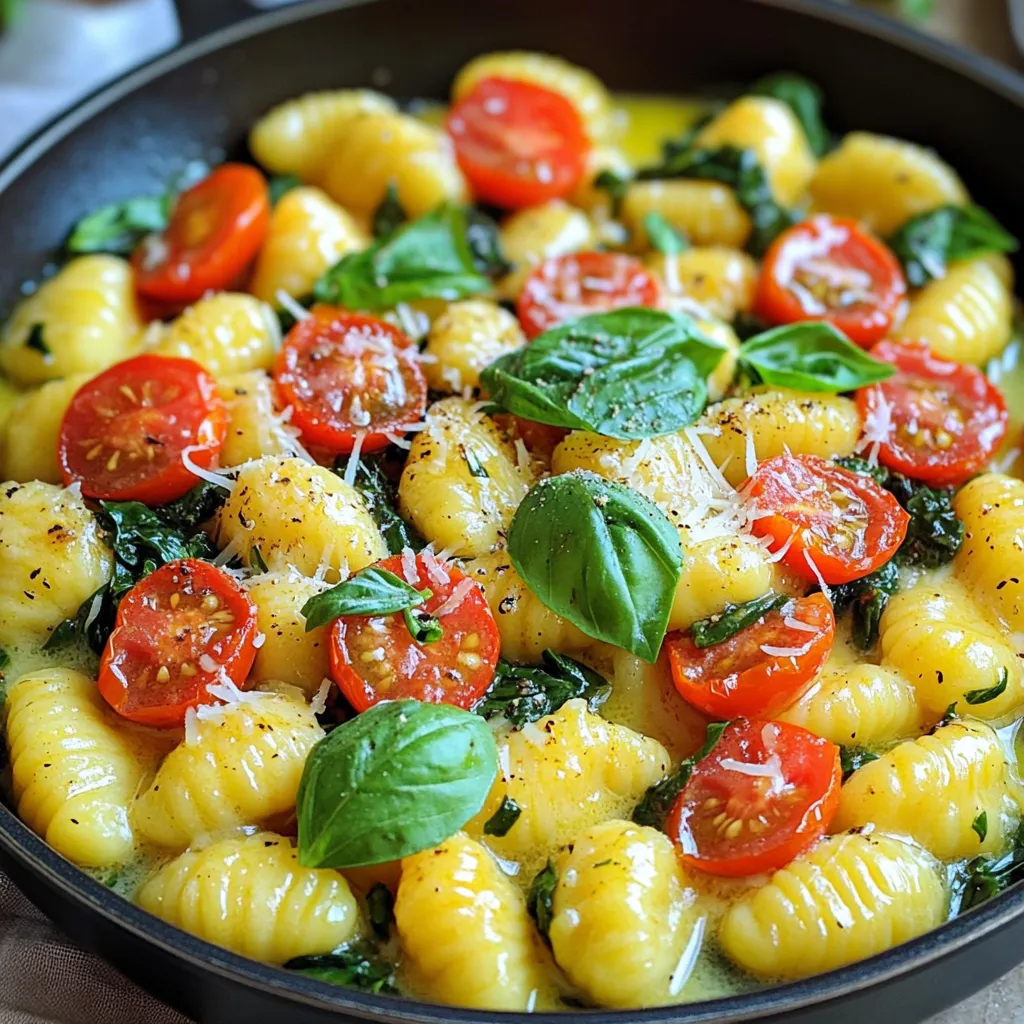 - 1 package (16 oz) gnocchi (store-bought or homemade) - 4 tablespoons unsalted butter - 4 cloves garlic, minced Gnocchi is the star of this dish. You can use store-bought or make your own. The texture is soft and pillowy, perfect for soaking up flavors. Unsalted butter gives a rich taste. It helps the garlic shine through. Garlic, when minced, adds great depth. - 1 teaspoon red pepper flakes (optional) - 1 cup cherry tomatoes, halved - 2 cups fresh spinach Red pepper flakes bring heat. You can skip them if you prefer. Cherry tomatoes add sweetness and color. When cooked, they become juicy and tender. Fresh spinach adds a nice green touch. It wilts down quickly, adding nutrition. - Salt and pepper to taste - 1/2 cup grated Parmesan cheese - Fresh basil leaves, for garnish (optional) Salt and pepper enhance all flavors. Use them to taste. Grated Parmesan melts beautifully, creating a creamy finish. Fresh basil offers a burst of freshness. It’s a lovely addition on top. To start, bring a large pot of salted water to a boil. This step is key. Once the water is bubbling, add the gnocchi. Cook them as directed on the package, usually for 2-3 minutes. You know they are ready when they float to the top. After they float, drain the gnocchi in a colander and set them aside. This keeps them warm and ready for the sauce. Next, grab a large skillet and set it over medium heat. Add 4 tablespoons of unsalted butter and let it melt. Watch closely; we want it melted, not browned. Once the butter is melted, toss in 4 minced garlic cloves and red pepper flakes if you like a little heat. Sauté for just 1-2 minutes until the garlic smells amazing. This step brings out the garlic's flavor without burning it. Now, it’s time to bring in the cherry tomatoes. Add 1 cup of halved tomatoes to the skillet. Cook them for another 2-3 minutes until they begin to soften. This adds a burst of flavor to your dish. After that, toss in the cooked gnocchi. Stir everything well to coat the gnocchi in that rich garlic butter. Let it cook for an extra 2 minutes to warm through. To finish, add 2 cups of fresh spinach to the skillet. Stir until the spinach wilts down. This adds color and nutrition. Season with salt and pepper to taste. Now, remove the skillet from the heat and sprinkle 1/2 cup of grated Parmesan cheese on top. Gently mix until the cheese melts and sticks to the gnocchi. Serve your dish hot and consider garnishing with fresh basil leaves for a lovely touch. Enjoy your meal! You can choose between store-bought or homemade gnocchi. Store-bought is quick and easy. Homemade gnocchi gives a special touch. If you want to make your own, mix mashed potatoes, flour, and egg. Roll it into small pieces. To cook gnocchi, boil salted water. Add gnocchi and wait until they float. This shows they are done. Drain them well to keep the texture right. You can add flavors with herbs and spices. Try thyme, oregano, or parsley for a twist. Red pepper flakes add heat, but skip them if you prefer mild. Always taste and adjust. Add more salt or pepper if needed. A hint of lemon can brighten the dish, too. Prep ingredients ahead to save time. Chop garlic and halve tomatoes before cooking. This way, you can cook quickly. Use one skillet for the whole dish. It reduces cleanup time. Just cook the garlic, add tomatoes, and then the gnocchi. It all comes together in one pan. {{image_2}} You can change up the greens in your gnocchi dish. Kale and arugula work well too. They add a nice crunch and flavor. Seasonal vegetables can also make this meal special. Try zucchini in summer or butternut squash in fall. You can mix and match based on what you like or what’s fresh at the market. Adding protein makes the dish hearty. Cooked chicken or shrimp are great choices. Simply toss them in when you add the gnocchi. For a vegetarian option, try chickpeas or white beans. Both add texture and protein without meat. This keeps the dish filling and satisfying. You can enhance the taste with different cheeses. Besides Parmesan, try feta for a tangy twist. Goat cheese adds creaminess that pairs well too. Other sauce options include alfredo or pesto. Alfredo is rich and creamy, while pesto brings a fresh, herby flavor. Experiment with these to find your favorite. To store your leftover gnocchi, place it in an airtight container. This helps keep it fresh. Make sure to cool it down to room temperature first. Refrigerate the container for up to two days. If you have a lot, divide it into smaller portions. This way, you can grab just what you need. To reheat the gnocchi, use a skillet on medium heat. Add a splash of water or broth to prevent sticking. Stir gently until warmed through. You can also use a microwave. Place it in a bowl, cover it, and heat for 1-2 minutes. Check if it's hot throughout. Always ensure food is heated to at least 165°F for safety. Yes, you can freeze the gnocchi. To freeze, let it cool completely. Spread it out on a baking sheet in a single layer. Freeze until firm, then transfer to a freezer-safe bag. Label it with the date. When you're ready to eat, thaw it overnight in the fridge. Reheat as mentioned above for best results. This dish is quick and easy. It takes about 15 minutes to make. The prep time is only 5 minutes. Cooking the gnocchi takes 2-3 minutes. The rest of the steps take about 10 minutes. Yes, you can use different cheeses. Mozzarella or feta are great choices. For a stronger taste, try aged cheddar or gouda. Just remember to adjust the amount based on the cheese's strength. This recipe is great for meal prep. You can cook the gnocchi and sauce ahead of time. Store them separately in the fridge. Reheat them when you are ready to eat. It keeps well for about 3 days. You can serve this gnocchi with many sides. A fresh salad pairs nicely. Garlic bread is a popular choice, too. You can also enjoy it with roasted vegetables or grilled chicken for a heartier meal. This blog post explored the simple yet delightful recipe for Minute Garlic Butter Gnocchi. You learned about the key ingredients, like gnocchi, garlic, and butter, plus optional flavors like cherry tomatoes and spinach. I shared step-by-step instructions for cooking and tips for enhancing this dish. Remember, you can customize it with different veggies or proteins. It’s easy to store and reheat, making it a perfect meal prep option. Try this recipe, and enjoy a tasty, quick dinner any night!