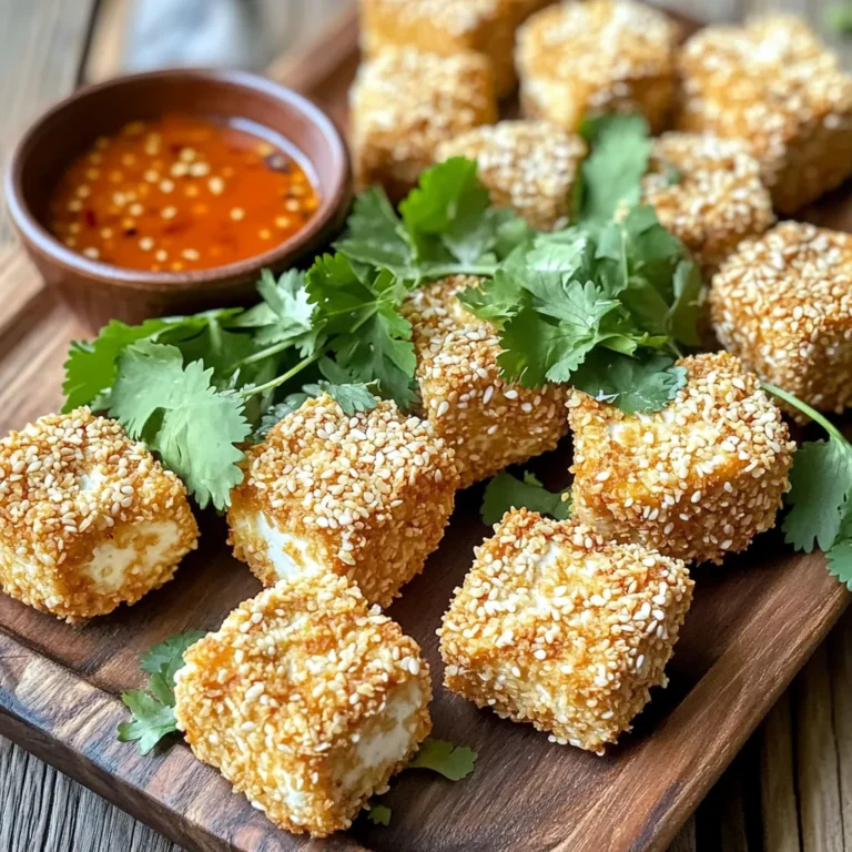 - 14 oz firm tofu - 1/2 cup tahini - 2 tablespoons soy sauce - 1 tablespoon maple syrup - 1 tablespoon sesame oil - 1 teaspoon garlic powder - 1 teaspoon ground ginger - 1 cup panko breadcrumbs - 1/4 cup sesame seeds - Fresh cilantro (optional) - Salt and pepper to taste To make Air Fryer Sesame Crusted Tofu Bites, gather the ingredients listed above. Start with firm tofu. It’s the best choice for this recipe. The tofu needs to be pressed first. This step removes extra moisture and helps it become crispy. Next, tahini gives a rich, creamy flavor. Soy sauce adds a salty kick. Maple syrup brings a hint of sweetness. The sesame oil enhances the nutty taste. Garlic powder and ground ginger add depth to the marinade. For the coating, panko breadcrumbs create a great crunch. The sesame seeds add a lovely texture and flavor. You can garnish with fresh cilantro for color and taste. Remember to season with salt and pepper to your liking. These ingredients come together to create a delicious snack or appetizer. - Pressing the tofu: Start by pressing the tofu. Wrap the block in a clean towel. Place a weight on top for 15-20 minutes. This step removes excess moisture. It helps the tofu absorb flavors better. - Cutting into bite-sized pieces: After pressing, cut the tofu into small cubes. Aim for 1-inch pieces. This size allows for even cooking and easy eating. - Whisking the marinade ingredients: In a medium bowl, whisk together the tahini, soy sauce, maple syrup, sesame oil, garlic powder, and ground ginger. Add salt and pepper to taste. Mix until smooth. This marinade gives the tofu rich flavor. - Tossing the tofu in the marinade: Place the cubed tofu in the bowl with the marinade. Gently toss to coat each piece well. Let it sit for at least 15 minutes. This time allows the tofu to soak in all the flavors. - Coating with panko and sesame seeds: In another bowl, mix the panko breadcrumbs and sesame seeds. Take each marinated tofu cube and dip it into this mixture. Press gently so the crumbs stick well. This will give a nice crunchy layer. - Preheating the air fryer: Preheat your air fryer to 375°F (190°C). This step is key for even cooking. - Air frying the tofu bites: Place the coated tofu bites in the air fryer basket. Ensure they are in a single layer, not crowded. Cook for 15-20 minutes. Flip them halfway for even crisping. They should turn golden brown and crispy. Enjoy the delightful crunch! To get that perfect crunch, follow these steps: - Coating: Make sure to coat each tofu cube well with the marinade. Let it soak for at least 15 minutes. This step helps the flavors stick. - Panko Mixture: When you dip the marinated tofu into the panko and sesame seeds, press down gently. This helps the coating stay on during cooking. - Air Fryer Settings: Preheat your air fryer to 375°F (190°C). This ensures the tofu bites cook evenly and get crispy. Air fry for 15-20 minutes. Flip halfway for even browning. To make these bites even better, try these ideas: - Marinades: You can add different spices or herbs. Consider adding a little chili powder for some heat. Or use lime juice for a fresh twist. - Sauces: Pair these bites with dipping sauces like sriracha or sweet chili sauce. The flavors mix well and add excitement. When serving, presentation matters: - Plating: Arrange the tofu bites on a nice platter. Add fresh cilantro on top for color. This makes the dish look inviting. - Side Dishes: Serve with a fresh salad or steamed veggies. This adds balance to the meal and makes it more filling. {{image_2}} You can switch up the protein in this recipe. Tempeh works well instead of tofu. It has a firmer texture and adds a nutty flavor. If you prefer meat, try chicken or fish. Both options can soak up the marinade nicely. Just adjust the cooking time based on the protein you choose. Chicken pieces may need a few more minutes to cook through. Experiment with different flavors to keep it exciting. Add some Asian-inspired seasonings like five-spice powder or chili flakes for extra kick. You could also try a sweet twist by adding honey or more maple syrup. This gives the tofu a nice glaze. Don't be afraid to mix and match spices to find your favorite flavor combo. If you need gluten-free options, use gluten-free panko breadcrumbs. They provide the same crunch without the gluten. For nut-free needs, simply omit the tahini. Instead, use sunflower seed butter or yogurt as a marinade base. These swaps keep the dish delicious while meeting your dietary needs. To store your leftover Air Fryer Sesame Crusted Tofu Bites, place them in an airtight container. Keep the container in the refrigerator for up to three days. This helps maintain their flavor and texture. If you'd like to keep them longer, you can freeze them. To freeze, place the tofu bites in a single layer on a baking sheet. Freeze until solid, then transfer them to a freezer bag. They will last up to three months in the freezer. To reheat the tofu bites without losing their crispiness, use the air fryer or oven. Set your air fryer to 350°F (175°C). Place the tofu bites in the basket and heat for about 5 to 7 minutes. This method keeps them crispy. If using an oven, preheat it to 375°F (190°C) and bake for about 10 minutes. Flip them halfway to ensure even heating. When serving leftover tofu bites, consider refreshing their flavor. You can add a sprinkle of fresh cilantro or a drizzle of sesame oil. Pair them with a spicy dipping sauce, like sriracha or sweet chili sauce, to enhance the taste. This makes your meal feel fresh and exciting, even the second time around! Yes, you can use extra-firm tofu. Extra-firm tofu has a lower moisture content. This makes it more resilient during cooking. It holds its shape well and gives a firmer bite. Firm tofu works too, but it may absorb more marinade. Both types are great for this recipe. I recommend marinating the tofu for at least 15 minutes. This time allows the tofu to soak up the flavors. For even better taste, you can marinate it longer, up to an hour. The longer it sits, the more intense the flavor will be. I love serving these tofu bites with sriracha or sweet chili sauce. They add a nice kick and balance the sesame flavor. You can also try peanut sauce or soy sauce for a classic touch. Each sauce brings its own unique taste that pairs well with the bites. You learned how to make crispy air-fried tofu bites using simple ingredients. From the crunchy panko coating to delicious marinades, each step adds flavor and texture. With tips for perfecting the dish and variations for every taste, your options are endless. Remember to store leftovers properly and reheat them to keep their crispy goodness. Enjoy experimenting with this recipe and make it your own!