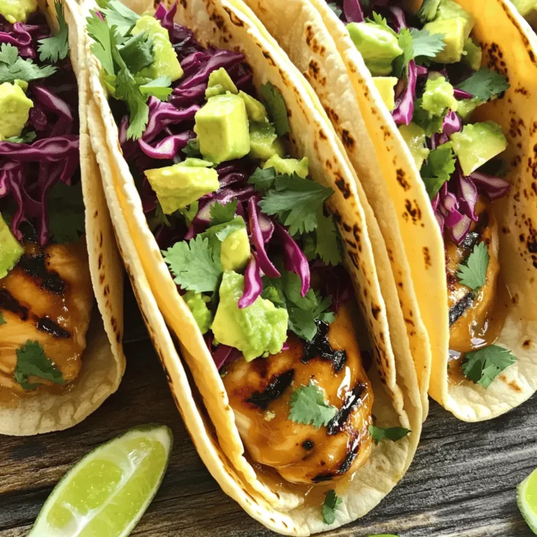 - 1 lb boneless, skinless chicken thighs - 1/4 cup honey - 1/4 cup fresh lime juice (about 2-3 limes) - 2 cloves garlic, minced - 1 teaspoon chili powder - 1/2 teaspoon cumin - Salt and pepper to taste - 8 small corn tortillas - 1 cup shredded red cabbage - 1 avocado, diced - Fresh cilantro, chopped (for garnish) - Lime wedges (for serving) For chicken, I suggest using organic, free-range options. They often taste better. For honey, look for raw or local honey for a richer flavor. Fresh limes are key; try using Persian limes for the best taste. If you need a garlic substitute, use garlic powder but fresh garlic gives a great punch. For tortillas, look for brands like Mission or La Banderita for soft, flavorful corn tortillas. Using fresh ingredients makes a big difference. Fresh chicken enhances the taste and texture. Fresh limes provide zest and brightness that canned juice lacks. The crunch of red cabbage adds a nice texture and fresh cilantro gives a burst of flavor. When you use fresh ingredients, your tacos taste vibrant and delicious. Always aim for the best quality when cooking. It elevates your meal and makes every bite worth it. To start, you need to marinate the chicken. Grab a medium bowl and whisk together the honey, lime juice, minced garlic, chili powder, cumin, salt, and pepper. This mix creates a sweet and tangy flavor. Then, add the chicken thighs to the bowl. Make sure they are well-coated in the marinade. Cover the bowl and pop it in the fridge. Let the chicken marinate for at least 30 minutes. For more flavor, you can let it sit for up to 2 hours. Now, let’s cook the chicken. You can use a grill or a skillet. If you choose the grill, preheat it over medium-high heat. If you prefer a skillet, do the same. Take the chicken out of the marinade. Grill or pan-sear the chicken for about 6-7 minutes on each side. You want it to reach an internal temperature of 165°F (75°C). This ensures it is safe to eat. After cooking, let the chicken rest for 5 minutes. This helps keep it juicy. Once rested, slice it into strips. Next, it’s time to assemble the tacos. While the chicken rests, warm your corn tortillas. You can do this on the grill or in a dry skillet. Heat each tortilla for about 30 seconds on each side until they are soft. Now, lay out each warmed tortilla. Place a few strips of grilled chicken on each one. Top with shredded red cabbage, diced avocado, and fresh cilantro. For a burst of flavor, squeeze extra lime juice on top. Don’t forget to serve lime wedges on the side! Marinating the chicken is key for great flavor. I recommend at least 30 minutes. For the best taste, marinate for up to 2 hours. The honey and lime juice work together to tenderize the meat. The longer it sits, the more flavor it absorbs. After cooking, let the chicken rest for 5 minutes. This helps keep it juicy. When you slice it too soon, juices run out. Resting allows the juices to stay inside, making each bite flavorful and moist. Warming the tortillas is vital for soft and tasty tacos. You can heat them on a grill or in a dry skillet. Just 30 seconds on each side will make them pliable. Don’t skip this step! Warm tortillas hold fillings better and add to the taco's overall taste. {{image_2}} You can switch chicken with shrimp or pork. Shrimp cooks fast and adds a nice flavor. Just marinate it the same way. Grill shrimp for about 2-3 minutes per side. For pork, use tenderloin. Slice it thin for best results. Cook until it reaches 145°F (63°C). If you want a plant-based option, use jackfruit or tofu. For jackfruit, use canned young green jackfruit. Drain and shred it. Marinate just like the chicken. If using tofu, press it to remove water. Cut it into cubes and marinate. Cook until golden brown. Both options taste great with the same honey lime sauce. Want more heat? Add jalapeños or hot sauce to the marinade. You can also sprinkle red pepper flakes on top. For a smoky flavor, mix in smoked paprika. If you like sweet, add pineapple chunks to the tacos. Each option will boost the flavor in exciting ways! To keep your Honey Lime Chicken Street Tacos fresh, store the leftovers properly. First, let the chicken cool down to room temperature. Place the chicken in an airtight container. You can also wrap the tortillas in foil or plastic wrap. Store both in the fridge. They will stay good for up to three days. Reheating your tacos correctly is key to keeping the taste. For the chicken, use a skillet over medium heat. Add a splash of water to keep it moist. Heat for about 5-7 minutes, stirring often. For the tortillas, warm them briefly in a dry skillet. This will bring back their softness. Avoid the microwave, as it can make them soggy. You can freeze the Honey Lime Chicken for later use. First, let the chicken cool completely. Then, place the chicken in a freezer-safe bag. Remove as much air as possible before sealing. Label the bag with the date. The chicken can stay in the freezer for up to three months. When ready to use, thaw it in the fridge overnight. Then, reheat as mentioned above. Yes, you can make Honey Lime Chicken ahead of time. Marinate the chicken the night before. This lets the flavors soak in. Cook the chicken right before serving. It will stay juicy and tasty. If you want, you can cook it earlier. Just store it in the fridge. Reheat it on the grill or skillet when ready to serve. Honey Lime Chicken Tacos go well with many sides. Here are some tasty options: - Mexican street corn - Black beans with lime - Cilantro lime rice - Fresh mango salsa These sides add color and flavor. They make your meal look great and taste even better. To make more servings, just double or triple the ingredients. For each pound of chicken, use 1/4 cup of honey and lime juice. Add more spices to keep the flavor strong. Cook the chicken in batches if your pan is small. You can keep the cooked chicken warm in the oven while you finish cooking the rest. This way, everyone gets hot, fresh tacos! In this blog post, we covered how to make delicious Honey Lime Chicken Tacos. We talked about the key ingredients, including substitutes and the need for freshness. I laid out step-by-step instructions for marinating and cooking. You now have tips for optimal marinating, resting, and heating tortillas. We explored tasty variations, storage methods, and answers to common questions. With this knowledge, you can create amazing tacos. Enjoy experimenting with flavors and make them your own!