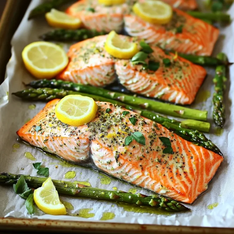 - 4 salmon fillets (about 6 oz each) - 1 bunch of asparagus, trimmed - 2 tablespoons olive oil - 2 tablespoons fresh lemon juice - 1 teaspoon lemon zest - 2 cloves garlic, minced - 1 teaspoon dried oregano - 1 teaspoon dried basil - Salt and pepper to taste - Lemon slices for garnish - Fresh parsley, chopped (for garnish) Use fresh salmon for the best taste. Look for bright, firm fillets. Fresh asparagus should be bright green and crisp. The lemon juice and zest should come from ripe lemons. Fresh herbs, like parsley, add flavor. Minced garlic should be used right after cutting for the best taste. If you can’t find salmon, use trout or tilapia. For asparagus, green beans work well too. You can swap lemon juice for lime juice. Dried herbs can be replaced with fresh ones; just use three times more. If you want less oil, use vegetable broth for moisture. These swaps keep the dish fresh and tasty! 1. Start by preheating your oven to 400°F (200°C). This makes the cooking quick and easy. 2. Line a large sheet pan with parchment paper. This helps with cleanup later. 3. In a small bowl, whisk together: - 2 tablespoons olive oil - 2 tablespoons fresh lemon juice - 1 teaspoon lemon zest - 2 cloves garlic, minced - 1 teaspoon dried oregano - 1 teaspoon dried basil - Salt and pepper to taste 4. Place the salmon fillets on one side of the sheet pan. Make sure they are not touching. 5. Brush half of the lemon herb mixture on top of the salmon. This adds flavor and moisture. 6. On the other side of the sheet pan, arrange the trimmed asparagus. 7. Drizzle the remaining lemon herb mixture over the asparagus. Toss it to coat all the pieces. 8. Spread both the salmon and asparagus in a single layer. This helps everything cook evenly. 9. Bake in the preheated oven for 12-15 minutes. The salmon should flake easily with a fork when done. The asparagus should be tender-crisp. 10. Remove the sheet pan from the oven. Let it cool for a couple of minutes. 11. Plate the salmon and asparagus together. 12. Garnish with fresh parsley and lemon slices. This adds a nice pop of color. Enjoy your meal! For this recipe, I suggest using the sheet pan method. It cooks everything evenly. Preheating the oven to 400°F (200°C) is key for perfect results. The high heat helps the salmon cook fast while keeping it moist. Use parchment paper for easy cleanup, too. It saves time and effort. To get the best salmon, pick fresh fillets. Look for bright, shiny skin. You want the meat to be firm and not fishy. Brush the lemon herb mix on top, but leave some for the asparagus. This helps both flavors shine. Bake for 12-15 minutes. The salmon should flake easily with a fork. For the asparagus, it should be tender yet crisp. This gives a nice texture contrast. Using a sheet pan lined with parchment paper makes cleanup a breeze. After cooking, let the pan cool. Then, toss the paper and rinse the pan with hot water. No scrubbing is needed! A spatula or tongs helps move the salmon and asparagus to plates without mess. These tools keep your kitchen neat and tidy. {{image_2}} You can switch up the herbs for fun flavors. Try dill, thyme, or rosemary. Each herb gives a unique taste. For example, dill pairs well with salmon. It adds a fresh, bright flavor. You can mix and match to find your favorite. Don’t be afraid to get creative! Want to add more? Toss in cherry tomatoes or bell peppers. These veggies roast well and add color. You can also use zucchini or carrots. Just cut them to similar sizes for even cooking. This helps make your meal more vibrant and nutritious. If you need to serve more, just add more salmon and veggies. Each salmon fillet is about 6 oz. If cooking for two, use two fillets. For six people, use six fillets and more asparagus. Make sure your sheet pan has enough space. You want everything to cook evenly. To keep your lemon herb salmon and asparagus fresh, start by letting them cool down. Once cooled, place the leftovers in an airtight container. Make sure to separate the salmon and asparagus if you can. This helps keep both items fresh. Store them in the fridge for up to three days. If you want to keep them longer, freezing is a great option. When you're ready to enjoy your leftovers, preheat your oven to 350°F (175°C). Place the salmon and asparagus on a baking sheet. Cover with foil to keep moisture in. Heat for about 10-15 minutes until warm. You can also use a microwave. Just place the food on a microwave-safe plate. Heat for one to two minutes, checking often to avoid overcooking. If you want to freeze your dish, wrap the salmon and asparagus tightly in plastic wrap. Then, place them in a freezer-safe bag. This helps protect against freezer burn. You can freeze them for up to three months. When you are ready to eat, thaw overnight in the fridge. Then reheat as mentioned above. Enjoy your tasty meal even days later! You should bake salmon for 12 to 15 minutes at 400°F (200°C). Salmon cooks fast. The fish is done when it flakes easily with a fork. If your salmon is thicker, it may take longer. Always check for doneness to avoid overcooking. Yes, you can cook other vegetables with this recipe. Try using bell peppers, zucchini, or cherry tomatoes. Just cut them into similar sizes so they cook evenly. Toss them in the same lemon herb mixture for great flavor. This adds more color and nutrients to your meal. You can serve salmon and asparagus with rice or quinoa. They both add a nice base to the meal. A fresh salad or crusty bread works well too. Pairing with a light white wine can elevate your dining experience. Enjoy your meal with your favorite side! In this post, we explored making a great salmon and asparagus dish. We covered ingredients, including fresh picks and alternatives. You learned step-by-step instructions for prep and cooking. I shared useful tips for perfect results and easy cleanup. We also discussed variations, storage methods, and answered common questions about this meal. Cooking can be simple and fun. With the right methods, you can make tasty dishes every time. Enjoy your cooking journey!