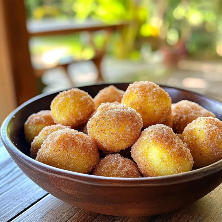 - 1 cup all-purpose flour - 1/4 cup granulated sugar - 1 teaspoon baking powder - 1/2 teaspoon baking soda - 1/4 teaspoon salt - 1/2 teaspoon ground cinnamon I love starting with the dry ingredients. They form the base of our donut holes. First, grab a mixing bowl and whisk together the all-purpose flour and sugar. The baking powder and baking soda help our donuts rise, while the salt and ground cinnamon add flavor. Make sure everything is well combined for a good dough. - 1/2 cup Greek yogurt - 1 large egg - 2 tablespoons unsalted butter, melted - 1/4 teaspoon vanilla extract Next, we need the wet ingredients. In a separate bowl, mix the Greek yogurt, egg, melted butter, and vanilla extract. This mixture keeps our donut holes moist and adds a rich flavor. Stir until smooth. It should look creamy and inviting. - 1/4 cup granulated sugar - 1 tablespoon ground cinnamon Finally, let’s prepare the cinnamon sugar coating. In a small bowl, combine the granulated sugar and ground cinnamon. This mix gives our donut holes that sweet, crunchy finish. It’s the best part! I always make extra to sprinkle on top, just in case. First, grab a mixing bowl. Add the dry ingredients: - 1 cup all-purpose flour - 1/4 cup granulated sugar - 1 teaspoon baking powder - 1/2 teaspoon baking soda - 1/4 teaspoon salt - 1/2 teaspoon ground cinnamon Whisk these together until they blend well. In a different bowl, mix the wet ingredients: - 1/2 cup Greek yogurt - 1 large egg - 2 tablespoons unsalted butter, melted - 1/4 teaspoon vanilla extract Stir these until smooth. Now, pour the wet mix into the dry mix. Stir gently until just combined. Be careful not to overmix. Lightly grease your hands and roll the dough into small balls, about 1 inch wide. You should make around 12-15 donut holes. Preheat your air fryer to 350°F (175°C). Place the donut holes in the air fryer basket in a single layer. They should not touch each other. You might need to cook in batches. Air fry the donut holes for 8-10 minutes. They should look golden and puffed up. While they cook, mix the cinnamon sugar coating in a bowl: - 1/4 cup granulated sugar - 1 tablespoon ground cinnamon As soon as the donut holes are done, roll them in the cinnamon sugar. Enjoy these warm, sweet bites! To get the right texture, avoid overmixing the dough. Overmixing makes your donut holes tough. Mix just until you see no dry flour. This keeps your donut holes soft and fluffy. When you roll the dough into balls, make sure they are about 1 inch in size. If they are too big, they may not cook evenly. If they are too small, they could dry out. Proper size helps them puff up nicely in the air fryer. For the best results, set up your air fryer basket properly. Place the donut holes in a single layer. Make sure they do not touch each other. This allows hot air to circulate and cook them evenly. If you have many donut holes, cook them in batches. Cooking too many at once can lead to uneven cooking. It’s better to cook in smaller amounts to ensure they turn out perfect every time. You can add more flavors to your donut holes. Try mixing in a pinch of nutmeg or pumpkin spice for a twist. You can also add a splash of maple syrup to the dough for a sweet touch. Experiment with different spices to find your favorite. These small changes can make your donut holes even more exciting and fun to eat! {{image_2}} You can change the coating for your donut holes. Try a chocolate coating! Melt some chocolate and dip the warm donut holes. Let the chocolate set for a fun treat. You can also use nut-based toppings. Chopped nuts, like pecans or almonds, add crunch. Roll the warm donut holes in chopped nuts for a new twist. Adding flavor makes your donut holes special. You can mix in vanilla or almond extract to the wet ingredients. Just a teaspoon will add depth to the flavor. You might also experiment with fruit purees. Adding a bit of apple or berry puree to the dough brings a fruity taste. This change makes the donut holes unique and tasty. If you need gluten-free options, swap all-purpose flour for a gluten-free blend. Look for a mix that works well in baking. This way, everyone can enjoy your donut holes. For dairy-free options, use a dairy-free yogurt instead of Greek yogurt. Many brands offer great substitutes. This keeps your donut holes delicious and accessible for those with dietary needs. To keep your donut holes fresh, store them in an airtight container. You can place a paper towel inside to absorb moisture. This will help them stay soft for about two days at room temperature. If you want them to last longer, refrigerate them. In the fridge, they can stay fresh for up to a week. To re-crisp your donut holes, use the air fryer. Preheat it to 350°F. Place the donut holes in the basket for about 3-4 minutes. This will bring back their warm, fluffy texture. You can also use an oven. Set it to 350°F and heat them for about 5 minutes. This will work too! You can freeze donut holes before or after cooking. If you freeze before cooking, roll them into balls and place them on a baking sheet. Freeze until solid, then transfer them to a freezer bag. Cook them straight from the freezer, adding a couple of extra minutes to the cooking time. If you freeze after cooking, let them cool completely. Then, store them in an airtight container or freezer bag. Reheat them in the air fryer or oven as mentioned above. This way, you can enjoy these tasty treats anytime! Yes, you can use whole wheat flour. The donut holes may taste heartier and denser. They can also be a bit more dry. If you want a lighter texture, try a mix of whole wheat and all-purpose flour. This blend gives you a nice balance. These donut holes last about two days at room temperature. Keep them in an airtight container. For longer storage, you can freeze them. They stay fresh for up to three months in the freezer. Serve these donut holes warm for the best taste. You can add toppings like chocolate drizzle or whipped cream. They also pair well with coffee or milk. You might even try dipping them in frosting for fun! In this post, we explored how to make delicious air fryer donut holes. We covered key ingredients, both dry and wet. You learned step-by-step instructions, tips for the best texture, and fun variations to try. Remember, you can customize these donuts to fit your taste. Whether you coat them in chocolate or add spices, your options are wide. Enjoy your cooking and share these treats with friends!