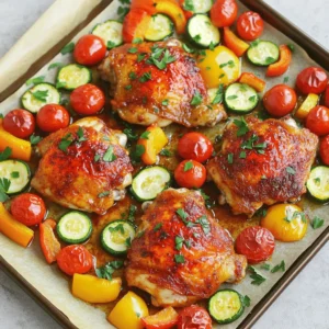 - 4 chicken thighs, bone-in and skin-on - 2 tablespoons harissa paste - 1 tablespoon olive oil - 1 teaspoon honey - 1 teaspoon smoked paprika - Salt and pepper to taste - 1 red bell pepper, sliced - 1 yellow bell pepper, sliced - 1 zucchini, sliced into half-moons - 1 red onion, cut into wedges - 1 cup cherry tomatoes - Fresh parsley, chopped (for garnish) For this dish, we use simple measurements. The chicken thighs should be bone-in and skin-on for extra flavor and moisture. Harissa paste adds a warm kick, while honey balances it with sweetness. Use one tablespoon of olive oil for the veggies. The smoked paprika brings a delightful depth. For veggies, slice the bell peppers and zucchini evenly. Cut the onion into nice wedges. Cherry tomatoes stay whole for juiciness. Always choose fresh ingredients. Look for vibrant bell peppers, firm zucchini, and ripe tomatoes. The chicken should feel cold and firm, with no off smells. For harissa, select a brand with simple, quality ingredients. Fresh parsley adds a bright finish, so look for crisp, green leaves. Quality matters; it enhances the taste and makes every bite special. Start by preheating your oven to 425°F (220°C). This high heat helps the chicken crisp up nicely. Line a rimmed baking sheet with parchment paper. This makes cleanup easy and helps prevent sticking. In a medium bowl, mix together the harissa paste, olive oil, honey, smoked paprika, salt, and pepper. This marinade adds great flavor to the chicken. Make sure it is well combined; you want every bite to taste delicious. Take the chicken thighs and coat them with the marinade. Make sure every part is covered. For best results, let the chicken marinate for at least 15 minutes. If you have time, marinating for up to 2 hours in the fridge gives even more flavor. While the chicken marinates, prepare your veggies. On a separate plate, toss the sliced red and yellow bell peppers, zucchini, red onion, and cherry tomatoes. Drizzle them with olive oil, then sprinkle with salt and pepper. This simple mix brings out their natural sweetness. Now it’s time to arrange everything on the baking sheet. Place the marinated chicken thighs on one side of the sheet. On the other side, lay out the colorful veggies. This setup allows everything to roast evenly while keeping the flavors separate. Bake the pan in your preheated oven for 25-30 minutes. The chicken should reach an internal temperature of 165°F (74°C), and the veggies should be tender and caramelized. For extra crispiness, broil the chicken for 2-3 minutes at the end. After baking, let everything rest for 5 minutes. Finally, garnish with fresh parsley before serving. This makes the dish pop with color! For the best flavor, use fresh ingredients. Mix the harissa paste, olive oil, honey, smoked paprika, salt, and pepper well. Coat the chicken thighs evenly. Let them marinate for at least 15 minutes. If you have time, marinate for up to 2 hours. This makes the chicken juicy and full of flavor. Preheat your oven to 425°F (220°C) for proper cooking. Line your baking sheet with parchment paper to catch drips. Place the chicken and veggies on opposite sides of the sheet. This helps the chicken brown while the veggies soften. Check the chicken's internal temperature. It should be 165°F (74°C). If you want crispy skin, broil for 2-3 minutes at the end. To make your dish pop, use fresh parsley as a garnish. Chop it finely and sprinkle it on top. Serve the chicken and veggies on a large platter. Nestle the chicken among the colorful veggies for a stunning look. Drizzle extra olive oil or a squeeze of lemon for added brightness. This will enhance the flavors and make the dish look appealing. {{image_2}} You can swap chicken for turkey or tofu. Turkey thighs work well with harissa. They cook similarly to chicken and stay juicy. For a plant-based option, use firm tofu. Press it to remove extra water. Cut it into thick cubes. Marinate it the same way as chicken. Bake until golden and crispy. Feel free to mix the veggies. Broccoli, carrots, or asparagus add great colors. You can also try sweet potatoes or cauliflower. Just cut them into similar sizes. Toss them in olive oil, salt, and pepper. This way, they roast evenly with the chicken. If you want less heat, use less harissa paste. You can also add yogurt or sour cream after cooking. This cools down the dish nicely. For more spice, add extra harissa or a pinch of cayenne. Always taste your marinade before using it. Adjust to your liking for the perfect balance. After enjoying your meal, let any leftovers cool down. Place the chicken and veggies in an airtight container. Store them in the fridge for up to three days. Keeping them sealed helps retain flavor and moisture. To reheat, preheat your oven to 350°F (175°C). Spread the chicken and veggies on a baking sheet. Heat for about 15 minutes or until warmed through. You can also use a microwave for quick reheating. Just cover the dish to keep it moist. If you want to save leftovers for later, freezing is a great option. Wrap the chicken and veggies tightly in plastic wrap, then place them in a freezer-safe bag. They can last up to three months in the freezer. When ready to eat, thaw in the fridge overnight before reheating. This way, you keep the flavors intact and enjoy a quick meal later! Yes, you can use chicken breasts. They will cook faster than thighs. Adjust the cooking time to about 20-25 minutes. Make sure they reach 165°F (74°C) for safety. You can use sriracha or red pepper flakes. Mix them with olive oil and a bit of honey. This will give you some heat and flavor. Adjust the amount based on your spice level. This meal takes about 45 minutes from start to finish. You spend 15 minutes prepping and marinating. Then, it bakes for 25-30 minutes. Yes, this recipe is great for meal prep. You can cook extra chicken and veggies. Store them in airtight containers in the fridge for up to four days. This dish pairs well with rice or quinoa. You could also serve it with a fresh salad. A tangy yogurt sauce can add a nice touch too. Enjoy the colors and flavors together! This article provided a clear guide on making a tasty chicken dish. We covered ingredients, measurements, and how to choose quality items. You learned the step-by-step process, from marinating to baking. I shared useful tips for cooking and presentation. We explored variations for proteins and veggies, plus storage and reheating methods. Now, you're ready to create a delicious meal. Enjoy experimenting with flavors and make it your own!