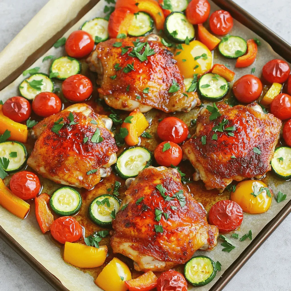 - 4 chicken thighs, bone-in and skin-on - 2 tablespoons harissa paste - 1 tablespoon olive oil - 1 teaspoon honey - 1 teaspoon smoked paprika - Salt and pepper to taste - 1 red bell pepper, sliced - 1 yellow bell pepper, sliced - 1 zucchini, sliced into half-moons - 1 red onion, cut into wedges - 1 cup cherry tomatoes - Fresh parsley, chopped (for garnish) For this dish, we use simple measurements. The chicken thighs should be bone-in and skin-on for extra flavor and moisture. Harissa paste adds a warm kick, while honey balances it with sweetness. Use one tablespoon of olive oil for the veggies. The smoked paprika brings a delightful depth. For veggies, slice the bell peppers and zucchini evenly. Cut the onion into nice wedges. Cherry tomatoes stay whole for juiciness. Always choose fresh ingredients. Look for vibrant bell peppers, firm zucchini, and ripe tomatoes. The chicken should feel cold and firm, with no off smells. For harissa, select a brand with simple, quality ingredients. Fresh parsley adds a bright finish, so look for crisp, green leaves. Quality matters; it enhances the taste and makes every bite special. Start by preheating your oven to 425°F (220°C). This high heat helps the chicken crisp up nicely. Line a rimmed baking sheet with parchment paper. This makes cleanup easy and helps prevent sticking. In a medium bowl, mix together the harissa paste, olive oil, honey, smoked paprika, salt, and pepper. This marinade adds great flavor to the chicken. Make sure it is well combined; you want every bite to taste delicious. Take the chicken thighs and coat them with the marinade. Make sure every part is covered. For best results, let the chicken marinate for at least 15 minutes. If you have time, marinating for up to 2 hours in the fridge gives even more flavor. While the chicken marinates, prepare your veggies. On a separate plate, toss the sliced red and yellow bell peppers, zucchini, red onion, and cherry tomatoes. Drizzle them with olive oil, then sprinkle with salt and pepper. This simple mix brings out their natural sweetness. Now it’s time to arrange everything on the baking sheet. Place the marinated chicken thighs on one side of the sheet. On the other side, lay out the colorful veggies. This setup allows everything to roast evenly while keeping the flavors separate. Bake the pan in your preheated oven for 25-30 minutes. The chicken should reach an internal temperature of 165°F (74°C), and the veggies should be tender and caramelized. For extra crispiness, broil the chicken for 2-3 minutes at the end. After baking, let everything rest for 5 minutes. Finally, garnish with fresh parsley before serving. This makes the dish pop with color! For the best flavor, use fresh ingredients. Mix the harissa paste, olive oil, honey, smoked paprika, salt, and pepper well. Coat the chicken thighs evenly. Let them marinate for at least 15 minutes. If you have time, marinate for up to 2 hours. This makes the chicken juicy and full of flavor. Preheat your oven to 425°F (220°C) for proper cooking. Line your baking sheet with parchment paper to catch drips. Place the chicken and veggies on opposite sides of the sheet. This helps the chicken brown while the veggies soften. Check the chicken's internal temperature. It should be 165°F (74°C). If you want crispy skin, broil for 2-3 minutes at the end. To make your dish pop, use fresh parsley as a garnish. Chop it finely and sprinkle it on top. Serve the chicken and veggies on a large platter. Nestle the chicken among the colorful veggies for a stunning look. Drizzle extra olive oil or a squeeze of lemon for added brightness. This will enhance the flavors and make the dish look appealing. {{image_2}} You can swap chicken for turkey or tofu. Turkey thighs work well with harissa. They cook similarly to chicken and stay juicy. For a plant-based option, use firm tofu. Press it to remove extra water. Cut it into thick cubes. Marinate it the same way as chicken. Bake until golden and crispy. Feel free to mix the veggies. Broccoli, carrots, or asparagus add great colors. You can also try sweet potatoes or cauliflower. Just cut them into similar sizes. Toss them in olive oil, salt, and pepper. This way, they roast evenly with the chicken. If you want less heat, use less harissa paste. You can also add yogurt or sour cream after cooking. This cools down the dish nicely. For more spice, add extra harissa or a pinch of cayenne. Always taste your marinade before using it. Adjust to your liking for the perfect balance. After enjoying your meal, let any leftovers cool down. Place the chicken and veggies in an airtight container. Store them in the fridge for up to three days. Keeping them sealed helps retain flavor and moisture. To reheat, preheat your oven to 350°F (175°C). Spread the chicken and veggies on a baking sheet. Heat for about 15 minutes or until warmed through. You can also use a microwave for quick reheating. Just cover the dish to keep it moist. If you want to save leftovers for later, freezing is a great option. Wrap the chicken and veggies tightly in plastic wrap, then place them in a freezer-safe bag. They can last up to three months in the freezer. When ready to eat, thaw in the fridge overnight before reheating. This way, you keep the flavors intact and enjoy a quick meal later! Yes, you can use chicken breasts. They will cook faster than thighs. Adjust the cooking time to about 20-25 minutes. Make sure they reach 165°F (74°C) for safety. You can use sriracha or red pepper flakes. Mix them with olive oil and a bit of honey. This will give you some heat and flavor. Adjust the amount based on your spice level. This meal takes about 45 minutes from start to finish. You spend 15 minutes prepping and marinating. Then, it bakes for 25-30 minutes. Yes, this recipe is great for meal prep. You can cook extra chicken and veggies. Store them in airtight containers in the fridge for up to four days. This dish pairs well with rice or quinoa. You could also serve it with a fresh salad. A tangy yogurt sauce can add a nice touch too. Enjoy the colors and flavors together! This article provided a clear guide on making a tasty chicken dish. We covered ingredients, measurements, and how to choose quality items. You learned the step-by-step process, from marinating to baking. I shared useful tips for cooking and presentation. We explored variations for proteins and veggies, plus storage and reheating methods. Now, you're ready to create a delicious meal. Enjoy experimenting with flavors and make it your own!