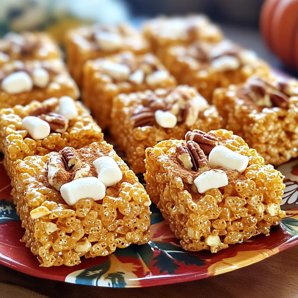 - 6 cups Rice Krispies cereal - 1 bag (10 oz) marshmallows (mini or regular) - 3 tablespoons unsalted butter To make Pumpkin Spice Rice Krispie Treats, start with the essentials. Rice Krispies cereal gives the treats their signature crunch. You need marshmallows to bind everything together and add sweetness. Unsalted butter helps to create a smooth texture and rich flavor. - 1 teaspoon pumpkin pie spice - 1/2 teaspoon vanilla extract - 1/4 cup creamy peanut butter Next, enhance the flavor. Pumpkin pie spice brings warmth and a hint of fall. Vanilla extract adds depth to the sweet mix. Creamy peanut butter gives a delightful creaminess and a nutty taste that pairs well with pumpkin spice. - 1/2 cup white chocolate chips - 1/4 cup chopped pecans or walnuts For extra fun, consider adding some optional ingredients. White chocolate chips lend a sweet touch and a creamy texture. Chopped pecans or walnuts add crunch and a nutty flavor, making these treats even more exciting. You can choose based on your taste or what you have at home. First, grab a 9x13-inch baking dish. Grease it with cooking spray or butter. This step helps the treats come out easily later. Next, take a large saucepan. Put it on medium heat and add 3 tablespoons of unsalted butter. Let the butter melt slowly. Once it melts, add 1 bag of marshmallows. Stir it all the time until the mixture is fully melted and smooth. After melting, it’s time to add flavor. Stir in 1 teaspoon of pumpkin pie spice. This spice gives the treats that warm fall taste. Also, add 1/2 teaspoon of vanilla extract. Mix it well to combine all the flavors. Now, remove the saucepan from heat. Add 6 cups of Rice Krispies cereal to the melted mixture. Stir gently until the cereal gets coated. If you want creaminess, fold in 1/4 cup of creamy peanut butter. You can also mix in white chocolate chips and chopped nuts at this stage. Once everything is combined, transfer the mixture into the greased baking dish. Use a spatula or your damp hands to press the mixture evenly and firmly into the pan. This makes sure the treats hold together well. Let the treats cool for about 30 minutes at room temperature. Once set, take a sharp knife and cut them into squares or rectangles. These treats are now ready to enjoy! To get the best texture for your Pumpkin Spice Rice Krispie Treats, press the mixture firmly into the baking dish. If you don’t press it enough, the treats may fall apart. Use a spatula or your damp hands to make sure it is even. This helps the treats hold together well when you cut them. You can customize the spice levels to your taste. If you love pumpkin pie spice, add a bit more than the recipe calls for. If you want a milder flavor, reduce the amount. You can also mix in a dash of cinnamon or nutmeg for extra warmth. Taste as you go to find your perfect blend. Presentation is key for seasonal gatherings. Serve the treats on a fall-themed platter. You can sprinkle more pumpkin pie spice on top for a nice touch. If you want to get fancy, drizzle some melted white chocolate over the treats. This will add a sweet contrast and look festive! {{image_2}} You can easily add a twist to your Pumpkin Spice Rice Krispie Treats. To make Chocolate Pumpkin Spice Rice Krispie Treats, simply mix in cocoa powder. Use about 1/4 cup of unsweetened cocoa powder when you melt the marshmallows. This gives a rich chocolate flavor. You can also drizzle melted chocolate on top for a fun touch. Just melt some chocolate chips, and drizzle it over the treats before they cool. For those with nut allergies, creating a nut-free version is simple. You can skip the peanut butter entirely and use sunbutter instead. Sunbutter is made from sunflower seeds and tastes great. Just stir it in with the marshmallows for a creamy texture. Make sure to check the labels of all ingredients to ensure they are nut-free. This way, everyone can enjoy these treats safely. To make Vegan Pumpkin Spice Rice Krispie Treats, you need to swap out a few ingredients. Use vegan butter instead of unsalted butter. For the marshmallows, look for vegan options, as many brands offer them now. You can also replace white chocolate chips with dairy-free chocolate chips. Follow the same steps in the recipe, and you’ll have a delicious vegan treat that everyone will love. To keep your Pumpkin Spice Rice Krispie Treats fresh, store them in a tight container. Use wax paper or parchment paper to separate layers. This helps prevent sticking. Make sure the treats are completely cool before you store them. If they are warm, they can become soggy. Room Temperature: Storing at room temp is simple. The treats stay soft and chewy. They usually last for about 3 to 5 days this way. Refrigeration: If you want to store them longer, you can refrigerate. This can make them a bit firmer. They can last about a week in the fridge. However, they may lose some of their soft texture. When stored properly, your treats can last up to 5 days at room temperature. In the fridge, they can stay fresh for about a week. If you want to keep them for longer, consider freezing them. In the freezer, they can last up to 3 months. Just wrap them well in plastic wrap and foil before freezing. You can use sunbutter or soy nut butter for nut-free options. These spreads work well in this recipe. They give a similar creaminess without the nuts. You might also try using a seed butter if you want a different flavor. Just make sure it fits your dietary needs. Yes, flavored marshmallows can change the taste and texture of the treats. They add a fun twist, like cinnamon or caramel. However, be careful. Too much flavor can overpower the pumpkin spice. Stick to mild flavors for balance. To handle sticky mixtures, dampen your hands with water. This helps prevent the treats from sticking. You can also use a greased spatula for pressing the mixture into the pan. If they are still sticky, chill them for a few minutes before cutting. In this blog post, we explored how to make delicious pumpkin spice Rice Krispie treats. We covered essential ingredients, flavor enhancers, and optional add-ins. I included simple, step-by-step instructions and pro tips to help you create the perfect texture. You also learned about fun variations and best storage tips. Get creative with these treats and discover what flavors you like best. Enjoy sharing them at gatherings or keeping them for yourself!