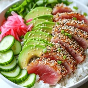 - 2 Ahi Tuna steaks (about 6 oz each) - 1/4 cup sesame seeds (mixed white and black) - 2 tablespoons soy sauce - 1 tablespoon sesame oil - 1 teaspoon ginger paste - 1 avocado, sliced - 1 cup cooked jasmine rice - 1/2 cup cucumber, thinly sliced - 1/4 cup pickled ginger (for garnish) - 1 tablespoon green onions, chopped (for garnish) - Salt and pepper to taste What are the health benefits of Ahi Tuna? Ahi Tuna is rich in protein. It has omega-3 fatty acids, which are good for heart health. This fish also has vitamins and minerals that help boost your immune system. What are the advantages of sesame seeds? Sesame seeds are packed with calcium and iron. They can help lower cholesterol. Plus, they add a nice crunch and flavor to dishes. What is the nutritional value of avocado? Avocado is high in healthy fats. It has fiber that aids digestion. This fruit also contains vitamins that support skin and eye health. To get the best flavor, marinate the Ahi Tuna steaks. Mix 2 tablespoons of soy sauce, 1 tablespoon of sesame oil, and 1 teaspoon of ginger paste in a bowl. Place the tuna in this mix for at least 15 minutes. This time helps the tuna soak in the flavors. You can marinate it longer if you want a stronger taste. For cooking, heat a non-stick skillet over medium-high heat. A hot skillet is key for a nice sear. Lightly oil the skillet before adding the tuna. Sear each side for 1-2 minutes for rare or 3-4 minutes for medium. You want a golden crust from the sesame seeds. This crust seals in the flavors and keeps the tuna moist. Start with a scoop of jasmine rice in each bowl. The rice is your base. Next, place the sliced Ahi Tuna on top. Add sliced avocado and cucumber around the tuna for color. Finish with pickled ginger on top. For garnish, sprinkle chopped green onions. This not only looks good but adds extra flavor. - Sear tuna in a hot, non-stick skillet. - Use a little oil to prevent sticking. - Cook for 1-2 minutes for rare or 3-4 minutes for medium. - Press sesame seeds onto the tuna well for a good coat. - Let the tuna rest for a minute before slicing. - This keeps it juicy and tender. - Store leftovers in an airtight container. - Keep them in the fridge for up to 2 days. - For reheating, use a low microwave setting. - Heat for short bursts to avoid overcooking the tuna. - Use deep bowls for a stunning look. - Place jasmine rice at the bottom. - Lay sliced tuna on top, adding avocado and cucumber around. - Garnish with pickled ginger and green onions. - Bright colors make the dish eye-catching. {{image_2}} You can switch up proteins in these bowls. Try salmon or tofu for a tasty twist. If you need a gluten-free option, replace soy sauce with tamari. For those who avoid sesame, use sunflower seeds or crushed nuts instead. These swaps keep the dish fresh and fun. Different dressings can add new flavors. A spicy mayo made with mayo and sriracha works great. For a tangy kick, try a citrus vinaigrette with lime juice and olive oil. You can drizzle ponzu sauce for extra umami. Each dressing gives the bowl a unique touch. Pair your tuna bowls with various sides for a complete meal. Steamed vegetables like broccoli or snap peas add color and nutrients. A simple seaweed salad brings a nice crunch. You can also serve crispy wonton chips for a fun texture. These sides make every bite exciting. Ahi Tuna, also known as yellowfin tuna, is a popular fish in many cuisines. It has a firm texture and a rich, meaty flavor. The flesh is pink to deep red, making it visually appealing. Ahi Tuna is high in protein and packed with omega-3 fatty acids. This fish is often enjoyed raw, as in sushi, or cooked briefly for a tender bite. To check if your tuna is cooked, look for its color. For rare tuna, the center should be bright red. If you prefer medium, the center will be a light pink. Overcooking makes the fish dry. A quick sear on each side helps maintain its juicy texture. Use a meat thermometer if unsure; the internal temperature should reach 125°F for rare and 135°F for medium. Yes, you can use frozen tuna for this recipe. Frozen tuna is often just as good as fresh if handled properly. Thaw the tuna in the fridge overnight for best results. Avoid quick thawing in hot water as it can affect the texture. Once thawed, follow the same marinating and cooking steps as you would with fresh tuna. - Prep time: 20 minutes - Cook time: 15 minutes - Servings: 2 - Ahi Tuna steaks: These are the star of the dish. They offer a rich, meaty flavor. - Sesame seeds: The mix of white and black seeds adds crunch and nutty taste. - Soy sauce: This brings salty depth to the tuna, enhancing the overall flavor. - Sesame oil: It adds a lovely aroma and rich taste to the marinade. - Ginger paste: This gives a fresh, spicy kick to the dish. - Avocado: It adds creaminess and healthy fats, balancing the flavors. - Jasmine rice: This serves as a soft base, soaking up all the flavors. - Cucumber: It offers a refreshing crunch that complements the tuna well. - Pickled ginger: This brightens the dish and adds a tangy contrast. - Green onions: These add a sharp, fresh note as a garnish. This recipe uses a simple searing technique. You marinate the tuna first to build flavor. Then, coat the tuna in sesame seeds. After this, you sear it quickly in a hot pan. This keeps the inside tender while the outside gets a nice crust. You get a perfect balance of textures and flavors. This blog covered a tasty Ahi Tuna bowl with simple steps. You learned about key ingredients like tuna, sesame seeds, and avocado. I shared marinating tips and cooking advice for perfect flavor. The bowl's look matters, along with keeping your tuna moist. Remember, you can switch ingredients to suit any diet. I hope you feel ready to create your own delicious Ahi Tuna bowl. Enjoy the fun in your kitchen!