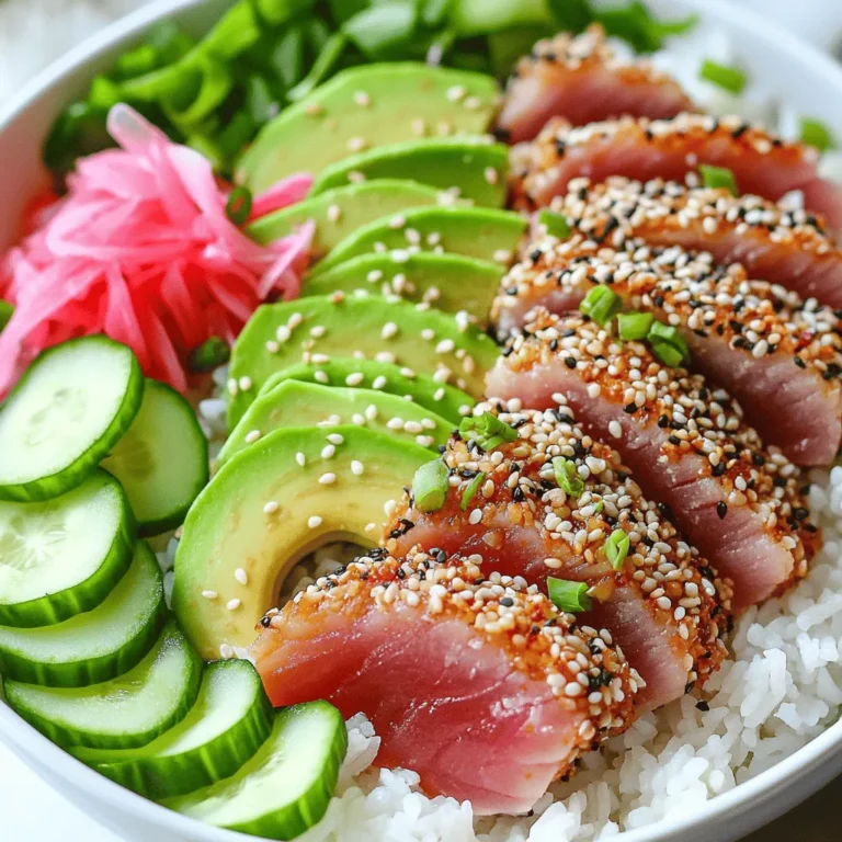 - 2 Ahi Tuna steaks (about 6 oz each) - 1/4 cup sesame seeds (mixed white and black) - 2 tablespoons soy sauce - 1 tablespoon sesame oil - 1 teaspoon ginger paste - 1 avocado, sliced - 1 cup cooked jasmine rice - 1/2 cup cucumber, thinly sliced - 1/4 cup pickled ginger (for garnish) - 1 tablespoon green onions, chopped (for garnish) - Salt and pepper to taste What are the health benefits of Ahi Tuna? Ahi Tuna is rich in protein. It has omega-3 fatty acids, which are good for heart health. This fish also has vitamins and minerals that help boost your immune system. What are the advantages of sesame seeds? Sesame seeds are packed with calcium and iron. They can help lower cholesterol. Plus, they add a nice crunch and flavor to dishes. What is the nutritional value of avocado? Avocado is high in healthy fats. It has fiber that aids digestion. This fruit also contains vitamins that support skin and eye health. To get the best flavor, marinate the Ahi Tuna steaks. Mix 2 tablespoons of soy sauce, 1 tablespoon of sesame oil, and 1 teaspoon of ginger paste in a bowl. Place the tuna in this mix for at least 15 minutes. This time helps the tuna soak in the flavors. You can marinate it longer if you want a stronger taste. For cooking, heat a non-stick skillet over medium-high heat. A hot skillet is key for a nice sear. Lightly oil the skillet before adding the tuna. Sear each side for 1-2 minutes for rare or 3-4 minutes for medium. You want a golden crust from the sesame seeds. This crust seals in the flavors and keeps the tuna moist. Start with a scoop of jasmine rice in each bowl. The rice is your base. Next, place the sliced Ahi Tuna on top. Add sliced avocado and cucumber around the tuna for color. Finish with pickled ginger on top. For garnish, sprinkle chopped green onions. This not only looks good but adds extra flavor. - Sear tuna in a hot, non-stick skillet. - Use a little oil to prevent sticking. - Cook for 1-2 minutes for rare or 3-4 minutes for medium. - Press sesame seeds onto the tuna well for a good coat. - Let the tuna rest for a minute before slicing. - This keeps it juicy and tender. - Store leftovers in an airtight container. - Keep them in the fridge for up to 2 days. - For reheating, use a low microwave setting. - Heat for short bursts to avoid overcooking the tuna. - Use deep bowls for a stunning look. - Place jasmine rice at the bottom. - Lay sliced tuna on top, adding avocado and cucumber around. - Garnish with pickled ginger and green onions. - Bright colors make the dish eye-catching. {{image_2}} You can switch up proteins in these bowls. Try salmon or tofu for a tasty twist. If you need a gluten-free option, replace soy sauce with tamari. For those who avoid sesame, use sunflower seeds or crushed nuts instead. These swaps keep the dish fresh and fun. Different dressings can add new flavors. A spicy mayo made with mayo and sriracha works great. For a tangy kick, try a citrus vinaigrette with lime juice and olive oil. You can drizzle ponzu sauce for extra umami. Each dressing gives the bowl a unique touch. Pair your tuna bowls with various sides for a complete meal. Steamed vegetables like broccoli or snap peas add color and nutrients. A simple seaweed salad brings a nice crunch. You can also serve crispy wonton chips for a fun texture. These sides make every bite exciting. Ahi Tuna, also known as yellowfin tuna, is a popular fish in many cuisines. It has a firm texture and a rich, meaty flavor. The flesh is pink to deep red, making it visually appealing. Ahi Tuna is high in protein and packed with omega-3 fatty acids. This fish is often enjoyed raw, as in sushi, or cooked briefly for a tender bite. To check if your tuna is cooked, look for its color. For rare tuna, the center should be bright red. If you prefer medium, the center will be a light pink. Overcooking makes the fish dry. A quick sear on each side helps maintain its juicy texture. Use a meat thermometer if unsure; the internal temperature should reach 125°F for rare and 135°F for medium. Yes, you can use frozen tuna for this recipe. Frozen tuna is often just as good as fresh if handled properly. Thaw the tuna in the fridge overnight for best results. Avoid quick thawing in hot water as it can affect the texture. Once thawed, follow the same marinating and cooking steps as you would with fresh tuna. - Prep time: 20 minutes - Cook time: 15 minutes - Servings: 2 - Ahi Tuna steaks: These are the star of the dish. They offer a rich, meaty flavor. - Sesame seeds: The mix of white and black seeds adds crunch and nutty taste. - Soy sauce: This brings salty depth to the tuna, enhancing the overall flavor. - Sesame oil: It adds a lovely aroma and rich taste to the marinade. - Ginger paste: This gives a fresh, spicy kick to the dish. - Avocado: It adds creaminess and healthy fats, balancing the flavors. - Jasmine rice: This serves as a soft base, soaking up all the flavors. - Cucumber: It offers a refreshing crunch that complements the tuna well. - Pickled ginger: This brightens the dish and adds a tangy contrast. - Green onions: These add a sharp, fresh note as a garnish. This recipe uses a simple searing technique. You marinate the tuna first to build flavor. Then, coat the tuna in sesame seeds. After this, you sear it quickly in a hot pan. This keeps the inside tender while the outside gets a nice crust. You get a perfect balance of textures and flavors. This blog covered a tasty Ahi Tuna bowl with simple steps. You learned about key ingredients like tuna, sesame seeds, and avocado. I shared marinating tips and cooking advice for perfect flavor. The bowl's look matters, along with keeping your tuna moist. Remember, you can switch ingredients to suit any diet. I hope you feel ready to create your own delicious Ahi Tuna bowl. Enjoy the fun in your kitchen!