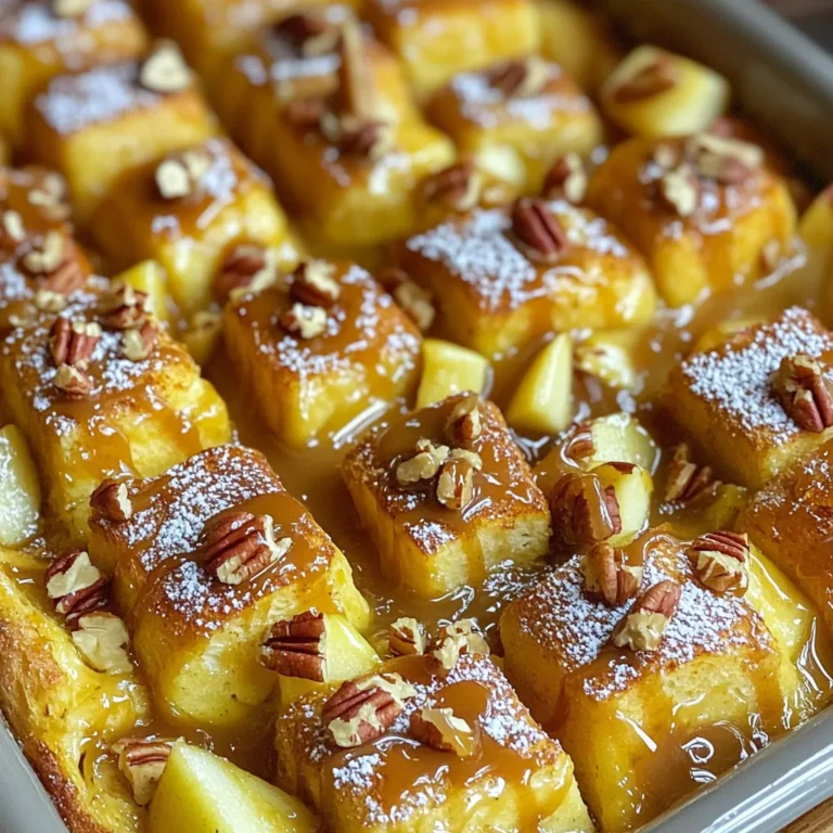 - 1 loaf of brioche bread, cut into cubes - 4 large eggs - 2 cups milk - 1/2 cup brown sugar - 1 tablespoon vanilla extract - 1 teaspoon ground cinnamon - 2 apples, peeled and diced (preferably Granny Smith) - 1/2 cup caramel sauce (store-bought or homemade) - 1/4 cup chopped pecans (optional) - Powdered sugar for dusting (optional) The heart of this recipe is the brioche bread. It adds a soft texture and rich flavor. You want to cut it into cubes to soak well in the egg mixture. Eggs help bind everything together, giving a custardy feel. Milk adds creaminess, while brown sugar brings sweetness. Vanilla extract gives a warm aroma, and ground cinnamon adds spice. Apples give a fresh crunch and extra sweetness. Caramel sauce is the star topping, while chopped pecans add a nice crunch. For a final touch, powdered sugar gives a sweet finish. - For brioche bread, you can use challah or French bread. Both work great. - For a dairy-free option, almond or oat milk can replace regular milk. - Instead of brown sugar, you can use coconut sugar or maple syrup for sweetness. These substitutions keep the dish tasty and fun for everyone. Feel free to mix and match based on what you have at home! 1. Preheat your oven to 350°F (175°C). Grease a 9x13-inch baking dish well. 2. In a large bowl, whisk together: - 4 large eggs - 2 cups milk - 1/2 cup brown sugar - 1 tablespoon vanilla extract - 1 teaspoon ground cinnamon 1. Cut the brioche bread into cubes. Add the cubes to the egg mix. Gently fold to coat each piece. Let it soak for about 10 minutes. 2. Peel and dice the apples. Fold the apples and half of the caramel sauce into the soaked bread. Mix well. 1. Transfer the mixture to the greased baking dish. Spread it out evenly. 2. If you want, sprinkle 1/4 cup chopped pecans on top for crunch. 3. Drizzle the remaining caramel sauce over the mixture. 4. Bake in the preheated oven for 35-40 minutes. Watch for a golden top and set custard. 5. Let it cool for 10 minutes once you take it out. Dust with powdered sugar before serving. - Soaking time for the bread: Soak the brioche bread for about 10 minutes. This helps the bread absorb the egg mixture. If you soak it too long, it may become mushy. A proper soak gives you a soft, custardy center. - Choosing the right apples: Use Granny Smith apples for a tart flavor. Their crunch adds a nice texture. You can also try Honeycrisp for a sweeter twist. Just peel and dice them before mixing in. - Best ways to serve: Serve your bake warm, topped with extra caramel sauce. A dusting of powdered sugar makes it look fancy. For added richness, consider a dollop of whipped cream. - Complementary sides: Pair it with crispy bacon or fresh fruit. A side of yogurt can balance the sweetness, too. - Over-soaking the bread: Don’t let the bread soak too long. If you do, it may turn too soggy. Aim for the right balance for the best texture. - Not using enough caramel: Make sure to use enough caramel sauce. It adds rich flavor and sweetness. Drizzle some on top before baking for a lovely finish. {{image_2}} You can change the taste of your Caramel Apple French Toast Bake by adding spices. Try adding nutmeg or allspice for warmth. These spices give a cozy, fall flavor. You can also mix in chocolate chips for a sweet twist. The chocolate adds richness and pairs well with caramel. For a fall-inspired treat, you can add pumpkin puree to the mix. This gives a creamy texture and a nice pumpkin flavor. You can also sprinkle in some nutmeg for added spice. In summer, swap the apples for berries. Strawberries, blueberries, or peaches work well. These fruits add a fresh and light taste. If you want a vegan version, use plant-based milk and flax eggs. Mix one tablespoon of ground flaxseed with three tablespoons of water for each egg. This will help bind your bake. For a gluten-free option, use gluten-free bread. Make sure all other ingredients are also gluten-free. This way, everyone can enjoy this tasty dish! To keep your Caramel Apple French Toast Bake fresh, store it in the fridge. Place it in an airtight container or cover it tightly with plastic wrap. This will help it last for several days. If you want to reheat it, preheat your oven to 350°F (175°C). Heat it for about 15 minutes. You can also use the microwave for quick reheating. Just make sure to cover it to avoid drying it out. If you want to save some for later, freezing is a great option. First, let the bake cool completely. Then, cut it into portions. Wrap each piece tightly in plastic wrap, and place them in a freezer-safe bag. Squeeze out any air to prevent freezer burn. When you are ready to eat, take it out and let it thaw in the fridge overnight. Reheat it in the oven or microwave as mentioned before. In the fridge, your French toast bake stays fresh for about 3 to 4 days. Always check for signs of spoilage. If you see any mold or if it smells sour, it’s best to throw it away. Keeping it stored properly will help you enjoy this delicious dish for days! Yes, you can make this dish ahead of time. Prepare it the night before. After mixing the ingredients, cover it and place it in the fridge. In the morning, just bake it. This saves time and makes breakfast easy. To make homemade caramel sauce, you need just three ingredients: sugar, butter, and cream. Start by melting sugar on low heat. Stir until it turns golden brown. Then add butter and mix until smooth. Finally, slowly pour in the cream and stir. Let it cool before using it in your bake. Yes, you can use other types of bread. Challah or sourdough both work well. If you use a denser bread, you may need to adjust the baking time. Start checking for doneness a few minutes earlier. For softer bread, like white bread, it may cook faster. - Bake for 30-35 minutes if using soft bread. - Bake for 40-45 minutes with denser bread. This recipe serves about 8 people. If you want to make more, just double the ingredients. For fewer servings, cut the recipe in half. Adjust baking time if you change the size. Always check the bake for a golden top and a firm center. This blog post covers the key steps to make a Caramel Apple French Toast Bake. You learned about the essential ingredients, smart substitutions, and step-by-step instructions. I also shared tips to perfect your dish and ideas for variations. Remember, avoiding common mistakes is vital for the best bake. As you explore this recipe, feel free to experiment and make it your own. Enjoy your cooking journey and the tasty results!