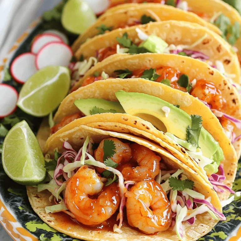 For the best sweet chili shrimp tacos, fresh ingredients matter. Here’s what you need: - 1 lb shrimp, peeled and deveined - 8 small corn tortillas - 1 cup cabbage, finely shredded - 1 avocado, sliced - 1/4 cup fresh cilantro, chopped - Lime wedges, for serving - Optional: sliced radishes for garnish Using fresh shrimp ensures a tender bite. Corn tortillas add a nice flavor and texture. Freshly shredded cabbage brings a satisfying crunch. The creamy avocado complements the sweet chili sauce perfectly. Flavor is key to great tacos. Here are the must-have seasonings and sauces: - 1/2 cup sweet chili sauce - 1 tablespoon soy sauce (low sodium) - 1 tablespoon lime juice - 1 teaspoon garlic powder - 1 teaspoon ginger powder - Salt and pepper, to taste The sweet chili sauce is the star of the dish. It gives the shrimp a sweet and spicy kick. Low sodium soy sauce adds depth without too much salt. Lime juice brightens the flavors, making every bite refreshing. The right tortillas and toppings elevate your tacos. Use these: - Small corn tortillas work best for folding and holding the shrimp. - Shredded cabbage adds a nice crunch. - Sliced avocado brings creaminess and richness. - Fresh cilantro gives a burst of flavor. - Lime wedges are perfect for a zesty squeeze. - Optional sliced radishes add color and crunch. These toppings create a well-rounded taco experience. The combination of textures and flavors makes each bite exciting. Enjoy crafting these delightful sweet chili shrimp tacos! Start by grabbing a medium bowl. Pour in 1/2 cup of sweet chili sauce. Then, add 1 tablespoon of low-sodium soy sauce. Next, squeeze in 1 tablespoon of fresh lime juice. Now, sprinkle in 1 teaspoon of garlic powder and 1 teaspoon of ginger powder. Don't forget to season with salt and pepper to taste. Whisk everything together until it's smooth and mixed well. Toss in 1 pound of peeled and deveined shrimp. Make sure every shrimp is coated in the marinade. Let the shrimp sit for about 15 minutes. This time helps the flavors soak in. Heat a large skillet over medium-high heat. Once hot, add the marinated shrimp. Cook them for about 3 to 4 minutes. Stir occasionally until the shrimp turn pink and are cooked through. Keep an eye on the shrimp; they cook fast! When done, remove the skillet from the heat. Your shrimp should now be juicy and full of flavor. Grab 8 small corn tortillas. Heat them on a dry skillet over medium heat. Flip them until they are warm and slightly charred. Set the tortillas aside on a plate. Now, it’s time to build your tacos! Place a few shrimp on each tortilla. Top them with 1 cup of finely shredded cabbage. Add a few slices of avocado and sprinkle fresh cilantro on top. Serve the tacos with lime wedges on the side. You can also add sliced radishes for a nice garnish. Enjoy your sweet chili shrimp tacos! To boost shrimp flavor, marinate them well. Use sweet chili sauce, soy sauce, and lime juice. Add garlic powder and ginger powder to spice things up. Let the shrimp soak for 15 minutes. This will give you juicy, tasty shrimp. For the best tortillas, heat them on a dry skillet. Use medium heat and flip them often. This will make them warm and slightly charred. Warm tortillas are soft and flexible. They hold the filling well, making every bite great. For a stunning taco display, use a colorful platter. Arrange the tacos neatly, making them look inviting. Add extra cilantro for a fresh touch. Serve lime wedges on the side for a zesty kick. If you like, garnish with sliced radishes for a pop of color. This makes your sweet chili shrimp tacos even more appealing. {{image_2}} You can swap shrimp for other proteins. Chicken or fish works great. Try cooked beef for a heartier option. Grilled tofu is a tasty choice for a twist. Each protein absorbs flavors well and keeps the dish exciting. If you want a veggie version, use grilled veggies. Bell peppers, zucchini, and mushrooms add great flavor. You can also use black beans or lentils. They are filling and rich in protein. Add cheese for extra creaminess and taste. Mixing sauces can change the whole dish. For a spicy kick, add sriracha to sweet chili sauce. A tangy yogurt sauce offers a cool contrast. You can also create a mango salsa for a fresh twist. These options keep every bite interesting and fun. To keep your tacos fresh, store the shrimp and toppings separately. Place the shrimp in an airtight container. Use plastic wrap for any leftover tortillas. This prevents them from getting soggy. The cabbage and avocado should also be stored in separate containers. Keep everything in the fridge for up to two days. When ready to eat, reheat the shrimp in a skillet. This keeps them juicy. Cook on medium heat for about 3-4 minutes until warm. For tortillas, heat them on a dry skillet. This makes them soft and warm again. Avoid the microwave; it can make them chewy. You can make this dish ahead for easy meals. Prepare the shrimp marinade in advance and store it in the fridge. Marinate the shrimp for about 15 minutes before cooking. You can also chop the cabbage and slice the avocado ahead of time. Keep them in airtight containers. This way, you can quickly assemble your tacos any night of the week. For tacos, I recommend using large, fresh shrimp. Look for shrimp that are labeled "wild-caught" for the best taste. Fresh shrimp have a nice firm texture and a sweet flavor. If you can't find fresh shrimp, frozen shrimp work too. Just make sure to thaw them properly before cooking. Yes, you can prepare some parts ahead of time. You can marinate the shrimp a few hours earlier. Just keep them in the fridge until you are ready to cook. You can also chop the cabbage and slice the avocado ahead of time. Store these in airtight containers to keep them fresh. Making your own sweet chili sauce is simple! Combine 1/2 cup sugar, 1/2 cup water, and 1/4 cup rice vinegar in a pot. Add 1 tablespoon of chili flakes and a pinch of salt. Cook over medium heat until the sugar dissolves. Let it simmer for about 10 minutes to thicken. Cool it before using. You can adjust the spice level by adding more or fewer chili flakes. You learned how to make sweet chili shrimp tacos from fresh ingredients to tasty toppings. I shared tips for cooking shrimp and perfecting tortillas. You can also explore different proteins and sauces for variety. Storing leftovers and reheating them properly keeps your meals tasty. Creating these tacos can be fun and rewarding. Enjoy the process and make it your own!