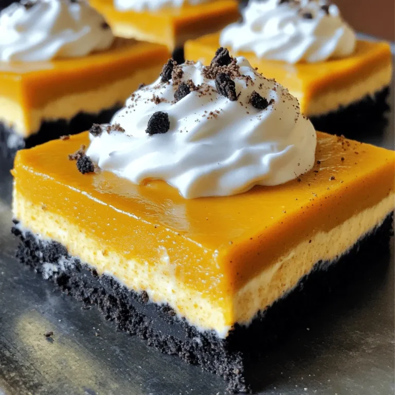 To make Oreo Pumpkin Cheesecake Bars, gather these simple ingredients: - 18 Oreo cookies, crushed - 1/4 cup unsalted butter, melted - 1 cup cream cheese, softened - 1 cup pumpkin puree - 1/2 cup granulated sugar - 1/4 cup brown sugar, packed - 2 large eggs - 1 teaspoon vanilla extract - 1 teaspoon pumpkin pie spice - 1/2 teaspoon cinnamon - Pinch of salt - 1/2 cup whipped cream (for topping) - Extra crushed Oreos for garnish You will need the following tools to make these bars: - Mixing bowls - Baking pan (8x8 inch) - Parchment paper - Spatula - Hand mixer or whisk - Measuring cups and spoons If you want to switch things up, consider these options: - Use gluten-free Oreos for a gluten-free version. - Swap cream cheese for vegan cream cheese for a dairy-free option. - Replace granulated sugar with coconut sugar for a healthier twist. - Use pumpkin spice instead of pumpkin pie spice for a different flavor. With these ingredients and tools, you are ready to make a delicious fall treat! To start, gather your ingredients for the crust. You need 18 crushed Oreo cookies and 1/4 cup of melted butter. Mix the crushed Oreos and butter in a bowl. Stir until it looks like wet sand. Next, press this mix firmly into the bottom of an 8x8 inch baking pan. This forms the base for your bars. Bake the crust at 350°F for 10 minutes. After baking, let it cool slightly. Now, let’s make the filling. In a large bowl, beat together 1 cup of softened cream cheese and 1/2 cup of granulated sugar plus 1/4 cup of brown sugar. Mix until creamy and smooth. Then, add in 1 cup of pumpkin puree. Crack in 2 large eggs and add 1 teaspoon of vanilla extract. Sprinkle in 1 teaspoon of pumpkin pie spice, 1/2 teaspoon of cinnamon, and a pinch of salt. Mix everything together until it is fully combined and smooth. Pour the pumpkin mixture over your cooled Oreo crust. Spread it evenly with a spatula. Now, bake the bars for 25-30 minutes. Look for set edges and a slightly jiggly center. Once baked, let the bars cool at room temperature. After they cool, place them in the fridge for at least 4 hours. This helps them firm up. When ready, lift the bars out using the parchment paper. Slice them into squares. Top each square with whipped cream and crushed Oreos for a fun finish. To get a smooth filling, use softened cream cheese. Cold cream cheese makes lumps. Beat it well with the sugars first. Mixing in the pumpkin puree, eggs, and spices should be done slowly. This helps keep it creamy. Make sure to mix until smooth. Avoid over-mixing once you add eggs. This keeps the texture light and fluffy. One common mistake is not cooling the crust enough. If it’s warm, the filling can melt. Always let the crust cool slightly after baking. Another mistake is not checking the bake time. The edges should set, and the center should jiggle a bit. Overbaking makes the bars dry. Lastly, don’t skip the chilling step. These bars need at least 4 hours in the fridge. You can add your favorite spices to the filling. Try nutmeg or ginger for a twist. If you like a sweeter bar, increase the sugars slightly. You can also mix in chocolate chips or nuts for texture. For a fun topping, use caramel sauce or pecans. Get creative and have fun with your Oreo pumpkin cheesecake bars! {{image_2}} You can switch up the flavors in your Oreo pumpkin cheesecake bars. Try adding a layer of chocolate chips to the filling for a rich, sweet taste. You can also use different cookies for the crust. Try using peanut butter or mint Oreos. These swaps can change the whole vibe of the bars. You can also mix in some crushed nuts for added crunch. Just remember, keep the base creamy and smooth. To make these bars gluten-free, swap regular Oreos for gluten-free Oreos. They taste great and work well in the crust. Ensure your other ingredients are also gluten-free. Use gluten-free granulated sugar and check your pumpkin puree label. This way, everyone can enjoy the bars without worry. If you want a vegan version, replace the cream cheese with a plant-based cream cheese. You can use silken tofu blended until smooth as another option. Use flax eggs instead of chicken eggs. Mix one tablespoon of ground flaxseed with three tablespoons of water for each egg. This will help bind everything together. For the crust, you can still use crushed Oreos or switch to vegan cookies. Enjoy the fall flavors without animal products! To keep your Oreo Pumpkin Cheesecake Bars fresh, store them in an airtight container. Make sure they are completely chilled before sealing. This helps lock in moisture and flavor. Keep them in the fridge for up to five days. If you want to keep them longer, freezing is a great option. To freeze your cheesecake bars, first, let them cool completely. Once cool, cut them into squares. Wrap each square in plastic wrap, then place them in a freezer-safe bag. This keeps them safe from freezer burn. They can stay frozen for up to three months. When you're ready to enjoy them, just thaw in the fridge overnight. These bars are best served cold, but you can warm them slightly if you prefer. To reheat, place the bars on a microwave-safe plate. Heat for about 10-15 seconds. Check them often to avoid overheating. Serve with a fresh dollop of whipped cream for a nice touch. Enjoy your treat! Yes, you can use store-bought pumpkin puree. It saves time and works well. Just make sure it is pure pumpkin, not pie filling. This keeps the flavor and texture right. I often use it when I am short on time. It makes the recipe quick and easy, while still tasting great. Oreo Pumpkin Cheesecake Bars last about five days in the fridge. Store them in an airtight container. You can also freeze them for longer. They will keep well for up to three months in the freezer. Just thaw them in the fridge when you want to eat them again. You can serve these bars with whipped cream on top. It adds a nice, creamy touch. A drizzle of caramel sauce or chocolate can make them even better. You might also try serving them with a scoop of vanilla ice cream. This will give a warm and cold mix that many love. In this post, I covered how to make Oreo Pumpkin Cheesecake Bars. First, I shared the key ingredients and needed tools. Then, I provided detailed steps to create the crust and filling. Tips on texture and common mistakes helped ensure success. I also shared variations for different diets and tastes. Finally, I included storage advice to keep your bars fresh. Remember, you can customize these bars to fit your style. Enjoy making and sharing this festive treat!