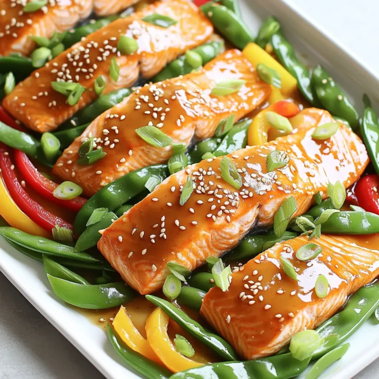 This dish shines with just a few main ingredients. Here’s what you’ll need: - 4 salmon fillets - 2 tablespoons sesame oil - 3 tablespoons soy sauce (low sodium preferred) - 2 tablespoons fresh ginger, grated - 2 tablespoons honey - 1 tablespoon rice vinegar - 2 garlic cloves, minced - 1 bell pepper, sliced (red or yellow) - 1 cup snap peas (or green beans) - 1 tablespoon sesame seeds (toasted) - 2 green onions, sliced (for garnish) - Salt and pepper to taste The salmon is the star of this dish. Fresh, high-quality salmon makes a big difference. Choose fillets that are firm and vibrant in color. Sesame oil adds a rich, nutty flavor. It’s best to use toasted sesame oil for a deeper taste. Low sodium soy sauce balances the saltiness without overwhelming the dish. Fresh ginger brings a bright, zesty flavor. Grate it finely to release its oils. Honey adds a touch of sweetness, while rice vinegar gives a nice tang. Garlic adds depth to the sauce, making it more complex. Don’t forget the veggies! Bell peppers and snap peas add color and crunch. They soak up the flavor from the sauce and complement the salmon well. Quality matters. Fresh ingredients always taste better. They enhance the overall dish and make it more enjoyable. Choose organic or locally sourced ingredients when possible. Feel free to explore optional ingredients. You can add chili flakes for heat or swap in other veggies. This dish is flexible, so get creative! First, let’s get the oven ready. Preheat your oven to 400°F (200°C). This will help cook the salmon evenly. Next, grab a large baking sheet and line it with parchment paper. This makes cleanup a breeze. Now, let’s make the sesame ginger sauce. In a medium bowl, mix together 2 tablespoons of sesame oil, 3 tablespoons of low-sodium soy sauce, 2 tablespoons of grated ginger, 2 tablespoons of honey, 1 tablespoon of rice vinegar, and 2 minced garlic cloves. Whisk until all ingredients blend well. This sauce adds great flavor to the salmon. Next, take the 4 salmon fillets and place them on the prepared baking sheet. Lightly season each fillet with salt and pepper. Now, pour half of the sesame ginger sauce over the salmon. Make sure each piece is well coated. Save the other half for later. Now, let’s add some veggies. Arrange sliced bell pepper and snap peas around the salmon on the baking sheet. Drizzle a bit of the reserved sauce over the veggies and toss them gently to coat. This adds color and crunch to your meal. It’s time to bake! Place the baking sheet in the oven and cook for 12 to 15 minutes. The salmon should be cooked through and flake easily with a fork. The veggies should be tender but still crisp. To check if the salmon is done, use a fork to see if it flakes. If it does, you’re good to go! Once finished, carefully take the sheet pan out of the oven. Sprinkle toasted sesame seeds over the salmon and vegetables for a nice touch. Serve right away, drizzling the remaining sauce on top of the salmon for added flavor. Enjoy your meal! To get the best taste, you need to balance sweet and savory. The honey gives a nice sweetness, while the soy sauce adds saltiness. This mix makes the salmon shine. Marination is key. Let the salmon soak in the sauce for at least 15 minutes. This time helps the flavors soak in deeply. For a richer taste, marinate for up to an hour if you have time. To check if your salmon is done, use a fork. Gently poke the thickest part of the salmon. If it flakes easily, it is ready. Aim for an internal temperature of 145°F (63°C) for perfect doneness. If you like it a bit softer, pull it out at around 135°F (57°C). It will keep cooking a bit after you take it out of the oven. When serving, use a large plate to show off your meal. Place the salmon in the center, then arrange the veggies around it. Drizzle the remaining sauce on top for extra flavor. Sprinkle toasted sesame seeds over everything for a nice crunch. Finally, add sliced green onions for a fresh touch. This makes your dish look bright and tasty. {{image_2}} If you want to switch up the protein, salmon isn’t your only choice. You can use tofu or chicken. Tofu absorbs flavors well and is a great plant-based option. If you choose chicken, use boneless, skinless thighs or breasts. Just keep an eye on cooking times. For veggies, feel free to mix it up. Broccoli, carrots, or even zucchini work great. You can use any veggies you love or have on hand. They all add color and nutrition to your meal. Want to try different flavors? You can swap the sesame ginger sauce for others. Teriyaki works well and adds sweetness. Garlic soy sauce is another tasty option. It gives a deeper flavor and pairs nicely with the salmon. You can adjust the spice too. If you like heat, add some chili flakes or sliced peppers. This will spice up the dish and give it a kick. Play around with these options and find your favorite mix! To store cooked salmon, first, let it cool to room temperature. This step prevents moisture buildup. Once cooled, wrap the salmon tightly in plastic wrap. You can also place it in an airtight container. This helps keep the flavors fresh. For vegetables like bell peppers and snap peas, store them separately. They can be kept in the same airtight container, but they might get soggy if mixed. To keep things organized, label your containers with the date. This way, you easily track how long they’ve been stored. When reheating salmon, aim to keep it moist. The best method is to use the oven. Preheat it to 275°F (135°C). Place the salmon on a baking sheet and cover it with foil. This helps retain moisture. Heat for about 15 minutes. If you’re in a hurry, you can use the microwave. Place the salmon on a microwave-safe plate. Cover it with a damp paper towel. Heat in short bursts of 30 seconds. Check frequently to avoid drying it out. For both methods, ensure the salmon reaches an internal temperature of 145°F (63°C) before eating. This keeps it safe and delicious. Yes, you can prepare the recipe in advance. For best results, you can marinate the salmon and chop the vegetables the night before. Store the marinated salmon in the fridge. Keep the vegetables in a separate container. This way, you can save time on cooking day. When you're ready to cook, simply arrange everything on the sheet pan and bake. This method keeps the flavors fresh and makes cooking easier. For side dishes, I recommend serving steamed rice or quinoa. Both pair well with the salmon's flavors. You could also serve a fresh salad with a light vinaigrette. Roasted or grilled veggies, like asparagus or broccoli, complement the meal nicely. Another great option is a simple stir-fry. This adds more veggies and keeps the meal colorful. Absolutely! Grilling adds a nice smoky flavor. To grill, preheat your grill to medium heat. Prepare the salmon and sauce as usual. Place the salmon on a lightly oiled grill. Cook for about 5-7 minutes per side. Use the remaining sauce to baste the salmon while it cooks. This will keep it moist and flavorful. Just make sure the salmon flakes easily when done. This blog post covered how to prepare a delicious sheet-pan sesame ginger salmon dish. We discussed important ingredients, from high-quality salmon to fresh vegetables and seasonings. I shared step-by-step instructions for prepping, baking, and ensuring perfect doneness. You learned tips for flavor balance and presentation. Remember, the right ingredients and care in cooking create a delightful meal. Feel free to experiment with variations and enjoy your dish more every time you make it. Happy cooking!