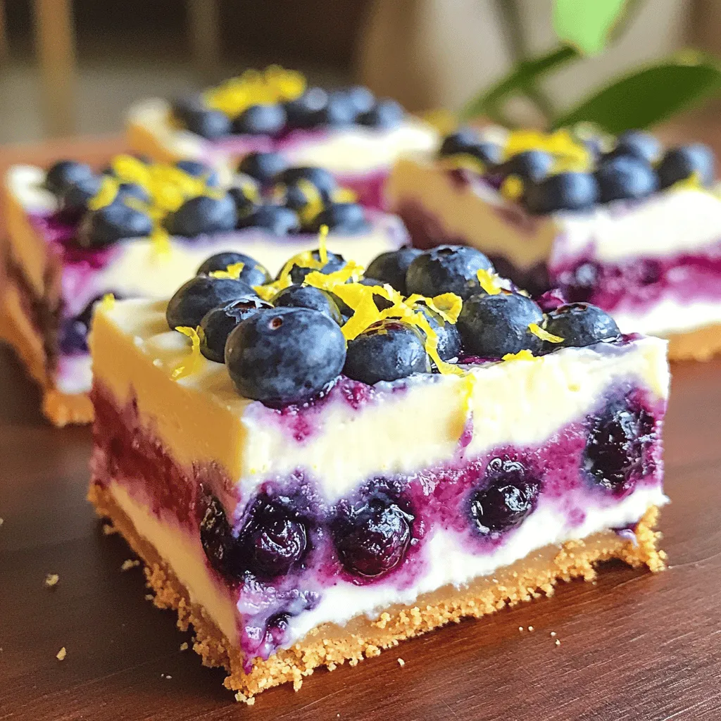 - 1 ½ cups graham cracker crumbs - ½ cup unsalted butter, melted - 2 tablespoons sugar - 16 oz cream cheese, softened - 1 cup granulated sugar - 2 large eggs - 2 tablespoons lemon juice - Zest of 1 lemon - 1 teaspoon vanilla extract - 1 ½ cups fresh blueberries - 1 tablespoon cornstarch If you need to convert measurements, here are some quick tips: - 1 cup = 8 fluid ounces - 1 tablespoon = 3 teaspoons - ½ cup = 4 fluid ounces Using these conversions can help you adjust your recipe easily. Fresh blueberries are great for this recipe. They have a bright taste and juicy texture. They add a burst of flavor to each bite. Use fresh ones if you can find them. Frozen blueberries can work, too. They might be softer after cooking, but they still taste good. If you choose frozen, thaw them first and drain any extra juice. This prevents your cheesecake bars from becoming too watery. Both fresh and frozen blueberries have their benefits. Choose based on what you have available! To start, preheat your oven to 350°F (175°C). Line a 9x9 inch baking pan with parchment paper. Leave some paper hanging over the edges. This helps you lift out the bars later. In a medium bowl, combine 1 ½ cups of graham cracker crumbs, ½ cup of melted unsalted butter, and 2 tablespoons of sugar. Mix well until it looks like wet sand. Press the mixture evenly into the bottom of your pan. Bake this crust for 8 minutes. After baking, take it out and let it cool slightly. Now, grab a large bowl and add 16 oz of softened cream cheese. Use a mixer to beat it until smooth and creamy. Next, add in 1 cup of granulated sugar and mix until combined. Add 2 large eggs, one at a time. Make sure to mix well after each addition. Then, stir in 2 tablespoons of lemon juice, the zest of 1 lemon, and 1 teaspoon of vanilla extract. Mix until everything is smooth. In a separate bowl, toss 1 ½ cups of fresh blueberries with 1 tablespoon of cornstarch. This keeps the blueberries from sinking in the filling. Gently fold the blueberries into the cheesecake mixture. Pour the cheesecake filling over the cooled crust. Smooth it out evenly. Bake in the oven for 30 to 35 minutes. You want the edges to be set, while the center is still a bit jiggly. Once done, remove it from the oven. Let it cool to room temperature. Then, refrigerate it for at least 4 hours, or overnight if you can wait. The longer it chills, the better it tastes! When ready, lift the cheesecake bars from the pan using the parchment paper. Cut into squares and serve chilled. Enjoy the sweet and tart flavors! To get a smooth and creamy cheesecake, use room temperature cream cheese. Cold cream cheese can make lumps. Beat the cream cheese until it is fluffy and free of bumps. Mix the sugar well, so it blends into the cream cheese. This step is key for a nice texture. Cracks can happen due to temperature changes. Bake the cheesecake in a water bath to keep it moist. If you don’t have one, avoid opening the oven door. Let the cheesecake cool slowly. Once baked, turn off the oven and crack the door open. This helps it cool without sudden shifts. You need a few key tools for these cheesecake bars: - A 9x9 inch baking pan - Mixing bowls - A hand mixer or stand mixer - Parchment paper for easy removal - A spatula for spreading the filling Using the right tools makes the process easy and fun! {{image_2}} You can easily change the flavor of your cheesecake bars. Instead of blueberries, try using raspberries or strawberries. Both fruits offer a unique taste. Simply replace the blueberries with the fruit of your choice. Toss them in cornstarch as you did with the blueberries. If you want a berry mix, go for it! You can create a rainbow of flavors in one dessert. If you need gluten-free options, swap the graham cracker crumbs. Use crushed gluten-free cookies instead. You can also try almond flour or coconut flour for the crust. Just mix it with melted butter and sugar, like in the original recipe. Check the labels to ensure they are gluten-free. This way, everyone can enjoy the bars. For a vegan version, replace cream cheese with dairy-free cream cheese. Many brands offer tasty options made from nuts or soy. Use cashew cream for a rich texture. You can make this by blending soaked cashews with lemon juice and a little sweetener. Follow the same mixing steps as you would with cream cheese. This keeps your dessert creamy and delicious, while being plant-based. To keep your blueberry lemon cheesecake bars fresh, store them in the fridge. Place the bars in an airtight container. This helps keep them moist and tasty. They can last for up to five days in the fridge. Make sure to cover the top with plastic wrap if you don't have a lid. If you want to save some for later, freezing is a great option. First, let the cheesecake bars cool completely. Then, cut them into squares. Wrap each square in plastic wrap. Place the wrapped bars in a freezer-safe bag or container. They can stay frozen for up to three months. When ready to enjoy, thaw them in the fridge overnight. You may want to warm the bars slightly for a softer bite. To do this, preheat your oven to 300°F (150°C). Place the bars on a baking sheet. Heat them for about 10 minutes. This works well if they were frozen. You can also enjoy them cold, straight from the fridge! Blueberry lemon cheesecake bars last about 4 to 5 days in the fridge. Keep them in an airtight container. This helps retain their fresh taste. If you want to enjoy them longer, freezing is a great option. Yes, you can use other fruits! Strawberries, raspberries, or cherries work well. Just remember to adjust the sugar if your fruit is sweeter or tarter. Always coat the fruit with cornstarch to prevent sinking. To cut cheesecake bars nicely, use a sharp knife. Dip the knife in hot water for clean cuts. Wipe the knife after each cut. This keeps the edges smooth. For even pieces, use a ruler or mark lines on the top before cutting. We covered all the key steps to make delicious blueberry lemon cheesecake bars. You learned about essential ingredients, detailed instructions, and handy tips for the perfect texture. We also explored fun variations, storing methods, and answered common questions. These bars are a treat for any occasion. Keep experimenting with flavors and enjoy your creations!
