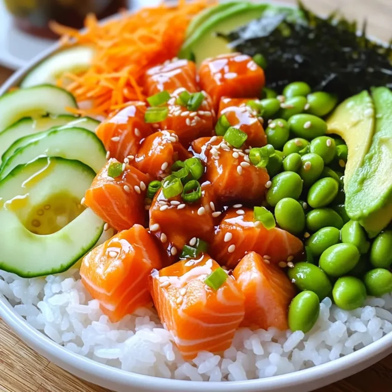 - 1 cup sushi rice - 1 ¼ cups water - 8 ounces fresh salmon fillet, skin removed - 1 tablespoon soy sauce - 1 teaspoon sesame oil - 1 avocado, sliced - 1 small cucumber, julienned - 1 cup edamame (shelled) - 1 carrot, grated - 2 green onions, chopped - 1 tablespoon sesame seeds - Pickled ginger - Seaweed sheets, cut into strips - Wasabi To cook the sushi rice, rinse it under cold water. Keep rinsing until the water runs clear. This step removes excess starch. In a medium saucepan, combine the rinsed rice and water. Bring this mixture to a boil over medium-high heat. Once boiling, reduce the heat to low and cover with a lid. Cook for 15-18 minutes or until all the water is absorbed. After cooking, remove it from the heat and let it sit, still covered, for 10 minutes. This resting time makes the rice fluffy. While the rice cooks, cut the salmon fillet into bite-sized cubes. In a small bowl, mix the soy sauce and sesame oil. Pour this marinade over the salmon cubes. Let it marinate for about 10-15 minutes. This step adds a deep flavor to the salmon. For the vegetables, slice the avocado thinly. Julienne the cucumber into thin strips. Grate the carrot finely. If your edamame is not shelled, do that now. These fresh veggies add crunch and color to the bowl. Once the rice is cooked, fluff it with a fork. Divide the rice evenly among your serving bowls. Next, arrange the marinated salmon, avocado slices, cucumber, edamame, and grated carrot on top of the rice. Make it look colorful and inviting. To finish, sprinkle chopped green onions and sesame seeds over the bowls. Add pickled ginger and strips of seaweed on the side for extra flavor. If you like spice, offer a small dollop of wasabi with each bowl. Your TikTok salmon rice bowl is now ready to enjoy! Each bite brings a burst of flavor and freshness. To make perfect sushi rice, rinse it well. Start by washing it in cold water. Swirl the rice in a bowl until the water is cloudy. Drain the water and repeat this until it runs clear. This step is key to removing excess starch. After rinsing, combine the rice with water in a saucepan. Use a 1:1.25 rice-to-water ratio for the best results. Bring it to a boil, then reduce the heat. Cover and let it cook for 15-18 minutes. After cooking, let it sit covered for 10 more minutes. This resting time helps the rice finish cooking. If you can't find fresh salmon, don't worry! You can use frozen salmon. Just ensure it is fully thawed before cooking. Alternatively, canned salmon works well too. It adds a different texture but still tastes great. If you're looking for a plant-based option, try marinating tofu instead. It absorbs flavors well and gives a nice texture. To elevate your TikTok Salmon Rice Bowls, think about adding extra flavors. Soy sauce and sesame oil are essentials, but you can add more. Try mixing in some sriracha for a spicy kick. A sprinkle of furikake can also add a tasty crunch. For a fresh twist, include lime juice or a bit of rice vinegar. These simple additions can really enhance your dish. Don't forget to add pickled ginger and wasabi for a burst of flavor! You can make this dish vegan by swapping out the salmon for marinated tofu. Cut firm tofu into cubes and press it to remove extra water. Marinate it in soy sauce and sesame oil for the same flavor. You can also add extra toppings, like roasted chickpeas or grilled mushrooms. These will give great texture and taste. If you prefer meat, chicken works well in this bowl. Use grilled or pan-seared chicken breast, cut into strips. Shrimp is another great option. Just sauté it until pink and opaque. Tofu is a fantastic choice, too. It absorbs flavors well and adds protein without meat. Want to change up the flavor? Try a different marinade. A mix of teriyaki sauce and lime juice adds a sweet kick. You can also use a spicy mayo made from mayo and sriracha for a creamy heat. A splash of lemon juice brightens the dish, too. Experiment and find what you love! {{image_2}} You can store the assembled bowls in the fridge for up to two days. Keep them in an airtight container. If you want the best taste, eat them fresh. When reheating, use the microwave. Heat the rice for 30 seconds to 1 minute. For the salmon, heat in short bursts of 15 seconds. Check to avoid overcooking. You can freeze the salmon and rice separately. Wrap them tightly in plastic wrap. Use freezer bags for easy storage. Thaw in the fridge overnight before use. Vegetables do not freeze well, so add them fresh when serving. It takes about 45 minutes to make these bowls. You need about 20 minutes to prep. Cooking the rice takes 15-18 minutes. Marinating the salmon takes about 10-15 minutes. Yes, you can use frozen salmon. Just make sure to thaw it first. Thaw the salmon in the fridge overnight for best results. If you hurry, you can place it in cold water for about an hour. If you can't find sushi rice, you can use jasmine rice or short-grain rice. These types will stick together better than long-grain rice. This helps when you eat the bowl with chopsticks. Fresh ingredients enhance the taste. Fresh salmon will give a better flavor than frozen. However, frozen veggies can work well. They are often frozen at peak freshness, so they still taste good. You can prepare many parts ahead. Cook the rice a day before and store it in the fridge. Marinate the salmon a few hours before serving. Slice the veggies just before serving for the best crunch. In this post, we explored how to make tasty TikTok Salmon Rice Bowls. We covered the main ingredients like sushi rice, fresh salmon, and veggies. I shared step-by-step instructions from cooking rice to garnishing the bowls. You can also explore variations, tips for best flavors, and storage info. Enjoy making this dish with fresh ingredients and your choice of protein. It’s simple, fun, and delicious!