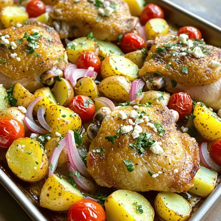 - 4 boneless, skinless chicken thighs - 4 medium Yukon Gold potatoes, cubed - 1 red onion, cut into wedges - 1 cup cherry tomatoes, halved - 1/4 cup olive oil - 2 tablespoons lemon juice - 3 cloves garlic, minced - 2 teaspoons dried oregano - 1 teaspoon paprika - Salt and pepper to taste - Fresh parsley, chopped, for garnish - Feta cheese, crumbled, for garnish (optional) The main ingredients in this dish are simple yet full of flavor. I love using chicken thighs since they stay juicy while cooking. Yukon Gold potatoes add a creamy texture. Red onion brings sweetness, and cherry tomatoes add a burst of freshness. The marinade is what makes this meal special. Olive oil keeps everything moist. The acid from lemon juice brightens the dish. Garlic adds depth, while oregano and paprika give it that Greek flair. Don't forget salt and pepper to enhance all the flavors! For a finishing touch, consider garnishing with fresh parsley and feta cheese. This adds color and a salty kick. These ingredients create a delightful mix that you and your family will enjoy. - Preheat oven to 400°F (200°C). - In a large bowl, mix olive oil, lemon juice, minced garlic, oregano, paprika, salt, and pepper. Whisk well until combined. - Add chicken thighs to the bowl. Coat them well with the marinade. Let the chicken sit for at least 15 minutes. For deeper flavor, marinate for up to 2 hours in the fridge. - On a large sheet pan, arrange cubed Yukon Gold potatoes and red onion wedges. Drizzle some olive oil over them. Season with salt, pepper, and half of the dried oregano. Toss everything to coat evenly. - Remove the marinated chicken from the bowl and place it on the sheet pan with the veggies. Pour any leftover marinade over the chicken for extra flavor. - Scatter the halved cherry tomatoes around the chicken and potatoes on the sheet pan. - Bake in the preheated oven for 35-40 minutes. Make sure the chicken is fully cooked and the potatoes are tender and golden. You can broil for the last 2-3 minutes for extra crispiness if you like. - Once done, take it out of the oven and let it rest for a few minutes. Garnish with chopped parsley and crumbled feta cheese if you want. - How long to marinate for maximum flavor For the best flavor, marinate the chicken for at least 15 minutes. This allows the marinade to soak in. For an even bolder taste, go for 2 hours in the fridge. - Alternative marinade ideas Feel free to mix things up! Try using yogurt instead of olive oil for a creamier texture. You can also add lemon zest for extra brightness. - Ensuring chicken is fully cooked To check if the chicken is done, use a meat thermometer. It should read 165°F (75°C) in the thickest part. If you don't have a thermometer, cut into the chicken. Ensure it’s no longer pink inside. - Achieving crispy potatoes For crispier potatoes, spread them out on the sheet pan. Make sure they are not crowded. A little extra olive oil helps too. Broil in the last few minutes for a golden finish. - Garnishing with parsley and feta Once your dish is cooked, sprinkle fresh parsley on top. Crumbled feta adds a nice touch and a salty bite. Both make the dish look inviting. - Serving suggestions Serve this meal with a simple side salad or warm pita bread. This adds freshness and balances the rich flavors. Enjoy your meal family-style right from the sheet pan for fun! {{image_2}} You can swap out chicken thighs for other meats. Chicken breasts work well, too. For a leaner option, try turkey thighs. If you're feeling adventurous, use firm fish like salmon or cod. These will cook faster, so adjust your baking time. When it comes to veggies, the sky's the limit. You can add bell peppers, zucchini, or even asparagus. Just remember to cut them into similar sizes for even cooking. Broccoli or cauliflower also make great choices. They’ll soak up all the tasty flavors. Want to kick up the taste? Adding more spices can transform this dish. Try cumin for a warm note or sumac for a tangy twist. Fresh herbs like thyme or rosemary can boost the aroma too. Just chop them finely and sprinkle on top before serving. Experimenting with oils can also change the flavor profile. Use avocado oil for a rich taste or sesame oil for a nutty finish. For acidity, swap lemon juice for balsamic vinegar or red wine vinegar. These options can add a new dimension to your dish. You can make this meal ahead of time. Simply marinate the chicken and chop the veggies the night before. Store them in the fridge until you're ready to cook. This cuts down on prep time during busy weeknights. If you want to freeze it, prepare the chicken and veggies in a freezer-safe bag. Just remember to label it with the date. When it's time to eat, thaw in the fridge overnight. Then bake as usual. Leftovers can be magic. Transform them into a tasty salad by mixing with greens and a light dressing. You can also wrap them in tortillas for a quick lunch. These simple swaps keep the meal exciting! To keep your leftovers fresh, store them in airtight containers. This helps lock in flavor. Place the chicken and potatoes in one container and the veggies in another. Refrigerate them within two hours after cooking. For best taste, consume leftovers within three days. If you want to freeze the meal, it is easy! Place the cooled chicken and potatoes in freezer-safe bags. Remove as much air as possible. They can stay fresh for up to three months in the freezer. Just remember to label the bags with the date. When it's time to enjoy your leftovers, the best way to reheat them is in the oven. Preheat your oven to 350°F (175°C). Place the chicken and potatoes in an oven-safe dish, cover with foil, and heat for about 20-25 minutes. This method keeps the texture nice. If you're short on time, you can use the microwave. Heat in 30-second intervals, checking often. However, this may make the potatoes a bit soft. To keep the flavor strong, add a splash of olive oil before reheating. Leftover chicken and potatoes can last up to three days in the fridge. If stored well, frozen leftovers can last for three months. Look out for signs of spoilage. If you see any strange smells, colors, or spots, it's best to throw them away. Always trust your senses! Keeping an eye on these signs helps ensure your meal stays safe and tasty. Can I use boneless chicken breast instead? Yes, you can use boneless chicken breast. It will cook faster, so check it sooner. Chicken thighs add more flavor and stay juicy, which is why I prefer them. How do I know when the chicken is done? Check the chicken's internal temperature. It should reach 165°F (75°C). Cut into the thickest part. The meat should be white and juices should run clear. Is this recipe gluten-free? Yes, this recipe is gluten-free. None of the ingredients contain gluten. Always check for cross-contamination if you have a severe allergy. Can this dish be made dairy-free? Yes, you can skip the feta cheese. The dish will still taste great without it. You can also use a dairy-free cheese if you want. What to serve with Sheet Pan Greek Chicken & Potatoes? Serve it with a fresh salad or pita bread. Tzatziki sauce pairs well too. You could also add a side of steamed vegetables for more color. Can I make it ahead of time? Yes, you can prep this dish ahead. Marinate the chicken and chop the veggies. Store them in the fridge. Just bake it when you're ready to eat! This blog post covered a tasty and easy recipe for Sheet Pan Greek Chicken & Potatoes. I shared key ingredients, marinade tips, and steps to bake a perfect dish. I also discussed variations and storage tips to help you enjoy leftovers. Remember, cooking can be fun and simple. You can make this dish customize it to fit your tastes. Try it out and share your thoughts! Enjoy your meal!